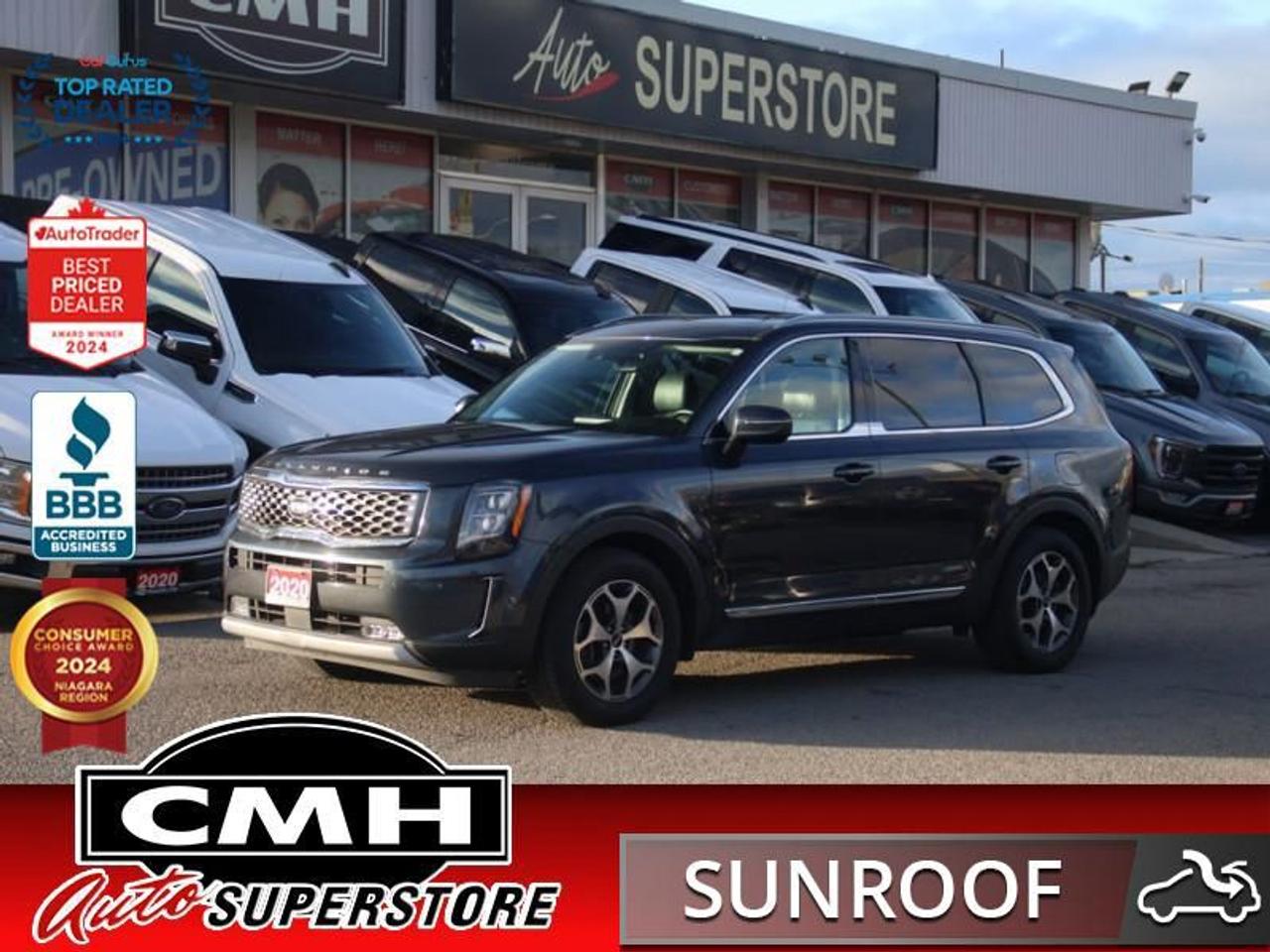 <b>V6 AWD !! NAVIGATION, REAR CAMERA, PARKING SENSORS, BLIND SPOT, LANE KEEPING, ADAPTIVE CRUISE CONTROL, APPLE CARPLAY, ANDROID AUTO, SUNROOF, LEATHER, POWER DRIVER SEAT, HEATED SEATS, HEATED STEERING WHEEL, 8 PASSENGER, REMOTE START, 18-INCH ALLOY WHEELS</b><br>  <br>CMH certifies that all vehicles meet DOUBLE the Ministry standards for Brakes and Tires<br><br> <br>    This  2020 Kia Telluride is for sale today. <br> <br>The 3 row SUV segment is the fastest growing in North America, and Kia has been missing out. One look at this Kia Telluride and it becomes obvious Kia was just making sure they would win the segment. With stunning feature lists across the trim levels, a price tag that you can actually afford, and capability on par with the competition, this Kia Telluride is bound to be an instant classic. For an easy award winner that can take your family further, check out this all new 2020 Kia Telluride.This  SUV has 118,005 kms. Its  gray in colour  and is major accident free based on the <a href=https://vhr.carfax.ca/?id=kZOadYY1eMBw17IJKb7hcOks0GqRyO+O target=_blank>CARFAX Report</a> . It has an automatic transmission and is powered by a  291HP 3.8L V6 Cylinder Engine. <br> <br> Our Tellurides trim level is EX. This Telluride EX comes with a power sunroof, beautiful wood grain trim, satin chrome interior finishes, synthetic leather seats which are heated, a heated leather steering wheel, wireless charging and a power liftgate. Technology is top notch on this trim with lane keep assist, forward collision and blind spot mitigation, adaptive cruise with stop-and-go, driver attention warnings, obstacle detecting windows, safe exit assist and rear parking assist to keep you safe. It also comes with navigation on a 10.25 inch touchscreen, Apple CarPlay, Android Auto, UVO telematics, SiriusXM satellite radio, Bluetooth streaming audio and USB connectivity to keep you connected at all times. This SUV has the exterior style to match, with LED lighting and high beam assist, power folding heated side mirrors with built in turn signals, stylish aluminum wheels and chrome exterior accents. <br> <br>To apply right now for financing use this link : <a href=https://www.cmhniagara.com/financing/ target=_blank>https://www.cmhniagara.com/financing/</a><br><br> <br/><br>Trade-ins are welcome! Financing available OAC ! Price INCLUDES a valid safety certificate! Price INCLUDES a 60-day limited warranty on all vehicles except classic or vintage cars. CMH is a Full Disclosure dealer with no hidden fees. We are a family-owned and operated business for over 30 years! o~o