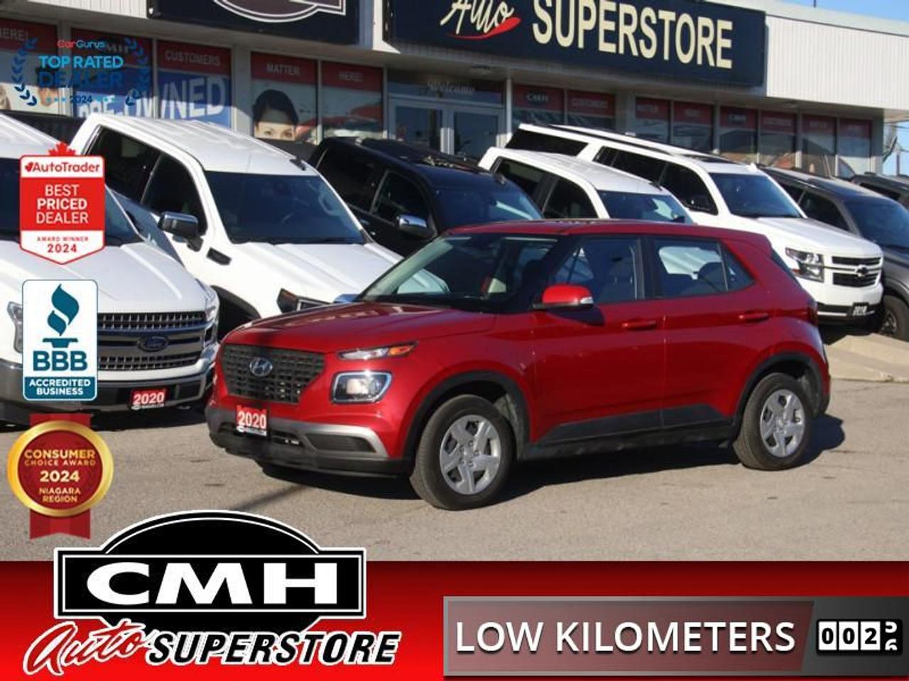 <b>ONLY 13,000 KMS !! NO ACCIDENTS !! REAR CAMERA, APPLE CARPLAY, ANDROID AUTO, BLUETOOTH, USB PORTS, TOUCH DISPLAY SCREEN, STEERING WHEEL CONTROLS, CRUISE CONTROL, POWER GROUP, AIR CONDITIONING, 15-IN STEEL WHEELS W/ PLASTIC COVERS<br> <br></b><br>  <br>CMH certifies that all vehicles meet DOUBLE the Ministry standards for Brakes and Tires<br><br> <br>    This  2020 Hyundai Venue is for sale today. <br> <br>This 2020 Hyundai Venue is a smaller CUV that is big on modern style. With short overhangs making it easier to parallel park, a peppy yet fuel efficient engine and plenty of space for groceries, the Hyundai Venue makes for the best practical city sport-ute you can buy. This low mileage  SUV has just 12,863 kms. Its  red in colour  and is major accident free based on the <a href=https://vhr.carfax.ca/?id=Tq8y660QiyAhkUf/7lGmMjCb8tS6QHu3 target=_blank>CARFAX Report</a> . It has an automatic transmission and is powered by a  121HP 1.6L 4 Cylinder Engine. <br> <br> Our Venues trim level is Essential. This Venue is the first of its kind offering amazing features like heated seats, heated power side mirrors with turn signals and remote keyless entry for convenience and comfort while an 8 inch touchscreen offers infotainment with Android Auto, Apple CarPlay, USB and MP3 inputs, and Bluetooth streaming audio keeps you entertained.<br> <br>To apply right now for financing use this link : <a href=https://www.cmhniagara.com/financing/ target=_blank>https://www.cmhniagara.com/financing/</a><br><br> <br/><br>Trade-ins are welcome! Financing available OAC ! Price INCLUDES a valid safety certificate! Price INCLUDES a 60-day limited warranty on all vehicles except classic or vintage cars. CMH is a Full Disclosure dealer with no hidden fees. We are a family-owned and operated business for over 30 years! o~o