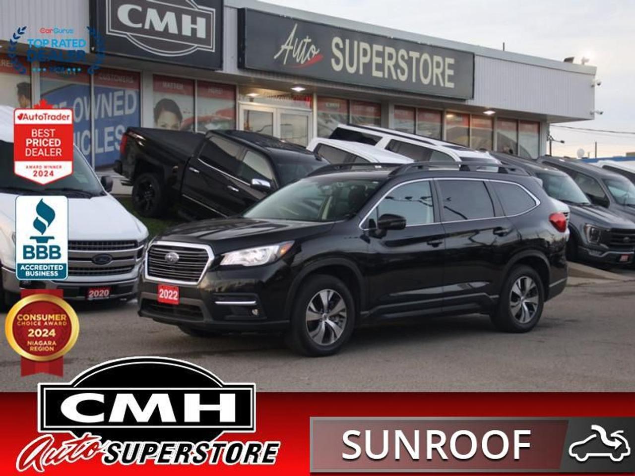 <b>GREAT MILEAGE !! REAR CAMERA, PARKING SENSORS, BLIND SPOT, ADAPTIVE CRUISE CONTROL, APPLE CARPLAY, ANDROID AUTO, POWER SUNROOF, POWER DRIVER SEAT, HEATED SEATS, HEATED STEERING WHEEL, MIDDLE CAPTAIN CHAIRS, 7 PASSENGER, POWER LIFTGATE, 18-IN ALLOYS</b><br>  <br>CMH certifies that all vehicles meet DOUBLE the Ministry standards for Brakes and Tires<br><br> <br>    This  2022 Subaru Ascent is for sale today. <br> <br>The 2022 Subaru Ascent is an exciting mid-size SUV that exhibits the safety, performance, reliability, and unbeatable value that Subaru is renowned for. The exterior styling shares familiar design cues with other vehicles in the Subaru fleet, but makes a bold and rugged statement through its sheer size and muscular stature. The interior treats passengers with a host of desirable features, from the spacious cabin and ergonomically designed seats to the carefully designed storage compartments. Cutting-edge technology is in abundance, with top-tier infotainment and connectivity systems, and a host of safety features for reassurance on the roads at all times. Equipped with Subarus proven symmetrical all-wheel drive system, the 2022 Subaru Ascent is engineered to deliver class-leading agility, strength and security without reproach.This  SUV has 43,692 kms. Its  black in colour  and is major accident free based on the <a href=https://vhr.carfax.ca/?id=g9p0pWfgHmWS6GG99zJwcaoTJhh2aqlE target=_blank>CARFAX Report</a> . It has an automatic transmission and is powered by a  260HP 2.4L 4 Cylinder Engine. <br> <br>To apply right now for financing use this link : <a href=https://www.cmhniagara.com/financing/ target=_blank>https://www.cmhniagara.com/financing/</a><br><br> <br/><br>Trade-ins are welcome! Financing available OAC ! Price INCLUDES a valid safety certificate! Price INCLUDES a 60-day limited warranty on all vehicles except classic or vintage cars. CMH is a Full Disclosure dealer with no hidden fees. We are a family-owned and operated business for over 30 years! o~o