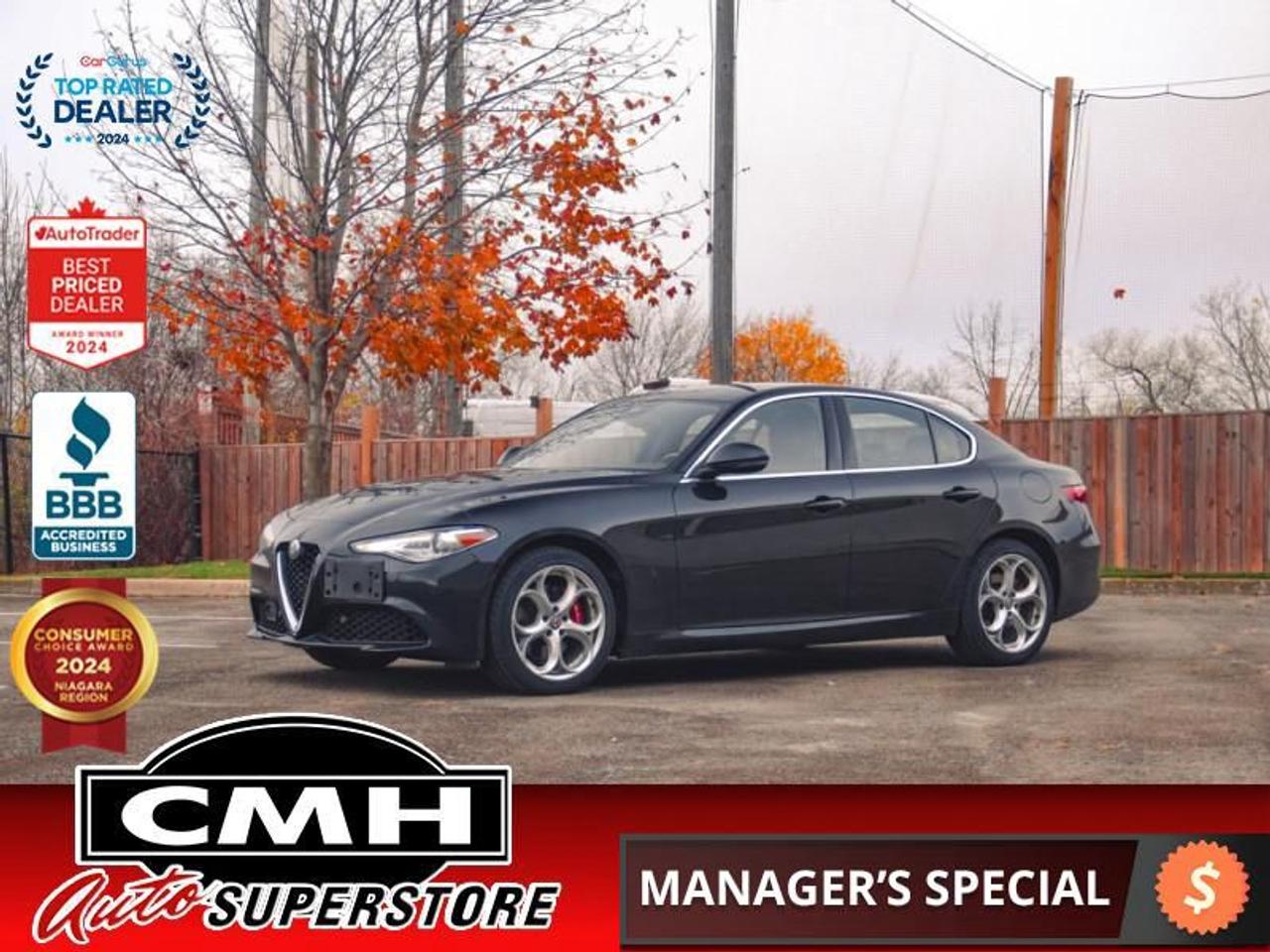 <b>LOADED AWD !! NAVIGATION, REAR CAMERA, PARK SENSORS, BLIND SPOT, LANE KEEPING, ADAPTIVE CRUISE, AUTO HIGH BEAM, RAIN SENSING WIPERS, PANO SUNROOF, RED LEATHER, POWER SEATS, HEATED SEATS, HEATED STEERING WHEEL, WIRELESS PHONE CHARGER, REMOTE START</b><br>  <br>CMH certifies that all vehicles meet DOUBLE the Ministry standards for Brakes and Tires<br><br> <br>    This  2021 Alfa Romeo Giulia is for sale today. <br> <br>Featuring sharp handling and gutsy powerplants, this 2021 Giulia is revered by even the most hardcore enthusiast drivers, with more than enough capability to go toe-to-toe with some of the best sport sedans. This Alfas interior is generously equipped with technology and boasts a driver-focused design, while passengers revel in uncompromised Italian refinement. From its flagrantly sporty exterior to its chic cabin, this 2021 Alfa Romeo Giulia exudes refined Italian flavor.This  sedan has 88,992 kms. Its  black in colour  and is major accident free based on the <a href=https://vhr.carfax.ca/?id=nUsae2TjQmWVLKH4efvtds1JNVQg5Uho target=_blank>CARFAX Report</a> . It has an automatic transmission and is powered by a  280HP 2.0L 4 Cylinder Engine. <br> <br> Our Giulias trim level is Ti AWD. Take things to the next level with this Giulia Ti, offering an expansive double-panel sunroof with express open/close and tilt/slide functionality, a premium wood-trimmed interior, a touring-tuned suspension system, double LCD display with navigation, Apple CarPlay, Android Auto, mobile device wireless charging, heated and power-adjustable leather seats with lumbar support, a heated leather steering wheel, driver memory settings, proximity key with push button start, remote keyless entry, and remote power cargo access. The bold exterior will make you stand out, featuring a quasi -dual exhaust, automatic headlights with daytime running lights, fog lamps, and perimeter lights. For added safety this Giulia Sprint offers blind-spot monitoring, lane departure warning, front and rear parking sensors, and adaptive cruise control.<br> <br>To apply right now for financing use this link : <a href=https://www.cmhniagara.com/financing/ target=_blank>https://www.cmhniagara.com/financing/</a><br><br> <br/><br>Trade-ins are welcome! Financing available OAC ! Price INCLUDES a valid safety certificate! Price INCLUDES a 60-day limited warranty on all vehicles except classic or vintage cars. CMH is a Full Disclosure dealer with no hidden fees. We are a family-owned and operated business for over 30 years! o~o