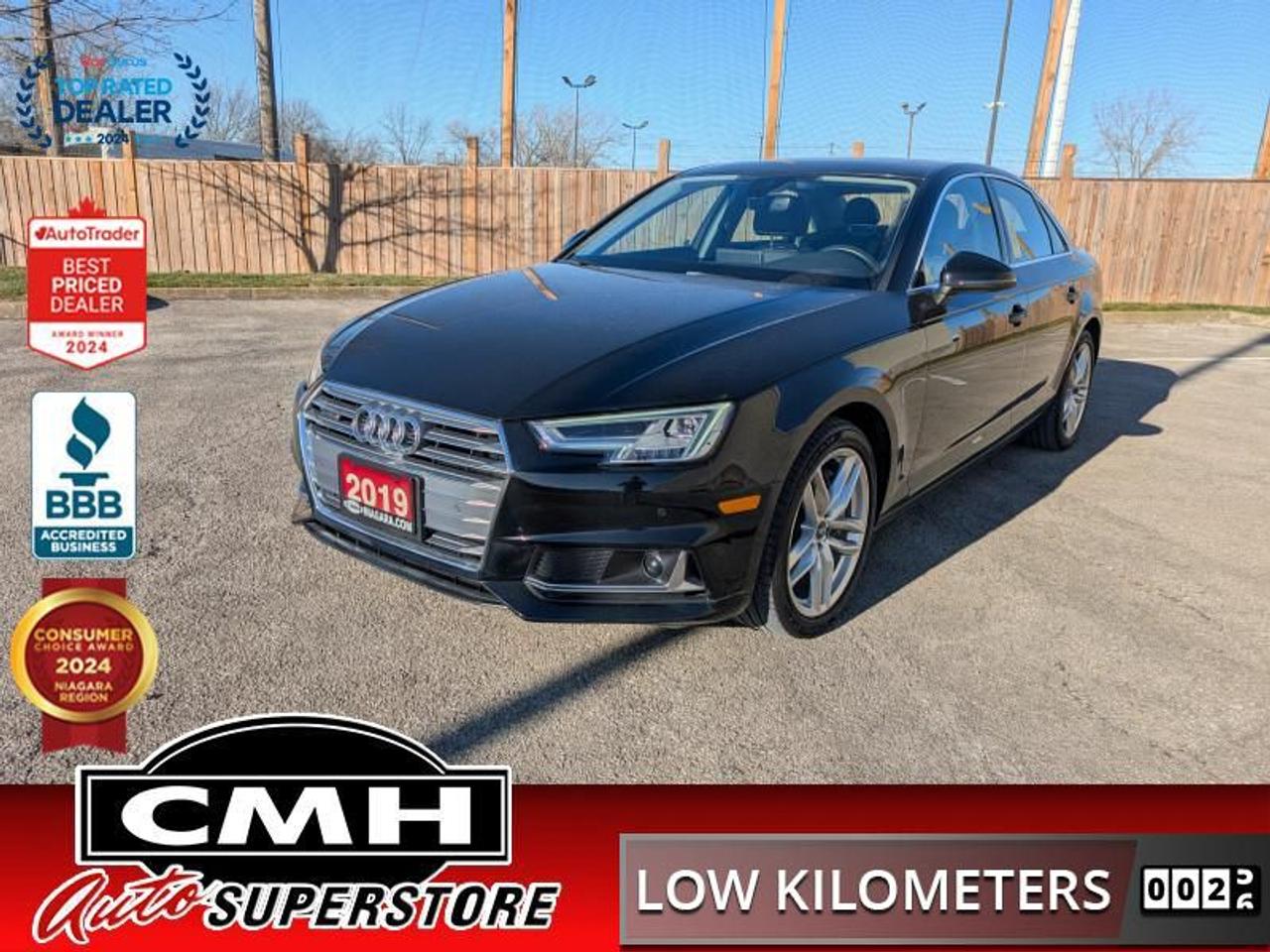 <b>ONLY 60,000 KMS !! QUATTRO !! NAVIGATION, REAR CAMERA, BLIND SPOT, RAIN SENSING WIPERS, BLUETOOTH, SUNROOF, LEATHER, POWER DRIVER SEAT W/ MEMORY, HEATED SEATS, HEATED STEERING WHEEL, DUAL CLIMATE CONTROL, PREMIUM AUDIO, 18-INCH ALLOY WHEELS<br> <br></b><br>  <br>CMH certifies that all vehicles meet DOUBLE the Ministry standards for Brakes and Tires<br><br> <br>    This  2019 Audi A4 is for sale today. <br> <br>This low mileage  sedan has just 59,725 kms. Its  black in colour  and is major accident free based on the <a href=https://vhr.carfax.ca/?id=vYSCFW8nbQlPwsbEEUOupSP4o3Zh3Wlq target=_blank>CARFAX Report</a> . It has an automatic transmission and is powered by a  248HP 2.0L 4 Cylinder Engine. <br> <br> Our A4s trim level is Technik 45 TFSI Quattro. This top of the range Audi A4 Sedan includes a host of premium features and options such as a Bang and Olufsen 19 speaker premium sounds system, SiriusXM satellite radio, an integrated navigation system paired to an 8.3 inch display, Bluetooth and smartphone connectivity, real time traffic display, mobile hotspot internet access, heated power adjustable front bucket seats, a heated leather wrapped multi-functional steering wheel, keyless proximity entry and push button start, remote proximity cargo release, a HomeLink garage door transmitter, aluminum interior panel inserts, leather seat trim, interchangeable digital or analog instrument cluster display, front and rear parking sensors, Audi side assist blind spot sensor, Audi pre-sense rear collision mitigation system, restricted driving mode system, a multiple camera set up for an unobstructed 360 degree view of the vehicle and surroundings, and much more.<br> <br>To apply right now for financing use this link : <a href=https://www.cmhniagara.com/financing/ target=_blank>https://www.cmhniagara.com/financing/</a><br><br> <br/><br>Trade-ins are welcome! Financing available OAC ! Price INCLUDES a valid safety certificate! Price INCLUDES a 60-day limited warranty on all vehicles except classic or vintage cars. CMH is a Full Disclosure dealer with no hidden fees. We are a family-owned and operated business for over 30 years! o~o
