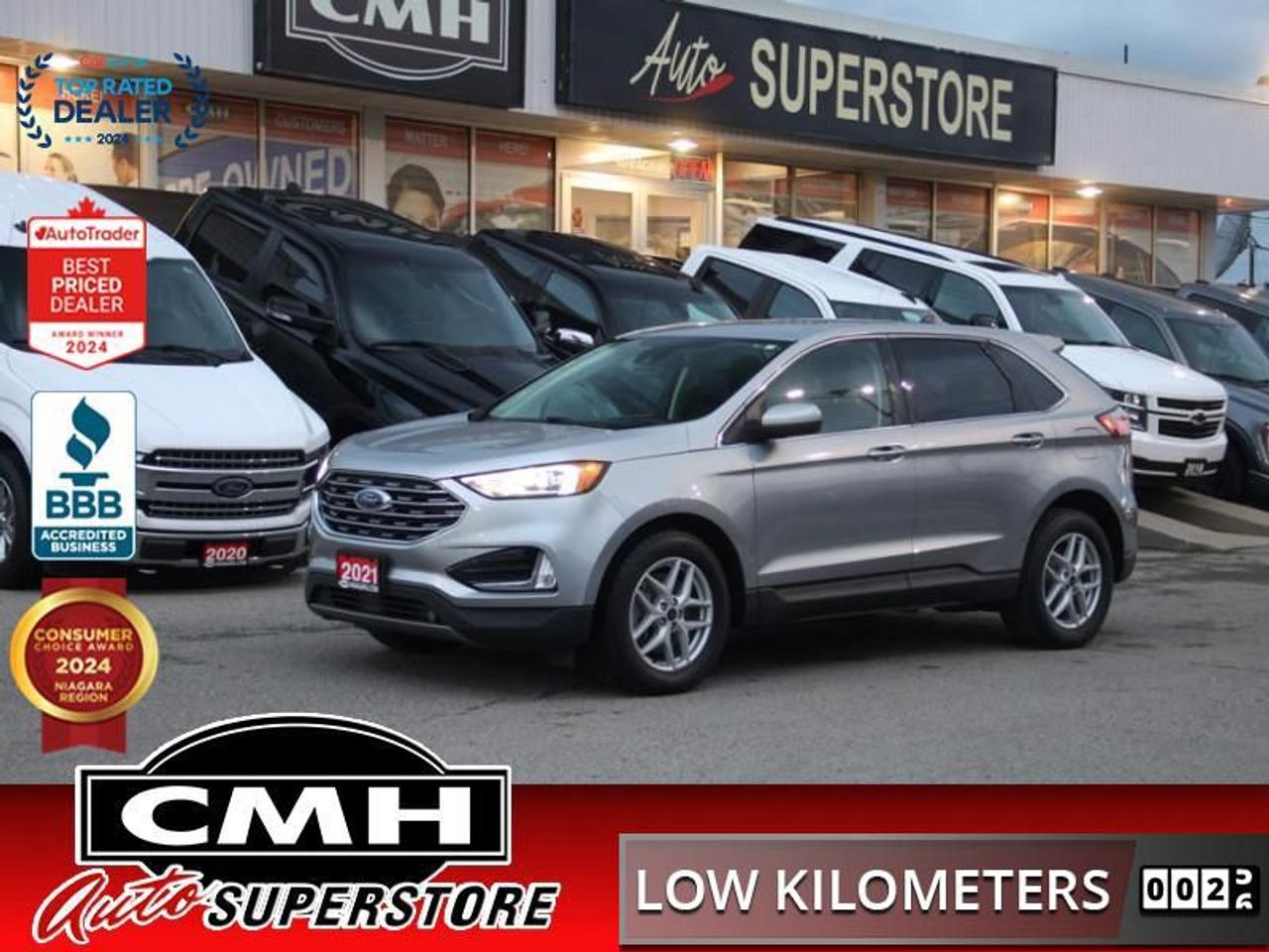 <b>LOW MILEAGE !! AWD !! REAR CAMERA, PARKING SENSORS, ADAPTIVE CRUISE CONTROL, LANE KEEPING, BLIND SPOT, COLLISION SENSORS, APPLE CARPLAY, ANDROID AUTO, WIRELESS PHONE CHARGER, POWER DRIVER SEAT, HEATED SEATS, POWER LIFTGATE, REMOTE START, 18-INCH ALLOYS<br</b><br>  <br>CMH certifies that all vehicles meet DOUBLE the Ministry standards for Brakes and Tires<br><br> <br>    This  2021 Ford Edge is for sale today. <br> <br>With impressive attention to detail, the Ford Edge seamlessly integrates power, performance and handling with awesome technology to help you multitask your way through the challenges that life throws your way. Made for an active lifestyle and spontaneous getaways, the Ford Edge is as rough and tumble as you are. Push the boundaries and stay connected to the road with this sweet ride!This low mileage  SUV has just 45,409 kms. Its  silver in colour  and is major accident free based on the <a href=https://vhr.carfax.ca/?id=+U6DatQcL9ASyKYDC6LpEqV4LK7qxvMW target=_blank>CARFAX Report</a> . It has an automatic transmission and is powered by a  250HP 2.0L 4 Cylinder Engine. <br> <br> Our Edges trim level is SEL. This Edge SEL comes with an impressive list of features including a power rear liftgate, power heated front seats, FordPass Connect with a 4G LTE hotspot, a touchscreen featuring SYNC 4 with enhanced voice recognition, wireless Apple CarPlay and Android Auto, a leather wrapped steering wheel with audio and cruise controls, dual zone automatic climate control and remote keyless entry. For added safety and convenience, you will also get Ford Co-Pilot360 with blind spot assist, lane keep assist, automatic emergency braking, lane departure warning, a proximity key for push button start, rear parking sensors, front fog lights, a remote start and a rear view camera with rear parking sensors.<br> To view the original window sticker for this vehicle view this <a href=http://www.windowsticker.forddirect.com/windowsticker.pdf?vin=2FMPK4J96MBA40788 target=_blank>http://www.windowsticker.forddirect.com/windowsticker.pdf?vin=2FMPK4J96MBA40788</a>. <br/><br> <br>To apply right now for financing use this link : <a href=https://www.cmhniagara.com/financing/ target=_blank>https://www.cmhniagara.com/financing/</a><br><br> <br/><br>Trade-ins are welcome! Financing available OAC ! Price INCLUDES a valid safety certificate! Price INCLUDES a 60-day limited warranty on all vehicles except classic or vintage cars. CMH is a Full Disclosure dealer with no hidden fees. We are a family-owned and operated business for over 30 years! o~o