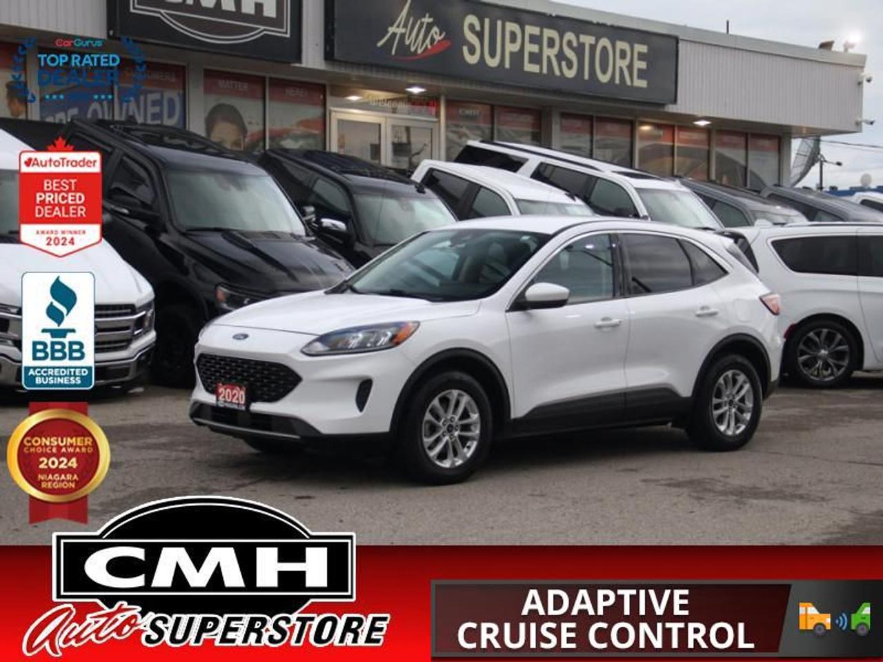 <b>ALL WHEEL DRIVE !! NAVIGATION, REAR CAMERA, PARKING SENSORS, ADAPTIVE CRUISE CONTROL, LANE KEEPING, COLLISION SENSORS, AUTO HIGH BEAM, APPLE CARPLAY, ANDROID AUTO, POWER DRIVER SEAT, HEATED SEATS, 17-INCH ALLOY WHEELS</b><br>  <br>CMH certifies that all vehicles meet DOUBLE the Ministry standards for Brakes and Tires<br><br> <br>    This  2020 Ford Escape is for sale today. <br> <br>All new for 2020, the Ford Escape was built for an active lifestyle and offers plenty of options for you to hit the road in your own individual style. Whether you need a family SUV for soccer practice, a capable adventure vehicle, or both, the versatile Ford Escape has you covered. Built for those who live on the go, the Ford Escape was made to be unstoppable.This  SUV has 99,298 kms. Its  white in colour  and is major accident free based on the <a href=https://vhr.carfax.ca/?id=q69I/0Jeyi2o9+MzS5dhbLG3urL2PyRf target=_blank>CARFAX Report</a> . It has an automatic transmission and is powered by a  181HP 1.5L 3 Cylinder Engine. <br> <br> Our Escapes trim level is SE. Upgrading to this Ford Escape SE is a great choice as it comes loaded with heated front seats and a power driver seat with lumbar support, stylish aluminum wheels and Fords SYNC 3 infotainment system complete with a large touchscreen, Apple CarPlay and Android Auto. Additional features include SiriusXM radio, FordPass Connect 4G LTE, automatic climate control, a smart device remote starter and unique exterior accents. For added convenience and safety this Escape also comes with a 60-40 split-folding rear seat, remote keyless entry with a proximity key plus Ford Co-Pilot360 that features lane keep assist, a rear view camera, blind spot detection, automatic emergency braking and cross traffic alert.<br> To view the original window sticker for this vehicle view this <a href=http://www.windowsticker.forddirect.com/windowsticker.pdf?vin=1FMCU9G68LUB89022 target=_blank>http://www.windowsticker.forddirect.com/windowsticker.pdf?vin=1FMCU9G68LUB89022</a>. <br/><br> <br>To apply right now for financing use this link : <a href=https://www.cmhniagara.com/financing/ target=_blank>https://www.cmhniagara.com/financing/</a><br><br> <br/><br>Trade-ins are welcome! Financing available OAC ! Price INCLUDES a valid safety certificate! Price INCLUDES a 60-day limited warranty on all vehicles except classic or vintage cars. CMH is a Full Disclosure dealer with no hidden fees. We are a family-owned and operated business for over 30 years! o~o