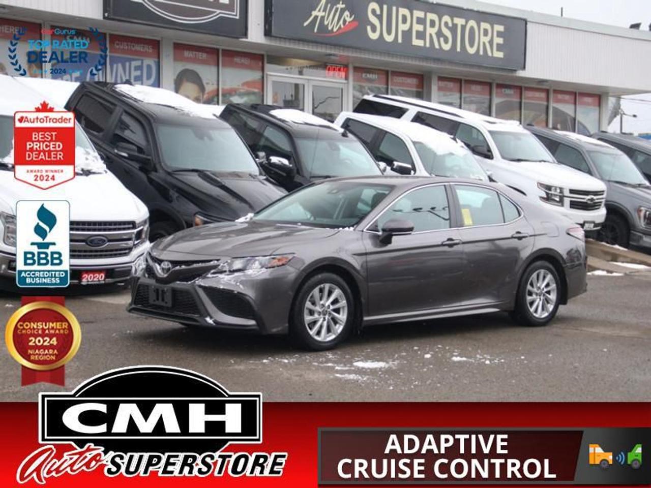 <b>GREAT DRIVER ASSIST FEATURES !! REAR CAMERA, LANE KEEPING, BLIND SPOT MONITORING, ADAPTIVE RADAR CRUISE CONTROL, CROSS TRAFFIC ALERT, AUTO HIGH BEAM, APPLE CARPLAY, ANDROID AUTO, POWER DRIVER SEAT, HEATED SEATS, HEATED STEERING WHEEL, 17-INCH ALLOY WHEELS</b><br>  <br>CMH certifies that all vehicles meet DOUBLE the Ministry standards for Brakes and Tires<br><br> <br>    This  2023 Toyota Camry is for sale today. <br> <br>This Toyota Camry is a family sedan that remains as compelling as ever. With refined performance and satisfying comfort paired with a great selection of modern safety and infotainment features, this mid-size sedan stands out as a revered choice in its competitive segment. Buyers of the Camry are assured of the goodwill attached to this nameplate, generated by decades of proven reliability. You can always count on this 2023 Toyota Camry to be a trustworthy and dependable companion on the road.This  sedan has 58,810 kms. Its  grey in colour  . It has an automatic transmission and is powered by a  203HP 2.5L 4 Cylinder Engine. <br> <br> Our Camrys trim level is SE. Upgrading to this Toyota Camry SE is a great choice as it comes enhanced with extra sport and tech features such as a sport front grille, heated SofTex front seats, a sport tuned suspension, Entune 3.0 Audio with a touchscreen display and comes paired with Apple CarPlay, Android Auto and wireless streaming audio. It also includes stylish aluminum wheels, Bi-LED headlamps with automatic high beam assist, power heated mirrors, automatic climate control, a 60/40 split folding rear seat, remote keyless entry, adaptive cruise control and Toyotas Safety Sense System that consists of lane departure alert and lane keeping assist, a pre collision safety system and a rear view camera plus much more.<br> <br>To apply right now for financing use this link : <a href=https://www.cmhniagara.com/financing/ target=_blank>https://www.cmhniagara.com/financing/</a><br><br> <br/><br>Trade-ins are welcome! Financing available OAC ! Price INCLUDES a valid safety certificate! Price INCLUDES a 60-day limited warranty on all vehicles except classic or vintage cars. CMH is a Full Disclosure dealer with no hidden fees. We are a family-owned and operated business for over 30 years! o~o