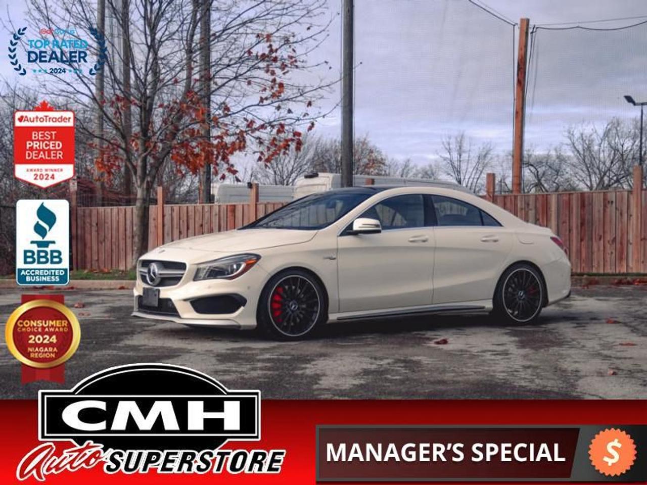 <b>GREAT MILEAGE !! 4MATIC AMG !! NAVIGATION, REAR CAMERA, PARK SENSORS, LANE KEEPING, COLLISION SENSORS, BLIND SPOT, BLUETOOTH, PANORAMIC SUNROOF, LEATHER, POWER SEATS W/ DRIVER MEMORY, HEATED SEATS, DUAL CLIMATE CONTROL, POWER FOLD MIRRORS, 19-INCH ALLOYS</b><br>  <br>CMH certifies that all vehicles meet DOUBLE the Ministry standards for Brakes and Tires<br><br> <br>    This  2014 Mercedes-Benz CLA-Class is for sale today. <br> <br>The newest addition to the grandiose Mercedes family, the CLA is a classy little performer with superior fuel efficiency, a sporty cabin fitted out with luxurious materials and surfaces and a silhouette very similar to the best model sold by the brand, the CLS. This  sedan has 117,161 kms. Its  white in colour  . It has an automatic transmission and is powered by a  355HP 2.0L 4 Cylinder Engine. <br> <br>To apply right now for financing use this link : <a href=https://www.cmhniagara.com/financing/ target=_blank>https://www.cmhniagara.com/financing/</a><br><br> <br/><br>Trade-ins are welcome! Financing available OAC ! Price INCLUDES a valid safety certificate! Price INCLUDES a 60-day limited warranty on all vehicles except classic or vintage cars. CMH is a Full Disclosure dealer with no hidden fees. We are a family-owned and operated business for over 30 years! o~o