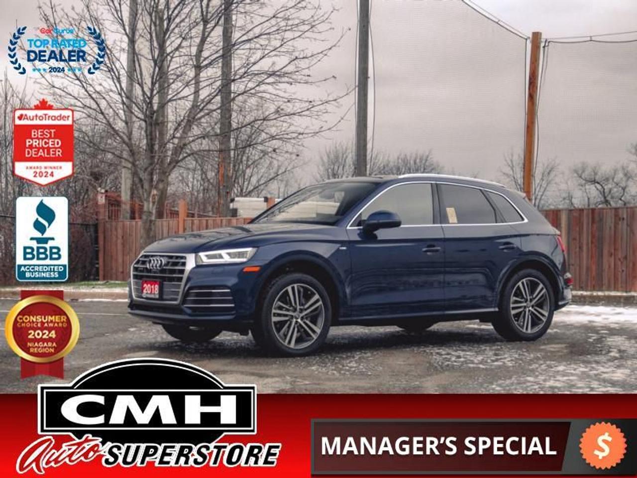 <b>S-LINE PKG !! ONLY 86,000 KMS !! NAVIGATION, REAR CAMERA, PARK SENSORS, ADAPTIVE CRUISE CONTROL, BLIND SPOT, LANE KEEPING, APPLE CARPLAY, PANORAMIC SUNROOF, LEATHER, POWER SEATS, COOLED/HEATED SEATS, HEATED STEERING WHEEL, POWER LIFTGATE, 20-IN ALLOYS</b><br>  <br>CMH certifies that all vehicles meet DOUBLE the Ministry standards for Brakes and Tires<br><br> <br>    This  2018 Audi Q5 is for sale today. <br> <br>Theres something special that sets this Audi Q5 that sets it apart from the dozens of luxury crossovers available. Maybe its the contemporary, yet timeless exterior styling. Maybe its the unique balance of fun, sporty performance with the versatility of expanded interior volume. It might be the exhilaration of the steering wheel in your hands or the thrills it commands while you take in the winding road ahead. No matter your reasons, you have the capability to leave tracks where your journey takes you - in the one vehicle that is ready to leave its impression on you. This  SUV has 85,491 kms. Its  blue in colour  and is major accident free based on the <a href=https://vhr.carfax.ca/?id=HNxOEIsQQWKy5fn9YxdmwKsWXV3ghoVi target=_blank>CARFAX Report</a> . It has an automatic transmission and is powered by a  252HP 2.0L 4 Cylinder Engine. <br> <br> Our Q5s trim level is 2.0 TFSI quattro Technik. The Technik trim adds advanced technology to this versatile Q5. It comes with an 8.3-inch display radio with navigation, Bluetooth, SiriusXM, a USB port, and 19-speaker premium audio, a 360-degree camera, parking sensors, leather seats which are heated in front, a heated, leather-wrapped steering wheel with audio and cruise control, dual-zone automatic climate control, a power sunroof, a chrome grille, aluminum wheels, and more.<br> <br>To apply right now for financing use this link : <a href=https://www.cmhniagara.com/financing/ target=_blank>https://www.cmhniagara.com/financing/</a><br><br> <br/><br>Trade-ins are welcome! Financing available OAC ! Price INCLUDES a valid safety certificate! Price INCLUDES a 60-day limited warranty on all vehicles except classic or vintage cars. CMH is a Full Disclosure dealer with no hidden fees. We are a family-owned and operated business for over 30 years! o~o