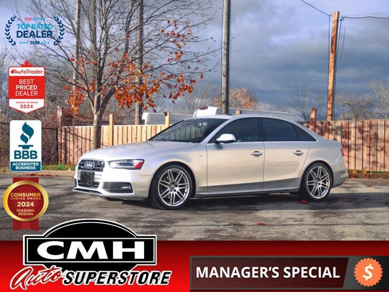 <b>S-LINE PACKAGE !! QUATTRO !! NAVIGATION, PARKING SENSORS, RAIN SENSING WIPERS, BLUETOOTH, PADDLE SHIFTERS, SUNROOF, LEATHER, POWER SEATS W/ DRIVER MEMORY, HEATED SEATS, DUAL CLIMATE CONTROL, PROXIMITY KEY, BUTTON START, 19-INCH ALLOY WHEELS</b><br>  <br>CMH certifies that all vehicles meet DOUBLE the Ministry standards for Brakes and Tires<br><br> <br>    This  2013 Audi A4 is for sale today. <br> <br>Sometimes, the subtlest statements make the most noise. This boldly sophisticated Audi A4 will undoubtedly capture the attention of onlookers and hold it. Strong, modern lines stretch proportionately across the vehicle, creating a design language that aligns with the progressive thinking at Audi. Superior craftsmanship is demonstrated by the comfortable interior which showcases commitment to creating a beautifully engineered luxury car. This  sedan has 162,199 kms. Its  silver in colour  and is major accident free based on the <a href=https://vhr.carfax.ca/?id=CxTlMuhxk3XiGMuYG0/TQs5BOyr/YXpM target=_blank>CARFAX Report</a> . It has an automatic transmission and is powered by a  211HP 2.0L 4 Cylinder Engine. <br> <br>To apply right now for financing use this link : <a href=https://www.cmhniagara.com/financing/ target=_blank>https://www.cmhniagara.com/financing/</a><br><br> <br/><br>Trade-ins are welcome! Financing available OAC ! Price INCLUDES a valid safety certificate! Price INCLUDES a 60-day limited warranty on all vehicles except classic or vintage cars. CMH is a Full Disclosure dealer with no hidden fees. We are a family-owned and operated business for over 30 years! o~o
