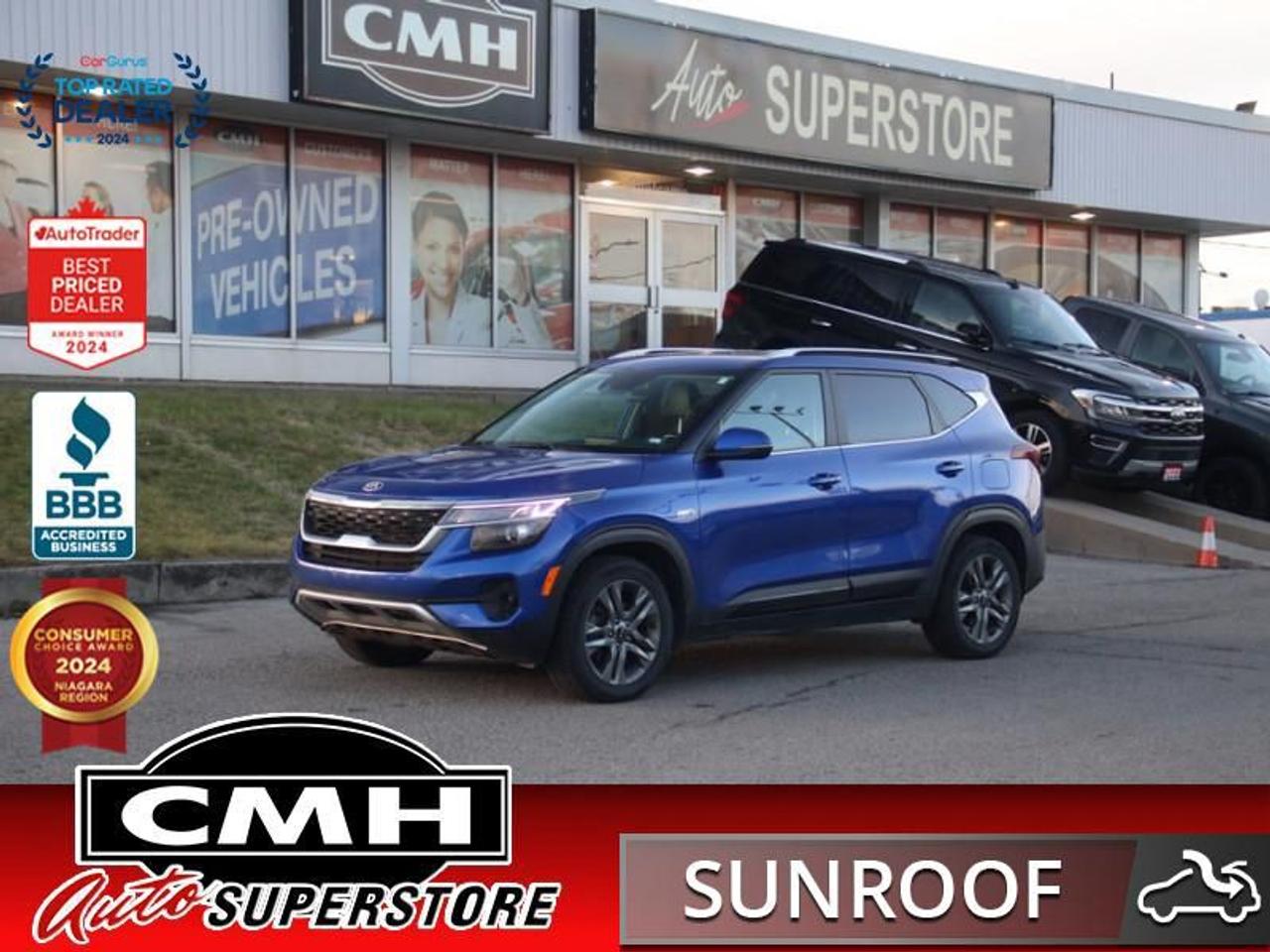 <b>GREAT FEATURES !! ALL WHEEL DRIVE !! REAR CAMERA, LANE KEEPING, BLIND SPOT, COLLISION SENSORS, CROSS TRAFFIC ALERT, APPLE CARPLAY, ANDROID AUTO, SUNROOF, LEATHER, HEATED SEATS, HEATED STEERING WHEEL, STEERING WHEEL CONTROLS, 17-INCH ALLOY WHEELS</b><br>  <br>CMH certifies that all vehicles meet DOUBLE the Ministry standards for Brakes and Tires<br><br> <br>    This  2021 Kia Seltos is for sale today. <br> <br>In a world of subcompact SUVs it gets harder and harder to stand out, but this truly unique Kia Seltos manages to make an impact without venturing too far from conventional style. Full of rugged and ready capability, you can rest assured that this Kia Seltos is ready for your next adventure, but that capability doesnt come at the sacrifice of on road comfort. This Kia Seltos is the new face of adventure in a world of sameness.This  SUV has 85,986 kms. Its  neptune blue in colour  . It has an automatic transmission and is powered by a  146HP 2.0L 4 Cylinder Engine. <br> <br> Our Seltoss trim level is EX. This awesome compact AWD SUV comes with an 8 inch touchscreen, Android Auto, Apple CarPlay, heated seats, blind spot warning, alloy wheels, heated power side mirrors with turn signals, and fog lamps. This EX also adds a power sunroof, chrome grille accents, a heated steering wheel, proximity key, synthetic leather seats, automatic climate control, remote start, collision mitigation, and lane keep assist.<br> <br>To apply right now for financing use this link : <a href=https://www.cmhniagara.com/financing/ target=_blank>https://www.cmhniagara.com/financing/</a><br><br> <br/><br>Trade-ins are welcome! Financing available OAC ! Price INCLUDES a valid safety certificate! Price INCLUDES a 60-day limited warranty on all vehicles except classic or vintage cars. CMH is a Full Disclosure dealer with no hidden fees. We are a family-owned and operated business for over 30 years! o~o