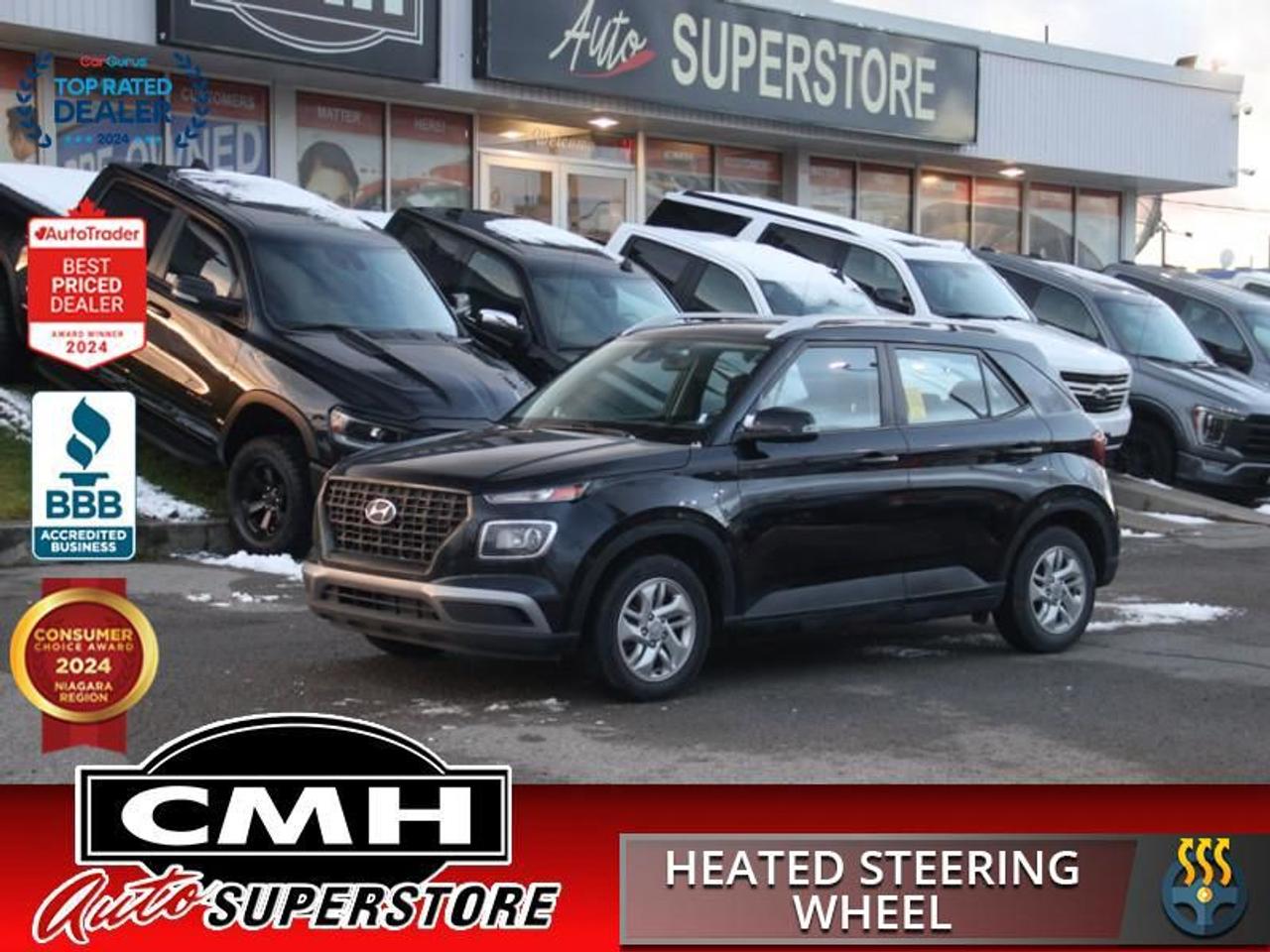<b>FUEL EFFICIENT !! REAR CAMERA, LANE DEPARTURE, LANE KEEPING, BLIND SPOT, APPLE CARPLAY, ANDROID AUTO, STEERING WHEEL CONTROLS, CRUISE CONTROL, HEATED FRONT SEATS, HEATED STEERING WHEEL, REMOTE START, PROXIMITY KEY, BUTTON START, 15-INCH ALLOYS<br> <br></b><br>  <br>CMH certifies that all vehicles meet DOUBLE the Ministry standards for Brakes and Tires<br><br> <br>    This  2022 Hyundai Venue is for sale today. <br> <br>With an amazing, urban sized footprint, plus a massive amount of cargo space, this 2022 Venue can do it all. Whether you need a grocery getter, kid hauler, or an errand runner, this 2022 Venue is ready to turn everything into an adventure. This modern Venue has a bold yet sophisticated SUV profile that radiates road presence and allows you to express your unique sense of style. This  SUV has 75,077 kms. Its  space black in colour  and is major accident free based on the <a href=https://vhr.carfax.ca/?id=b0HAIFnOmi2vWwMHVAiZMZOYJ5LwNkm0 target=_blank>CARFAX Report</a> . It has an automatic transmission and is powered by a  121HP 1.6L 4 Cylinder Engine. <br> <br> Our Venues trim level is Preferred. This Preferred Venue adds an impressive safety suite including active collision avoidance, lane keep assist, and blind spot monitoring, that helps you stay confident and secure on the road. Heated seats bring a touch of luxury while wireless Android Auto, Apple CarPlay, touchscreen controls, and streaming audio keep you entertained in a connected cabin. Automatic highbeams, remote keyless entry, ABS with brake assist, hill hold control, and a rear view camera help make your commute safer.<br> <br>To apply right now for financing use this link : <a href=https://www.cmhniagara.com/financing/ target=_blank>https://www.cmhniagara.com/financing/</a><br><br> <br/><br>Trade-ins are welcome! Financing available OAC ! Price INCLUDES a valid safety certificate! Price INCLUDES a 60-day limited warranty on all vehicles except classic or vintage cars. CMH is a Full Disclosure dealer with no hidden fees. We are a family-owned and operated business for over 30 years! o~o