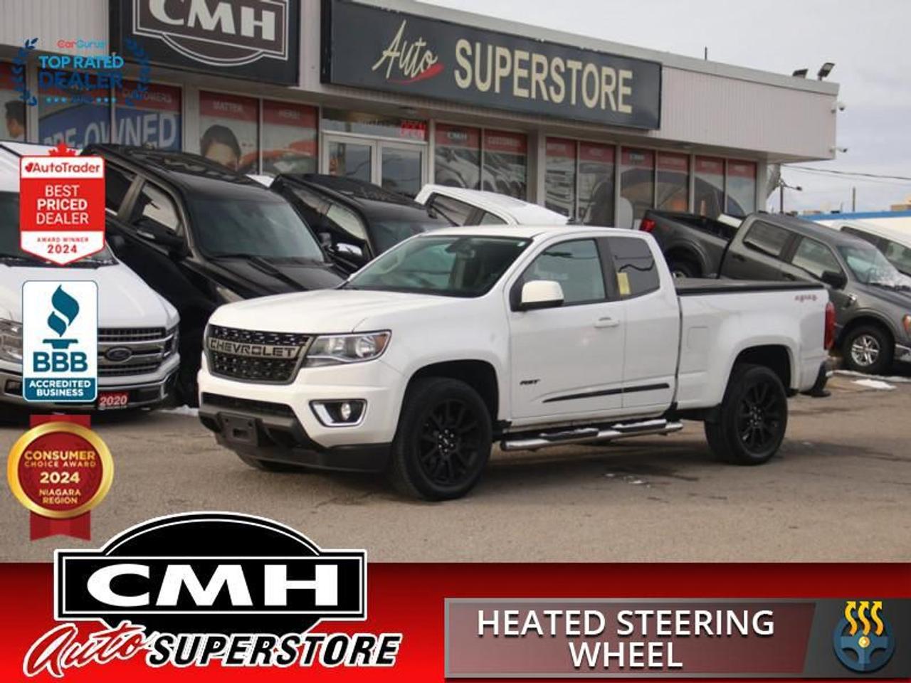 <b>V6 4X4 !! RST PACKAGE !! REAR CAMERA, APPLE CARPLAY, ANDROID AUTO, TOUCH DISPLAY SCREEN, STEERING WHEEL CONTROLS, CRUISE CONTROL, HEATED SEATS, HEATED STEERING WHEEL, TOWING CONTROLLER, SOFT TONNEAU COVER, BED LINER, PAINTED BUMPERS, 20-INCH BLACK ALLOYS</b><br>  <br>CMH certifies that all vehicles meet DOUBLE the Ministry standards for Brakes and Tires<br><br> <br>    This  2020 Chevrolet Colorado is for sale today. <br> <br>This Chevrolet Colorado offers a new take on the midsize pickup truck. With its combination of rugged good looks, advanced technology, capable towing ability and fuel efficient engine, the Colorado is the truck that helps you push every boundary and accept any challenges. From tackling urban streets to driving off the beaten path, this pickup is definitely worth a first, second and third look. This  Extended Cab 4X4 pickup  has 162,547 kms. Its  white in colour  . It has an automatic transmission and is powered by a  308HP 3.6L V6 Cylinder Engine. <br> <br> Our Colorados trim level is LT. Upgrading to this LT trim is a great choice as it comes with a larger 8 inch color touchscreen display - featuring Android Auto and Apple CarPlay, a 6 speaker audio system and wireless streaming audio. It also includes aluminum wheels, exterior trim accents, a rear vision camera, leather wrapped steering wheel, a USB port for plugging in your electronic devices, 4G LTE and available built-in Wi-Fi, 4-way power driver seat, cruise control, remote keyless entry, teen driver technology and much more.<br> <br>To apply right now for financing use this link : <a href=https://www.cmhniagara.com/financing/ target=_blank>https://www.cmhniagara.com/financing/</a><br><br> <br/><br>Trade-ins are welcome! Financing available OAC ! Price INCLUDES a valid safety certificate! Price INCLUDES a 60-day limited warranty on all vehicles except classic or vintage cars. CMH is a Full Disclosure dealer with no hidden fees. We are a family-owned and operated business for over 30 years! o~o