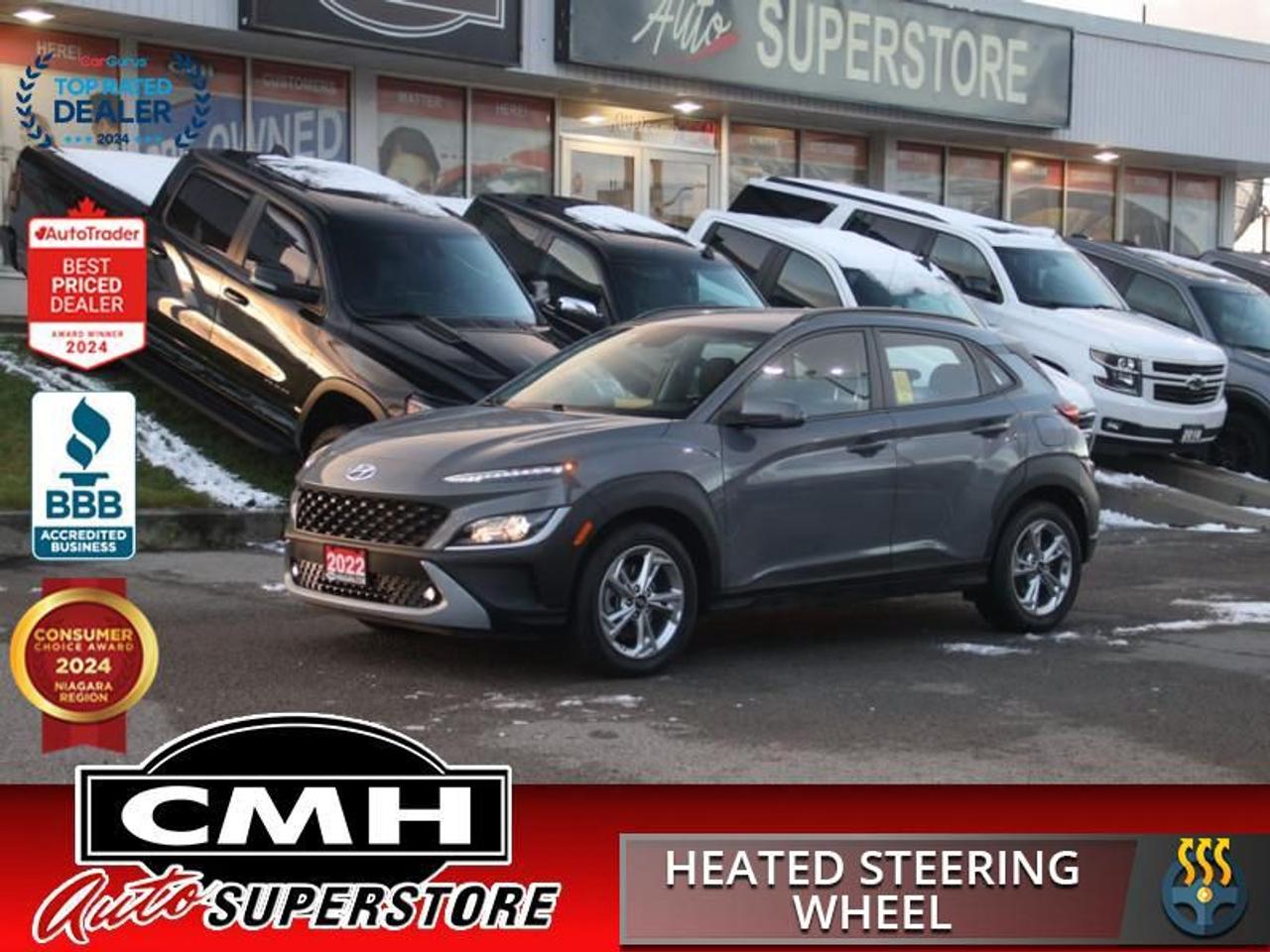 <b>ALL WHEEL DRIVE !! REAR CAMERA, COLLISION SENSORS, LANE KEEPING, BLIND SPOT, CROSS TRAFFIC ALERT, APPLE CARPLAY, ANDROID AUTO, STEERING WHEEL CONTROLS, CRUISE CONTROL, HEATED SEATS, HEATED STEERING WHEEL, REMOTE START, 17-INCH ALLOY WHEELS</b><br>  <br>CMH certifies that all vehicles meet DOUBLE the Ministry standards for Brakes and Tires<br><br> <br>    This  2022 Hyundai Kona is for sale today. <br> <br>With more versatility than its tiny stature lets on, this Kona is ready to prove that big things can come in small packages. With an incredibly long feature list, this Kona is incredibly safe and comfortable, compatible with just about anything, and ready for lifes next big adventure. For distilled perfection in the busy crossover SUV segment, this Kona is the obvious choice.This  SUV has 90,294 kms. Its  galactic gray in colour  and is major accident free based on the <a href=https://vhr.carfax.ca/?id=96lLsFqWzRtjnm4XCMBjR+JhnqijhNNu target=_blank>CARFAX Report</a> . It has an automatic transmission and is powered by a  147HP 2.0L 4 Cylinder Engine. <br> <br>To apply right now for financing use this link : <a href=https://www.cmhniagara.com/financing/ target=_blank>https://www.cmhniagara.com/financing/</a><br><br> <br/><br>Trade-ins are welcome! Financing available OAC ! Price INCLUDES a valid safety certificate! Price INCLUDES a 60-day limited warranty on all vehicles except classic or vintage cars. CMH is a Full Disclosure dealer with no hidden fees. We are a family-owned and operated business for over 30 years! o~o