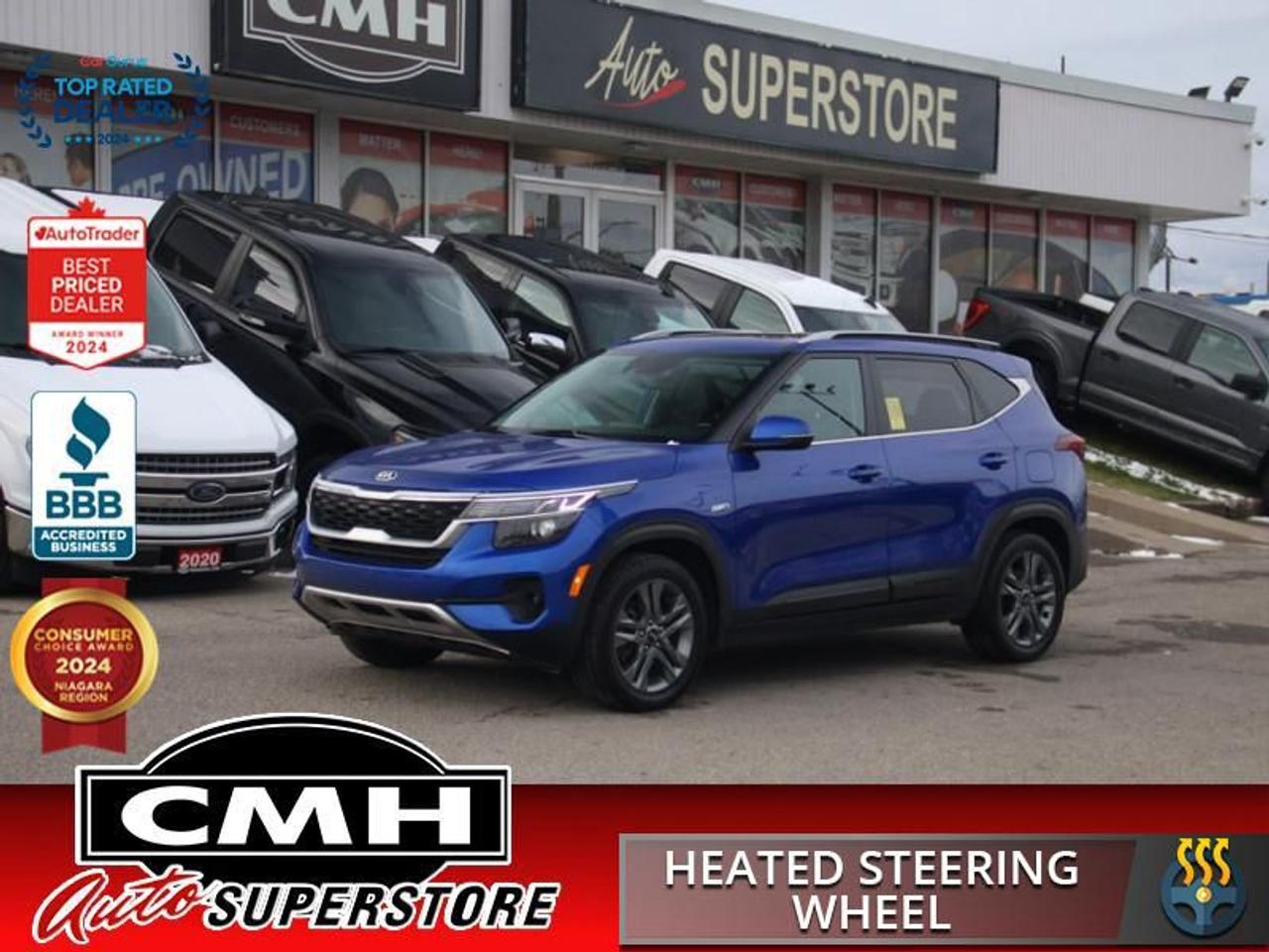 <b>ALL WHEEL DRIVE !! REAR CAMERA, LANE DEPARTURE, LANE KEEPING, BLIND SPOT, COLLISION SENSORS, CROSS TRAFFIC, APPLE CARPLAY, ANDROID AUTO, LEATHER, SUNROOF, HEATED SEATS, HEATED STEERING WHEEL, CLIMATE CONTROL, REMOTE START, 17-INCH ALLOY WHEELS</b><br>  <br>CMH certifies that all vehicles meet DOUBLE the Ministry standards for Brakes and Tires<br><br> <br>    This  2021 Kia Seltos is for sale today. <br> <br>In a world of subcompact SUVs it gets harder and harder to stand out, but this truly unique Kia Seltos manages to make an impact without venturing too far from conventional style. Full of rugged and ready capability, you can rest assured that this Kia Seltos is ready for your next adventure, but that capability doesnt come at the sacrifice of on road comfort. This Kia Seltos is the new face of adventure in a world of sameness.This  SUV has 99,134 kms. Its  neptune blue in colour  and is major accident free based on the <a href=https://vhr.carfax.ca/?id=aOWlv67NT7yKmWUD5d15fxsTf3vG09eg target=_blank>CARFAX Report</a> . It has an automatic transmission and is powered by a  146HP 2.0L 4 Cylinder Engine. <br> <br> Our Seltoss trim level is EX. This awesome compact AWD SUV comes with an 8 inch touchscreen, Android Auto, Apple CarPlay, heated seats, blind spot warning, alloy wheels, heated power side mirrors with turn signals, and fog lamps. This EX also adds a power sunroof, chrome grille accents, a heated steering wheel, proximity key, synthetic leather seats, automatic climate control, remote start, collision mitigation, and lane keep assist.<br> <br>To apply right now for financing use this link : <a href=https://www.cmhniagara.com/financing/ target=_blank>https://www.cmhniagara.com/financing/</a><br><br> <br/><br>Trade-ins are welcome! Financing available OAC ! Price INCLUDES a valid safety certificate! Price INCLUDES a 60-day limited warranty on all vehicles except classic or vintage cars. CMH is a Full Disclosure dealer with no hidden fees. We are a family-owned and operated business for over 30 years! o~o