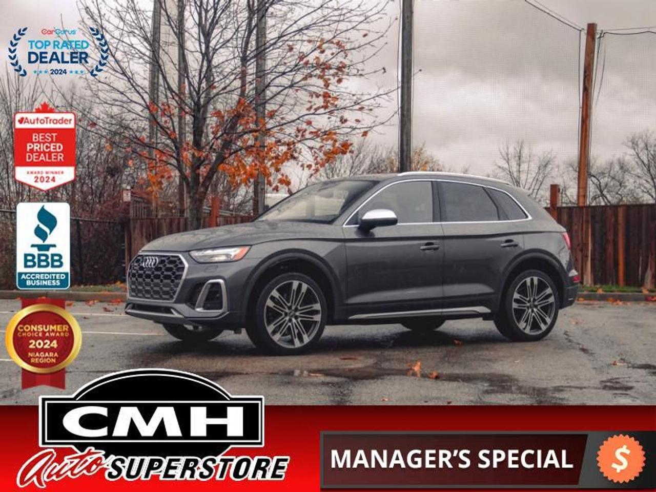 <b>LOADED QUATTRO !! NAVIGATION, 360 CAMERA, LANE KEEPING, BLIND SPOT, COLLISION SENSORS, AUTO HIGH BEAM, RAIN SENSING WIPERS, APPLE CARPLAY, PANORAMIC SUNROOF, PREMIUM LEATHER, HEATED STEERING WHEEL, COOLED/HEATED CUPHOLDERS, POWER LIFTGATE, 21-IN ALLOYS</b><br>  <br>CMH certifies that all vehicles meet DOUBLE the Ministry standards for Brakes and Tires<br><br> <br>    This  2021 Audi SQ5 is for sale today. <br> <br>Ready for any surface and any challenges ahead, this 2021 Audi SQ 5 is one of the most powerful and virtually all capable sports SUV loaded with the latest and most advanced ethnology. Explicitly styled to be unique, understated and refined, this SQ5 lets the driver and passengers to enjoy in the premium comfort and luxurious setting that is the finely crafted interior.This  SUV has 62,716 kms. Its  gray in colour  . It has an automatic transmission and is powered by a  349HP 3.0L V6 Cylinder Engine. <br> <br> Our SQ5s trim level is Technik 3.0 TFSI quattro. This Technik trim adds amazing tech features like a 19 speaker Bang and Olufsen 3D sound system, climate controlled cupholder, distance pacing cruise with stop and go, lane keep assist, and an aerial view 360 degree camera. A gorgeous sunroof and heated leather seats make for a luxurious experience in this SQ5. This luxury continues with a heated leather steering wheel, memory settings, and the Audi Connect infotainment system complete with navigation, wireless Apple CarPlay, Amazon Alexa, and wi-fi. Proximity keyless entry and a power liftgate provide a valet experience while this Sq5 helps you drive with Audi Pre Sense including collision avoidance assist, lane departure warning, parking sensors, and blind spot assist.<br> <br>To apply right now for financing use this link : <a href=https://www.cmhniagara.com/financing/ target=_blank>https://www.cmhniagara.com/financing/</a><br><br> <br/><br>Trade-ins are welcome! Financing available OAC ! Price INCLUDES a valid safety certificate! Price INCLUDES a 60-day limited warranty on all vehicles except classic or vintage cars. CMH is a Full Disclosure dealer with no hidden fees. We are a family-owned and operated business for over 30 years! o~o