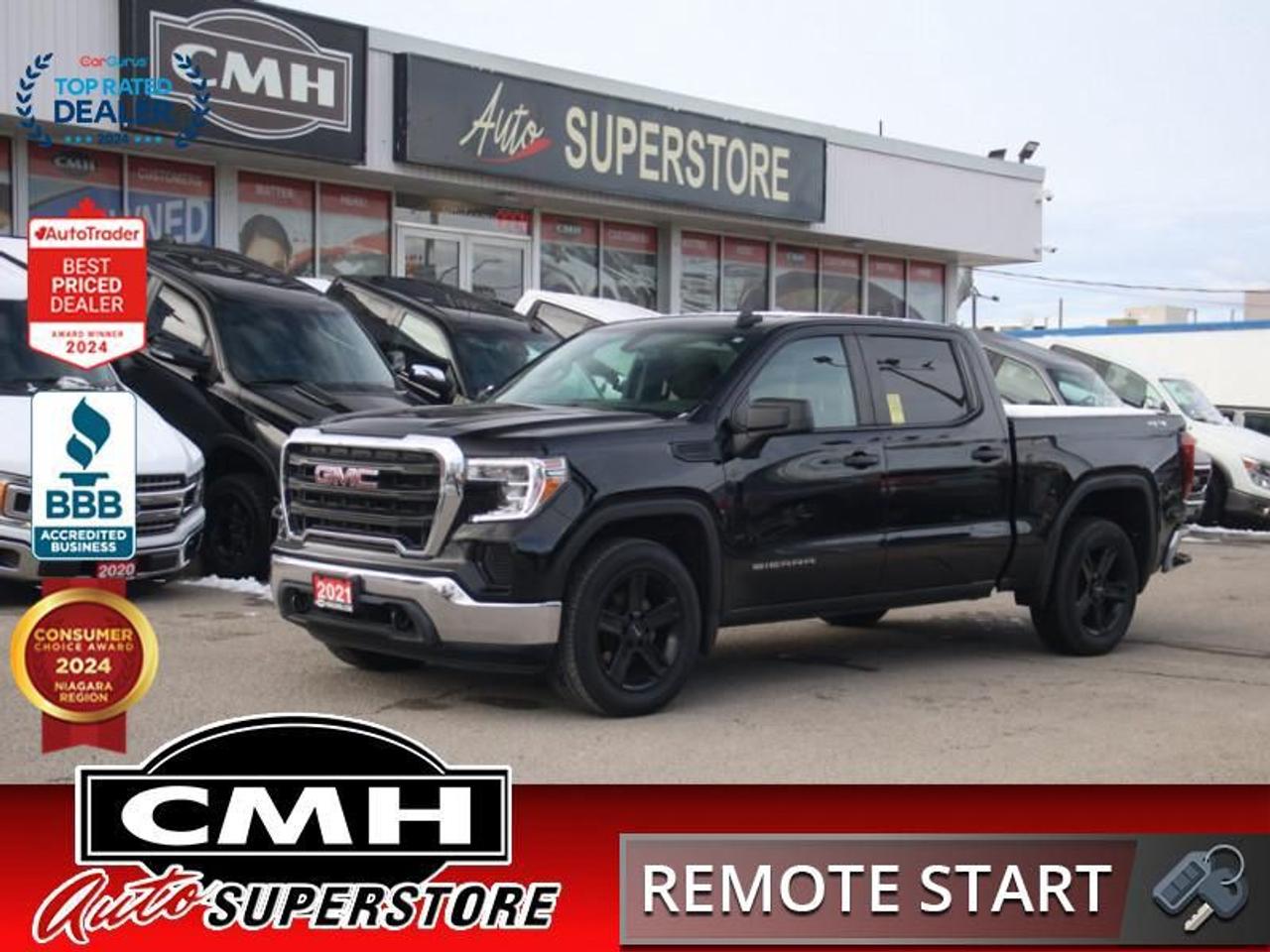 <b>CREW 4X4 !! REAR CAMERA, START-STOP, APPLE CARPLAY, ANDROID AUTO, USB-C + USB PORTS, CRUISE CONTROL, HEATED FRONT SEATS, POWER WINDOWS, POWER LOCKS, POWER MIRRORS, AIR CONDITIONING, SOFT OPEN TAILGATE, 20-INCH AFTERMARKET ALLOY WHEELS</b><br>  <br>CMH certifies that all vehicles meet DOUBLE the Ministry standards for Brakes and Tires<br><br> <br>    This  2021 GMC Sierra 1500 is for sale today. <br> <br>This GMC Sierra 1500 stands out against all other pickup trucks, with sharper, more powerful proportions that creates a commanding stance on and off the road. Next level comfort and technology is paired with its outstanding performance and capability. Inside, the Sierra 1500 supports you through rough terrain with expertly designed seats and a pro grade suspension. Youll find an athletic and purposeful interior, designed for your active lifestyle. Get ready to live like a pro in this amazing GMC Sierra 1500! This  Crew Cab 4X4 pickup  has 133,533 kms. Its  black in colour  and is major accident free based on the <a href=https://vhr.carfax.ca/?id=JJeAH/rNNV4OAsCNUXn22+SN4enih126 target=_blank>CARFAX Report</a> . It has an automatic transmission and is powered by a  310HP 2.7L 4 Cylinder Engine. <br> <br>To apply right now for financing use this link : <a href=https://www.cmhniagara.com/financing/ target=_blank>https://www.cmhniagara.com/financing/</a><br><br> <br/><br>Trade-ins are welcome! Financing available OAC ! Price INCLUDES a valid safety certificate! Price INCLUDES a 60-day limited warranty on all vehicles except classic or vintage cars. CMH is a Full Disclosure dealer with no hidden fees. We are a family-owned and operated business for over 30 years! o~o