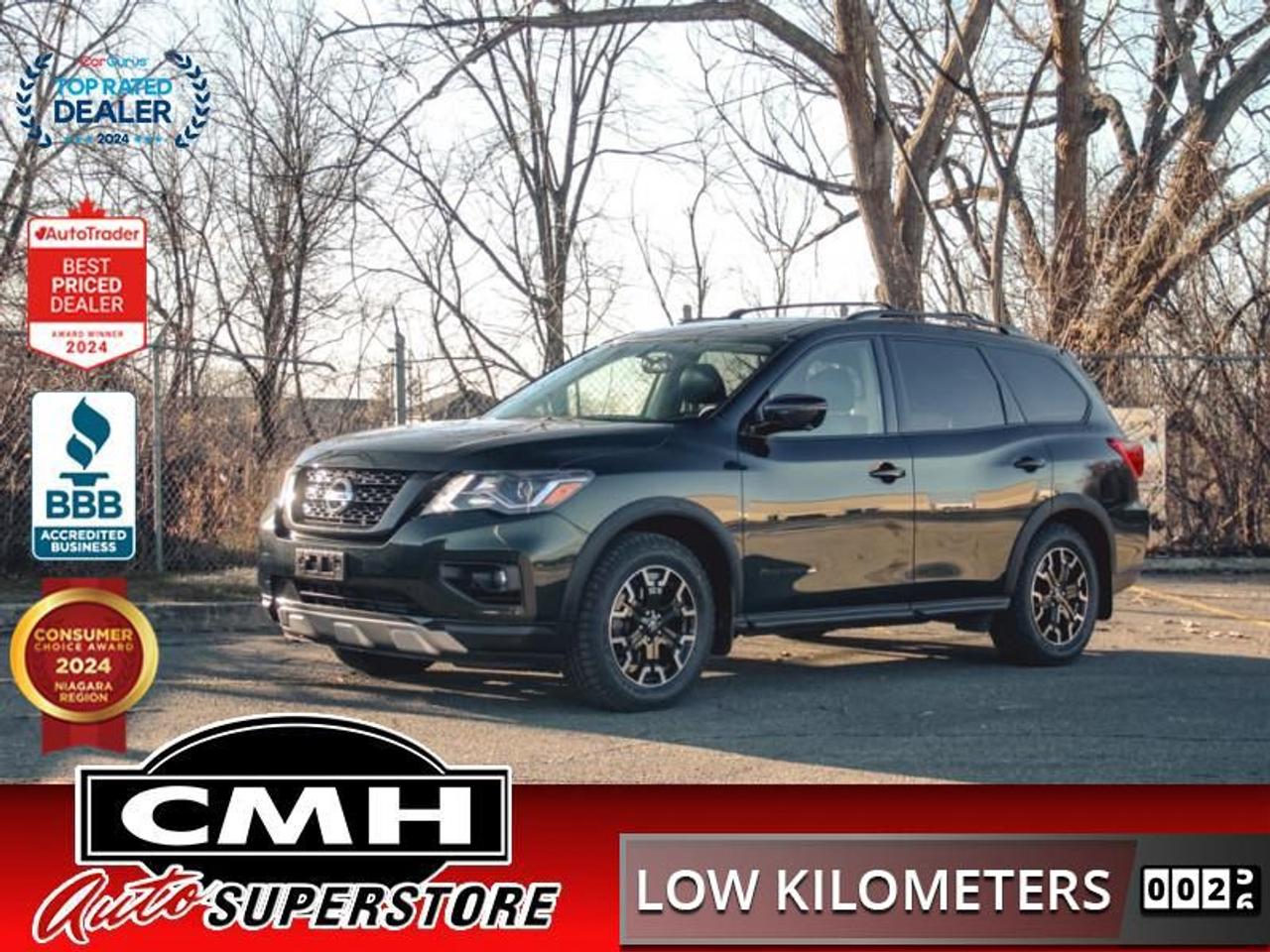 <b>ONLY 55,000 KMS !! NAVIGATION, 360 CAMERA, ADAPTIVE CRUISE CONTROL, BLIND SPOT, BLUETOOTH, SUNROOF, LEATHER, POWER DRIVER SEAT W/ MEMORY, HEATED SEATS, HEATED STEERING WHEEL, TRIZONE CLIMATE, POWER LIFTGATE, REMOTE START, 7 PASSENGER, 18-INCH ALLOY WHEELS</b><br>  <br>CMH certifies that all vehicles meet DOUBLE the Ministry standards for Brakes and Tires<br><br> <br>    This  2020 Nissan Pathfinder is for sale today. <br> <br>This 2020 Nissan Pathfinder is equipped with all the latest in safety features, allowing you to take on any road with the confidence that your passengers are safe. Extremely engineered to take a beating and still maintain quintessential Japanese reliability, peace of mind is assured with robust SUV. Whether a long road trip or a back-country getaway, this Nissan Pathfinder is built to conquer every journey with comfort and ease of mind.This low mileage  SUV has just 54,287 kms. Its  green in colour  and is major accident free based on the <a href=https://vhr.carfax.ca/?id=L4TsDKeyzysnDtV7KWyMERCTvVwS8vgy target=_blank>CARFAX Report</a> . It has an automatic transmission and is powered by a  284HP 3.5L V6 Cylinder Engine. <br> <br> Our Pathfinders trim level is SL Rock Creek. This Pathfinder SL is ready to rule the road with intelligent 4x4 with hill descent control, tow hitch receiver with 7 pin harness, 4 wheel independent suspension, aluminum wheels, LED headlights, fog lights, heated power side mirrors with turn signals and tilt down feature, blind spot warning, and automatic emergency braking for safety and driver assistance. An 8 inch NissanConnect multi-touch display, navigation, Apple CarPlay, Android Auto, SiriusXM, Bluetooth, RCA video input, and a Bose premium sound system keeps you connected along with tech features like Advanced Drive-Assist, rear parking assistance, AroundView 360 degree camera, hands free liftgate, dual panoramic moonroof, remote start and keyless entry, tri-zone automatic climate control, intelligent cruise control, heated leather steering wheel, heated leather seats, driver seat memory settings, and 120V household style power outlet. This Rock Creek Edition adds black badges, unique Rock Creek Edition seats and interior, unique and blacked out exterior, unique 18 inch Dark Alloy wheels, and rubber floor mats<br> <br>To apply right now for financing use this link : <a href=https://www.cmhniagara.com/financing/ target=_blank>https://www.cmhniagara.com/financing/</a><br><br> <br/><br>Trade-ins are welcome! Financing available OAC ! Price INCLUDES a valid safety certificate! Price INCLUDES a 60-day limited warranty on all vehicles except classic or vintage cars. CMH is a Full Disclosure dealer with no hidden fees. We are a family-owned and operated business for over 30 years! o~o
