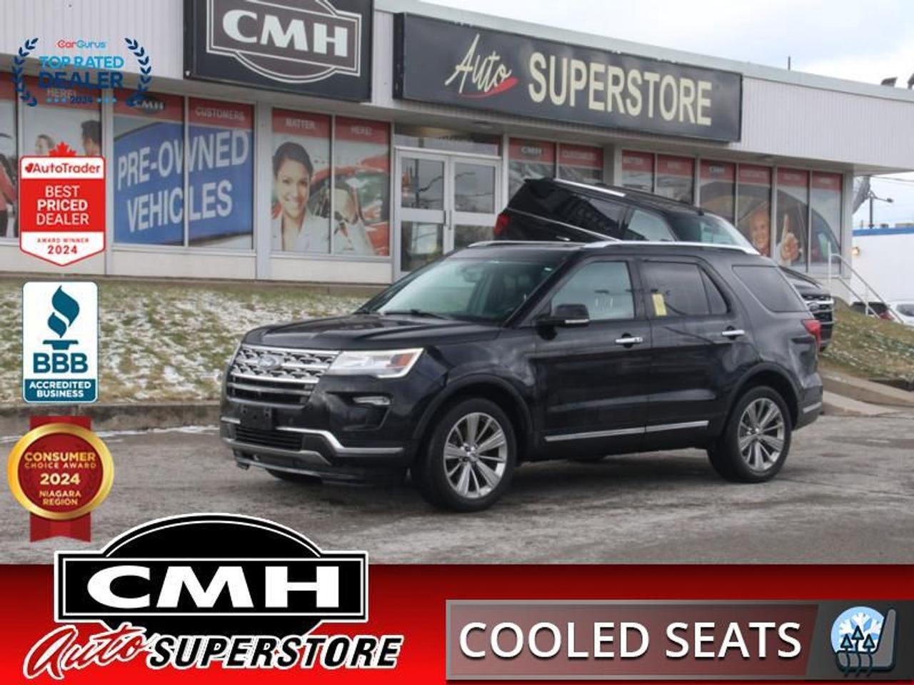 <b>LOADED 4WD !! NAVIGATION, REAR CAMERA, PARKING SENSORS, BLIND SPOT, CROSS TRAFFIC ALERT, APPLE CARPLAY, ANDROID AUTO, PANORAMIC SUNROOF, LEATHER, 4X HEATED SEATS, COOLED SEATS, HEATED STEERING WHEEL, DUAL CLIMATE CONTROL, POWER LIFTGATE, 20-INCH ALLOYS</b><br>  <br>CMH certifies that all vehicles meet DOUBLE the Ministry standards for Brakes and Tires<br><br> <br>    This  2019 Ford Explorer is for sale today. <br> <br>This Ford Explorer is the ultimate exploration vehicle with plenty of style and space for all of your passengers and cargo. It has the hauling capabilities of a midsize SUV combined with strong off-road capabilities. This Explorer is safer, powerful, and more comfortable than ever before and continues to lead the midsize SUV segment. This  SUV has 126,620 kms. Its  black in colour  . It has an automatic transmission and is powered by a  280HP 2.3L 4 Cylinder Engine. <br> <br> Our Explorers trim level is Limited. Add a touch of luxury with this premium Ford Explorer Limited as it comes with a large color touchscreen featuring integrated navigation, Apple CarPlay, Android Auto, SYNC 3, SiriusXM radio, and a premium Sony audio system. It also features larger aluminum wheels, LED lights with front fog lights, perforated leather heated and cooled seats, a power tailgate, heated steering wheel, split folding rear seats, a rear and front view camera with front and rear parking sensors, Ford Co-Pilot360 featuring blind spot detection and cross traffic alert, a proximity key, smart device remote engine start, FordPass Connect 4G LTE WiFi plus so much more.<br> To view the original window sticker for this vehicle view this <a href=http://www.windowsticker.forddirect.com/windowsticker.pdf?vin=1FM5K8FH2KGA17450 target=_blank>http://www.windowsticker.forddirect.com/windowsticker.pdf?vin=1FM5K8FH2KGA17450</a>. <br/><br> <br>To apply right now for financing use this link : <a href=https://www.cmhniagara.com/financing/ target=_blank>https://www.cmhniagara.com/financing/</a><br><br> <br/><br>Trade-ins are welcome! Financing available OAC ! Price INCLUDES a valid safety certificate! Price INCLUDES a 60-day limited warranty on all vehicles except classic or vintage cars. CMH is a Full Disclosure dealer with no hidden fees. We are a family-owned and operated business for over 30 years! o~o