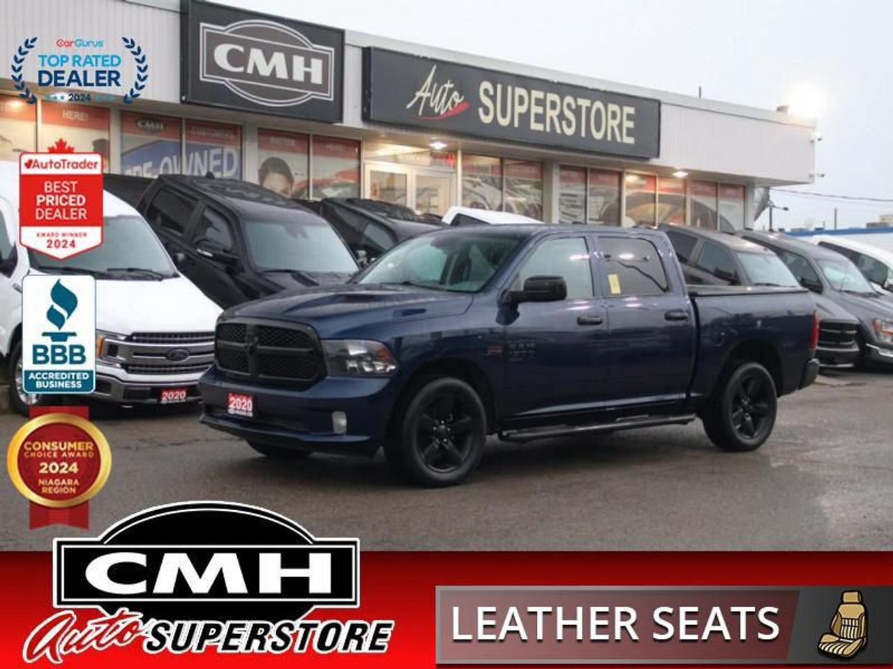 <b>HEMI 4X4 !! NIGHT EDITION !! SUB ZERO PKG !! REAR CAMERA, APPLE CARPLAY, ANDROID AUTO, STEERING WHEEL CONTROLS, CRUISE CONTROL, LEATHER, HEATED SEATS, HEATED STEERING WHEEL, DUAL CLIMATE CONTROL, REMOTE START, TOW PACKAGE, DUAL EXHAUST, 20-INCH ALLOYS<br></b><br>  <br>CMH certifies that all vehicles meet DOUBLE the Ministry standards for Brakes and Tires<br><br> <br>    This  2020 Ram 1500 Classic is for sale today. <br> <br>The reasons why this Ram 1500 Classic stands above its well-respected competition are evident: uncompromising capability, proven commitment to safety and security, and state-of-the-art technology. From its muscular exterior to the well-trimmed interior, this 2020 Ram 1500 Classic is more than just a workhorse. Get the job done in comfort and style while getting a great value with this amazing full size truck. This  Crew Cab 4X4 pickup  has 80,607 kms. Its  blue in colour  . It has an automatic transmission and is powered by a  395HP 5.7L 8 Cylinder Engine. <br> <br> Our 1500 Classics trim level is Express. Upgrading to this rugged 1500 Classic Express is a great choice as it comes loaded with stylish aluminum wheels, body colored bumpers, front fog lights, heavy-duty shock absorbers, electronic stability control and trailer sway control. Additional features include ParkView rear back-up camera, cruise control, air conditioning, an infotainment hub with SiriusXM, radio 3.0 and a USB port, automatic headlights, power windows, power doors, and more.<br> To view the original window sticker for this vehicle view this <a href=http://www.chrysler.com/hostd/windowsticker/getWindowStickerPdf.do?vin=1C6RR7KT8LS105978 target=_blank>http://www.chrysler.com/hostd/windowsticker/getWindowStickerPdf.do?vin=1C6RR7KT8LS105978</a>. <br/><br> <br>To apply right now for financing use this link : <a href=https://www.cmhniagara.com/financing/ target=_blank>https://www.cmhniagara.com/financing/</a><br><br> <br/><br>Trade-ins are welcome! Financing available OAC ! Price INCLUDES a valid safety certificate! Price INCLUDES a 60-day limited warranty on all vehicles except classic or vintage cars. CMH is a Full Disclosure dealer with no hidden fees. We are a family-owned and operated business for over 30 years! o~o