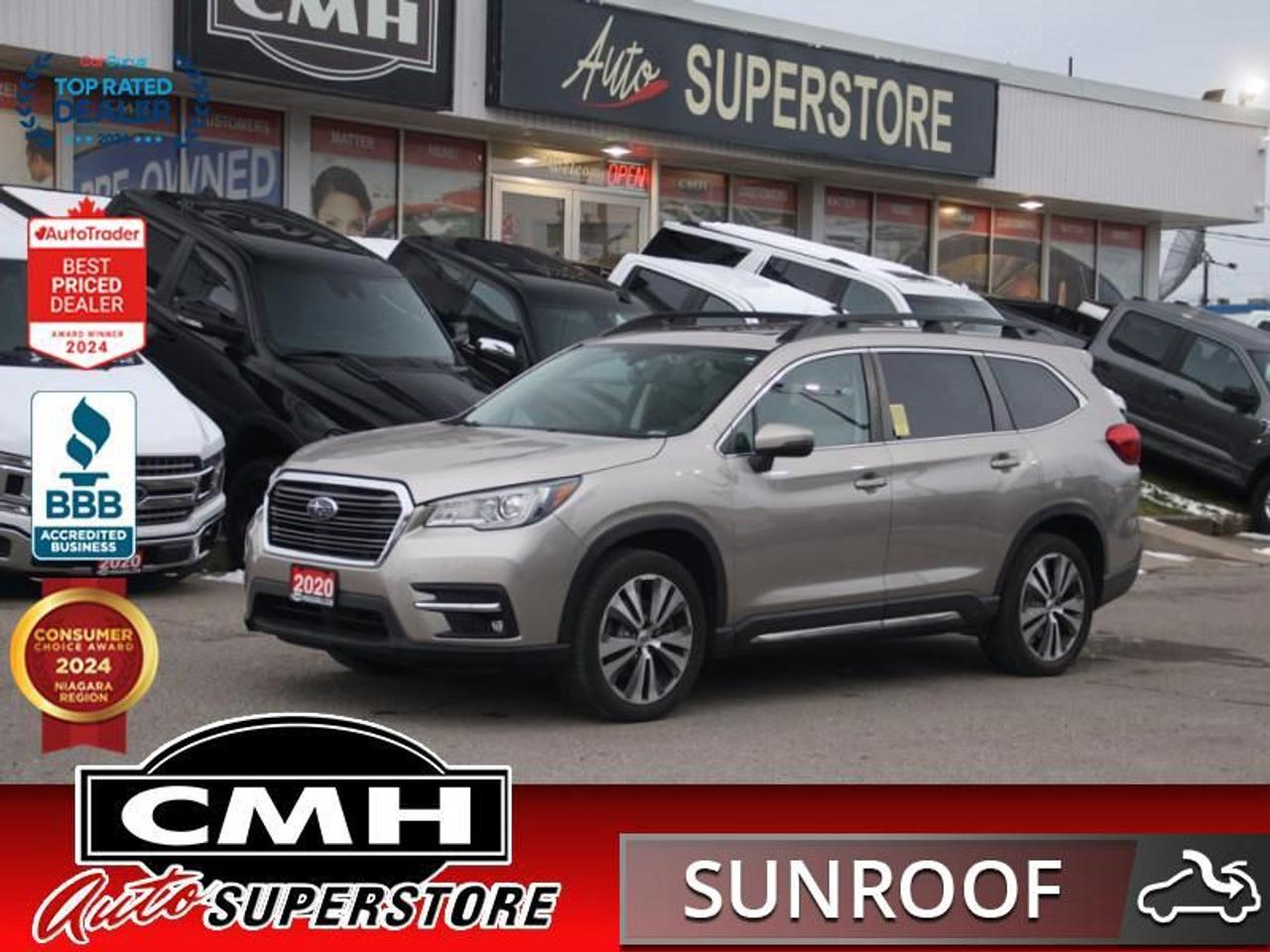 <b>ONLY 57,000 KMS !! EYESIGHT PACKAGE !! NAVIGATION, REAR CAMERA, PARK SENSORS, BLIND SPOT, ADAPTIVE CRUISE CONTROL, APPLE CARPLAY, SUNROOF, LEATHER, POWER SEAT W/ MEMORY, HEATED SEATS, HEATED STEERING WHEEL, 7 PASSENGER, POWER LIFTGATE, 20-INCH ALLOYS</b><br>  <br>CMH certifies that all vehicles meet DOUBLE the Ministry standards for Brakes and Tires<br><br> <br>    This  2020 Subaru Ascent is for sale today. <br> <br>Introducing the 3-row, family-sized SUV as envisioned by Subaru - the 2020 Subaru Ascent. This mid-size SUV showcases the performance, reliability, safety and value youve come to expect from Subaru, but in an entirely different kind of package. This Ascent offers seating for up to 8 passengers, a supremely comfortable ride and generous interior space - but also delivers levels of all-road/all-weather capability and handling prowess that are completely unexpected from the typical 3-row SUV. The 2020 Subaru Ascent: comfort, convenience, adventure and peace-of-mind for the whole family. This low mileage  SUV has just 56,733 kms. Its  tan in colour  . It has an automatic transmission and is powered by a  260HP 2.4L 4 Cylinder Engine. <br> <br> Our Ascents trim level is Limited. The Limited trim turns up the luxury and style for this Ascent. It comes with a panoramic sunroof, 20-inch alloy wheels, steering responsive LED headlights, an 8-inch infotainment system with navigation, Apple CarPlay, and Android Auto, leather seats which are heated in the first and second rows, a heated steering wheel, a power liftgate, blind spot monitoring, EyeSight driver assist system, and more.<br> <br>To apply right now for financing use this link : <a href=https://www.cmhniagara.com/financing/ target=_blank>https://www.cmhniagara.com/financing/</a><br><br> <br/><br>Trade-ins are welcome! Financing available OAC ! Price INCLUDES a valid safety certificate! Price INCLUDES a 60-day limited warranty on all vehicles except classic or vintage cars. CMH is a Full Disclosure dealer with no hidden fees. We are a family-owned and operated business for over 30 years! o~o