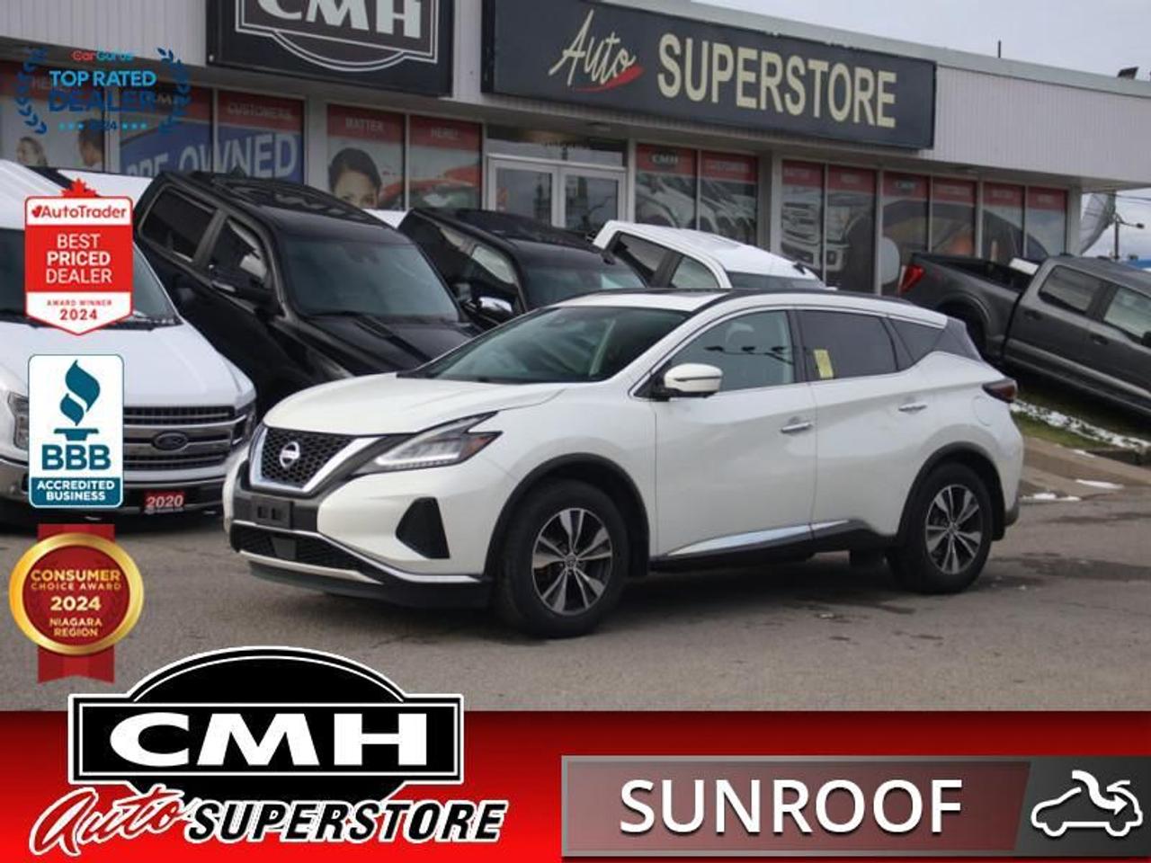 <b>GREAT FEATURES !! AWD !! NAVIGATION, 360 CAMERA, BLIND SPOT, LANE KEEP ADAPTIVE CRUISE, RAIN SENSING WIPERS, APPLE CARPLAY, ANDROID AUTO, PANORAMIC SUNROOF, POWER DRIVER SEAT, HEATED SEATS, DUAL CLIMATE CONTROL, REMOTE START, POWER GATE, 18-IN ALLOYS<br></b><br>  <br>CMH certifies that all vehicles meet DOUBLE the Ministry standards for Brakes and Tires<br><br> <br>    This  2020 Nissan Murano is for sale today. <br> <br>Ever since its debut in the early 2000s, the Nissan Murano has staked out a claim between premium and nonpremium SUVs with its refined ride, standout styling, well-appointed interior, and feature-laden spec sheet. This 2020 example is still playing that value game, with a plethora of standard technology features and a spacious, welcoming interior. This Muranos serene ride and impressive dynamics make it an ideal road-trip companion.This  SUV has 91,305 kms. Its  white in colour  and is major accident free based on the <a href=https://vhr.carfax.ca/?id=owvRY6HhtrwVRpYGykRV2PMMGFOYhTdR target=_blank>CARFAX Report</a> . It has an automatic transmission and is powered by a  260HP 3.5L V6 Cylinder Engine. <br> <br> Our Muranos trim level is SV. Stepping up to the SV Murano gets you all wheel drive along with a host of awesome features like a power sunroof, hands free power liftgate, remote start, Advanced Drive Assist with 7 inch display in instrument cluster, text assistant, dual zone automatic climate control, Nissan Intelligent Key with push button start and keyless entry, remote front window roll down, leather wrapped heated steering wheel with audio and cruise control, and heated front seats along with Intelligent Emergency Braking and collision warning. The cabin is as connected as it is comfy with an 8 inch touchscreen with voice recognition, Android Auto and Apple CarPlay compatibility, SiriusXM, Bluetooth streaming and calling, MP3/WMA playback, and aux and USB inputs and the style keeps going on the exterior with aluminum wheels, LED daytime running lights and taillights, auto on/off headlights, and power heated side mirrors with turn signals.<br> <br>To apply right now for financing use this link : <a href=https://www.cmhniagara.com/financing/ target=_blank>https://www.cmhniagara.com/financing/</a><br><br> <br/><br>Trade-ins are welcome! Financing available OAC ! Price INCLUDES a valid safety certificate! Price INCLUDES a 60-day limited warranty on all vehicles except classic or vintage cars. CMH is a Full Disclosure dealer with no hidden fees. We are a family-owned and operated business for over 30 years! o~o
