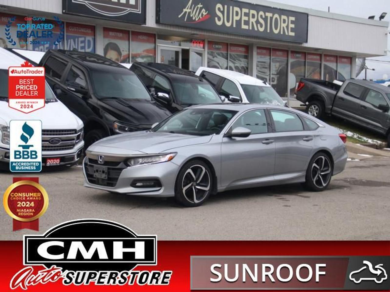 <b>LOADED SEDAN !! REAR CAMERA, ADAPTIVE CRUISE CONTROLS, LANE DEPARTURE, COLLISION SENSORS, PHONE PROJECTIONS, BLUETOOTH, STEERING WHEEL CONTROLS, SUNROOF, SPORT CLOTH, POWER DRIVER SEAT, HEATED SEATS, DUAL CLIMATE CONTROL, REMOTE START, 19-IN ALLOYS<br></b><br>  <br>CMH certifies that all vehicles meet DOUBLE the Ministry standards for Brakes and Tires<br><br> <br>    This  2018 Honda Accord Sedan is for sale today. <br> <br>The Honda Accord has a reputation for outperforming expectations. This all-new 2018 model continues that reputation by leading the mid-size sedan segment in comfort, technology, and style. Well-crafted inside and out, this Accord sets you apart from the crowd with its sharp exterior and comfortable interior youd expect in a more expensive car. The latest tech takes safety and entertainment to the next level giving you more confidence and peace of mind on the road. This  sedan has 117,455 kms. Its  silver in colour  . It has an automatic transmission and is powered by a  252HP 2.0L 4 Cylinder Engine. <br> <br> Our Accord Sedans trim level is Sport 2.0. The Sport trim adds some excitement to this well-appointed sedan. It comes with a lip spoiler, fog lamps, 19-inch aluminum wheels, a power sunroof, an AM/FM radio with Android Auto and Apple CarPlay, Bluetooth, a USB input, 10-speaker premium audio, collision mitigation braking, lane keeping assist, a rearview camera, leather/fabric seats which are heated in front, dual-zone automatic climate control, and more.<br> <br>To apply right now for financing use this link : <a href=https://www.cmhniagara.com/financing/ target=_blank>https://www.cmhniagara.com/financing/</a><br><br> <br/><br>Trade-ins are welcome! Financing available OAC ! Price INCLUDES a valid safety certificate! Price INCLUDES a 60-day limited warranty on all vehicles except classic or vintage cars. CMH is a Full Disclosure dealer with no hidden fees. We are a family-owned and operated business for over 30 years! o~o