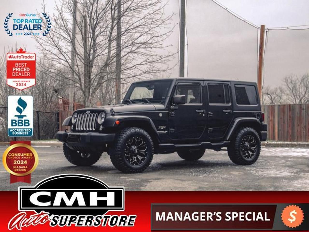 <b>V6 4X4 !! 4-DOOR HARDTOP !! NAVIGATION, BLUETOOTH, TOUCH SCREEN, STEERING WHEEL CONTROLS, CRUISE CONTROL, AUXILIARY + USB PORTS, HEATED FRONT SEATS, POWER GROUP, AIR CONDITIONING, REMOTE START, PREMIUM TIRES, 18-INCH FUEL ALLOY WHEELS</b><br>  <br>CMH certifies that all vehicles meet DOUBLE the Ministry standards for Brakes and Tires<br><br> <br>    This  2017 Jeep Wrangler Unlimited is for sale today. <br> <br>Iconic design has always been part of the Jeep family, and its never more obvious than with the 2017 Jeep Wrangler Unlimited. This four-door model offers exceptional capability with its Trail Rated status while providing the basic comforts that even hardcore adventurers want. No matter where you want to go, you can rely on this SUV to get you there.This  SUV has 147,000 kms. Its  black in colour  and is major accident free based on the <a href=https://vhr.carfax.ca/?id=XtuGjvX8alExvVVc/arHox0fYCePmFGZ target=_blank>CARFAX Report</a> . It has an automatic transmission and is powered by a  285HP 3.6L V6 Cylinder Engine. <br> <br> Our Wrangler Unlimiteds trim level is Sahara. The 2017 Jeep Wrangler Unlimited Sahara offers classic styling and focuses on functional design with a heavy duty suspension, aluminum wheels, side steps, body-color fender flares plus black heated power mirrors. Additional features include Bluetooth, SiriusXM, a leather-wrapped steering wheel, air conditioning, cruise control and much more.<br> To view the original window sticker for this vehicle view this <a href=http://www.chrysler.com/hostd/windowsticker/getWindowStickerPdf.do?vin=1C4BJWEG1HL572980 target=_blank>http://www.chrysler.com/hostd/windowsticker/getWindowStickerPdf.do?vin=1C4BJWEG1HL572980</a>. <br/><br> <br>To apply right now for financing use this link : <a href=https://www.cmhniagara.com/financing/ target=_blank>https://www.cmhniagara.com/financing/</a><br><br> <br/><br>Trade-ins are welcome! Financing available OAC ! Price INCLUDES a valid safety certificate! Price INCLUDES a 60-day limited warranty on all vehicles except classic or vintage cars. CMH is a Full Disclosure dealer with no hidden fees. We are a family-owned and operated business for over 30 years! o~o
