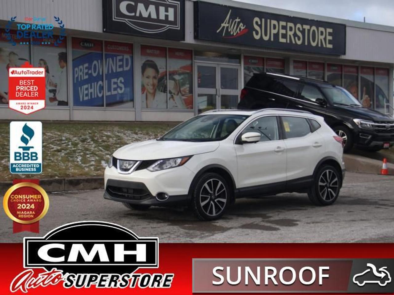 <b>LOADED AWD !! NAVIGATION, 360 CAMERA, LANE DEPARTURE, BLIND SPOT, ADAPTIVE CRUISE CONTROL, AUTO HIGH BEAM, BLUETOOTH, SUNROOF, LEATHER, POWER DRIVER SEAT, HEATED SEATS, HEATED STEERING WHEEL, DUAL CLIMATE CONTROL, REMOTE START, 19-INCH ALLOY WHEELS</b><br>  <br>CMH certifies that all vehicles meet DOUBLE the Ministry standards for Brakes and Tires<br><br> <br>    This  2017 Nissan Qashqai is for sale today. <br> <br>Take on adventures downtown and weekends out of town with progressive style and a commanding point of view. Merge into traffic with complete confidence. No detours, potholes, or street-parking-only restaurants can hold you back. This Nissan Qashqai is built around you, fit for your city. This  SUV has 131,843 kms. Its  white in colour  and is major accident free based on the <a href=https://vhr.carfax.ca/?id=wvjllyewJeUB7pD0Iz8k3WmorJmS/+4b target=_blank>CARFAX Report</a> . It has an automatic transmission and is powered by a  141HP 2.0L 4 Cylinder Engine. <br> <br> Our Qashqais trim level is SL Platinum. The SL Platinum trim adds safety tech to this luxurious ride. It comes with adaptive cruise control, automatic emergency braking, blind spot warning, navigation, all-wheel drive, leather seats which are heated in front, Bluetooth, SiriusXM, a rearview camera, a heated, leather-wrapped steering wheel, remote engine start system with intelligent climate control, a power sliding moonroof, and more.<br> <br>To apply right now for financing use this link : <a href=https://www.cmhniagara.com/financing/ target=_blank>https://www.cmhniagara.com/financing/</a><br><br> <br/><br>Trade-ins are welcome! Financing available OAC ! Price INCLUDES a valid safety certificate! Price INCLUDES a 60-day limited warranty on all vehicles except classic or vintage cars. CMH is a Full Disclosure dealer with no hidden fees. We are a family-owned and operated business for over 30 years! o~o