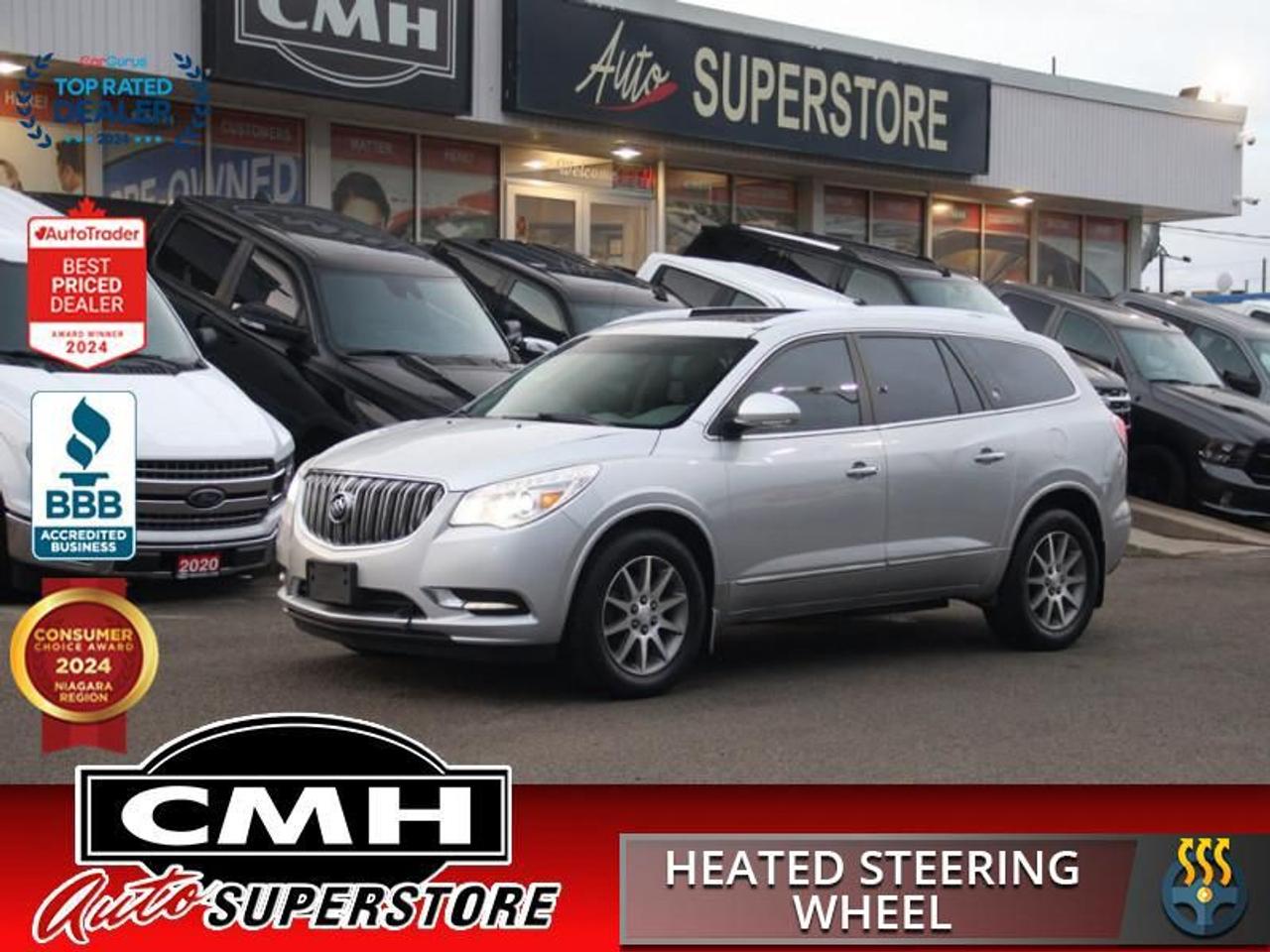 <b>LOADED AWD !! GREAT MILEAGE !! NAVIGATION, REAR CAMERA, PARK SENSORS, BLUETOOTH, PANORAMIC SUNROOF, LEATHER, POWER DRIVER SEAT W/ MEMORY, HEATED SEATS, HEATED STEERING WHEEL, DUAL CLIMATE CONTROL, POWER LIFTGATE, MIDDLE ROW CAPTAIN CHAIRS, 19-IN ALLOYS</b><br>  <br>CMH certifies that all vehicles meet DOUBLE the Ministry standards for Brakes and Tires<br><br> <br>    This  2015 Buick Enclave is for sale today. <br> <br>With luxurious appointments and features, the Enclave is an upscale family hauler that easily rivals vehicles way outside its price class|The Buick Enclave is the SUV built for families with discerning taste and need for space.|Buick offers a luxurious three row SUV with the Enclave.|Technology, luxury, and safety all come standard on the spacious Buick Enclave.|This  SUV has 139,229 kms. Its  silver in colour  and is major accident free based on the <a href=https://vhr.carfax.ca/?id=/w5nJUovd8i3lAbzG0jPAE+n4zQGglWv target=_blank>CARFAX Report</a> . It has an automatic transmission and is powered by a  288HP 3.6L V6 Cylinder Engine. <br> <br>To apply right now for financing use this link : <a href=https://www.cmhniagara.com/financing/ target=_blank>https://www.cmhniagara.com/financing/</a><br><br> <br/><br>Trade-ins are welcome! Financing available OAC ! Price INCLUDES a valid safety certificate! Price INCLUDES a 60-day limited warranty on all vehicles except classic or vintage cars. CMH is a Full Disclosure dealer with no hidden fees. We are a family-owned and operated business for over 30 years! o~o