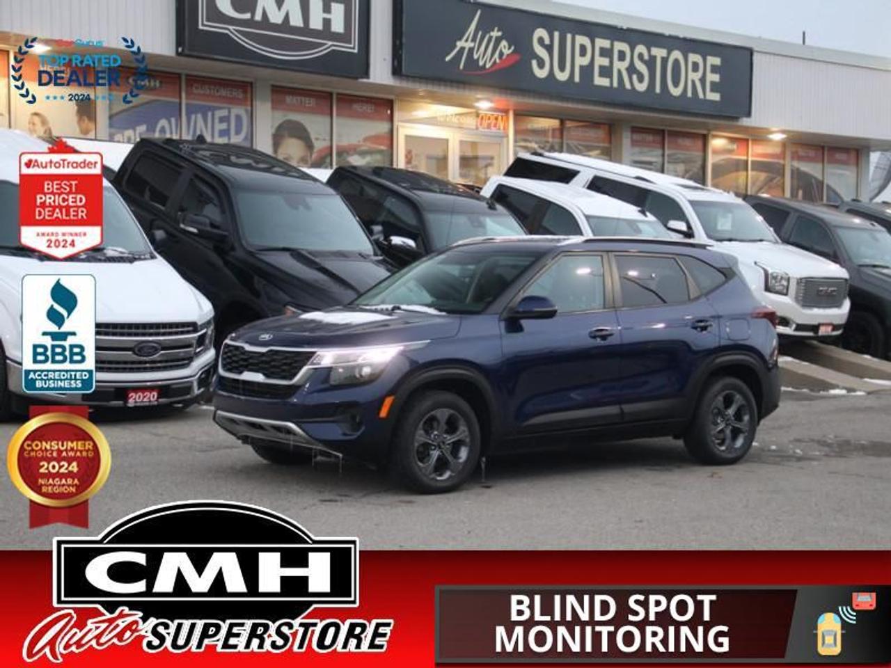 <b>GREAT FUEL ECONOMY !! REAR CAMERA, BLIND SPOT MONITORING, CROSS TRAFFIC ALERT, APPLE CARPLAY, ANDROID AUTO, BLUETOOTH, TOUCH DISPLAY SCREEN, STEERING WHEEL CONTROLS, CRUISE CONTROL, HEATED FRONT SEATS, 16-INCH ALLOY WHEELS</b><br>  <br>CMH certifies that all vehicles meet DOUBLE the Ministry standards for Brakes and Tires<br><br> <br>    This  2021 Kia Seltos is for sale today. <br> <br>In a world of subcompact SUVs it gets harder and harder to stand out, but this truly unique Kia Seltos manages to make an impact without venturing too far from conventional style. Full of rugged and ready capability, you can rest assured that this Kia Seltos is ready for your next adventure, but that capability doesnt come at the sacrifice of on road comfort. This Kia Seltos is the new face of adventure in a world of sameness.This  SUV has 137,646 kms. Its  blue in colour  and is major accident free based on the <a href=https://vhr.carfax.ca/?id=Ziy7tMxz7FiHICKMjeI93FdsmJN04QIW target=_blank>CARFAX Report</a> . It has an automatic transmission and is powered by a  146HP 2.0L 4 Cylinder Engine. <br> <br> Our Seltoss trim level is LX. This edgy compact SUV comes with an 8 inch color touchscreen, Android Auto, Apple CarPlay, heated seats, remote keyless entry, blind spot warning, alloy wheels, heated power side mirrors with turn signals, and front fog lamps.<br> <br>To apply right now for financing use this link : <a href=https://www.cmhniagara.com/financing/ target=_blank>https://www.cmhniagara.com/financing/</a><br><br> <br/><br>Trade-ins are welcome! Financing available OAC ! Price INCLUDES a valid safety certificate! Price INCLUDES a 60-day limited warranty on all vehicles except classic or vintage cars. CMH is a Full Disclosure dealer with no hidden fees. We are a family-owned and operated business for over 30 years! o~o