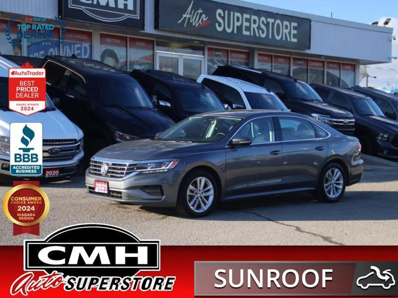 <b>GREAT FEATURES !! REAR CAMERA, CROSS TRAFFIC ALERT, BLIND SPOT, COLLISION SENSORS, ADAPTIVE CRUISE CONTROL, APPLE CARPLAY, ANDROID AUTO, SUNROOF, LEATHER, HEATED SEATS, DUAL CLIMATE CONTROL, REMOTE START, PROXIMITY KEY, BUTTON START, 17-INCH ALLOYS</b><br>  <br>CMH certifies that all vehicles meet DOUBLE the Ministry standards for Brakes and Tires<br><br> <br>    This  2021 Volkswagen Passat is for sale today. <br> <br>This  sedan has 84,925 kms. Its  gray in colour  and is major accident free based on the <a href=https://vhr.carfax.ca/?id=V7drFNgrSXYwW4KeQMAAMSKZhwdXFRtm target=_blank>CARFAX Report</a> . It has an automatic transmission and is powered by a  174HP 2.0L 4 Cylinder Engine. <br> <br> Our Passats trim level is Highline. This Passat Highline takes style and comfort to the next level with larger alloy wheels, autonomous emergency braking, rear traffic alert and a blind spot monitor. You will also get heated front seats, Climatronic dual zone climate control and leatherette seating surfaces. Infotainment is everything youd expect with Android Auto, Apple CarPlay, SiriusXM, App-Connect smartphone integration and a 6 inch touchscreen to control it all. The interior is comfy and well appointed with a leather steering wheel, proximity key for push button start and a remote engine start for those cold winter days.<br> <br>To apply right now for financing use this link : <a href=https://www.cmhniagara.com/financing/ target=_blank>https://www.cmhniagara.com/financing/</a><br><br> <br/><br>Trade-ins are welcome! Financing available OAC ! Price INCLUDES a valid safety certificate! Price INCLUDES a 60-day limited warranty on all vehicles except classic or vintage cars. CMH is a Full Disclosure dealer with no hidden fees. We are a family-owned and operated business for over 30 years! o~o