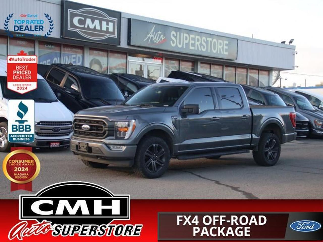 <b>3.5L V6 ECOBOOST !! CREW 4X4 !! REAR CAMERA, PARKING SENSORS, BLIND SPOT, LANE KEEPING, COLLISION SENSORS, APPLE CARPLAY, ANDROID AUTO, BUCKETS, POWER DRIVER SEAT, HEATED SEATS, REMOTE START, POWER SLIDING REAR WINDOW, TOW PACKAGE, 20-INCH ALLOYS</b><br>  <br>CMH certifies that all vehicles meet DOUBLE the Ministry standards for Brakes and Tires<br><br> <br>    This  2022 Ford F-150 is for sale today. <br> <br>The perfect truck for work or play, this versatile Ford F-150 gives you the power you need, the features you want, and the style you crave! With high-strength, military-grade aluminum construction, this F-150 cuts the weight without sacrificing toughness. The interior design is first class, with simple to read text, easy to push buttons and plenty of outward visibility. With productivity at the forefront of design, the F-150 makes use of every single component was built to get the job done right!This  Crew Cab 4X4 pickup  has 165,294 kms. Its  grey in colour  . It has an automatic transmission and is powered by a  400HP 3.5L V6 Cylinder Engine. <br> <br> Our F-150s trim level is XLT. Upgrading to the class leader, this Ford F-150 XLT comes very well equipped with remote keyless entry and remote engine start, dynamic hitch assist, Ford Co-Pilot360 that features lane keep assist, pre-collision assist and automatic emergency braking. Enhanced features include aluminum wheels, chrome exterior accents, SYNC 3 with enhanced voice recognition, Apple CarPlay and Android Auto, FordPass Connect 4G LTE, steering wheel mounted cruise control, a powerful audio system, cargo box lights, power door locks and a rear view camera to help when backing out of a tight spot.<br> To view the original window sticker for this vehicle view this <a href=http://www.windowsticker.forddirect.com/windowsticker.pdf?vin=1FTFW1E84NFB72050 target=_blank>http://www.windowsticker.forddirect.com/windowsticker.pdf?vin=1FTFW1E84NFB72050</a>. <br/><br> <br>To apply right now for financing use this link : <a href=https://www.cmhniagara.com/financing/ target=_blank>https://www.cmhniagara.com/financing/</a><br><br> <br/><br>Trade-ins are welcome! Financing available OAC ! Price INCLUDES a valid safety certificate! Price INCLUDES a 60-day limited warranty on all vehicles except classic or vintage cars. CMH is a Full Disclosure dealer with no hidden fees. We are a family-owned and operated business for over 30 years! o~o