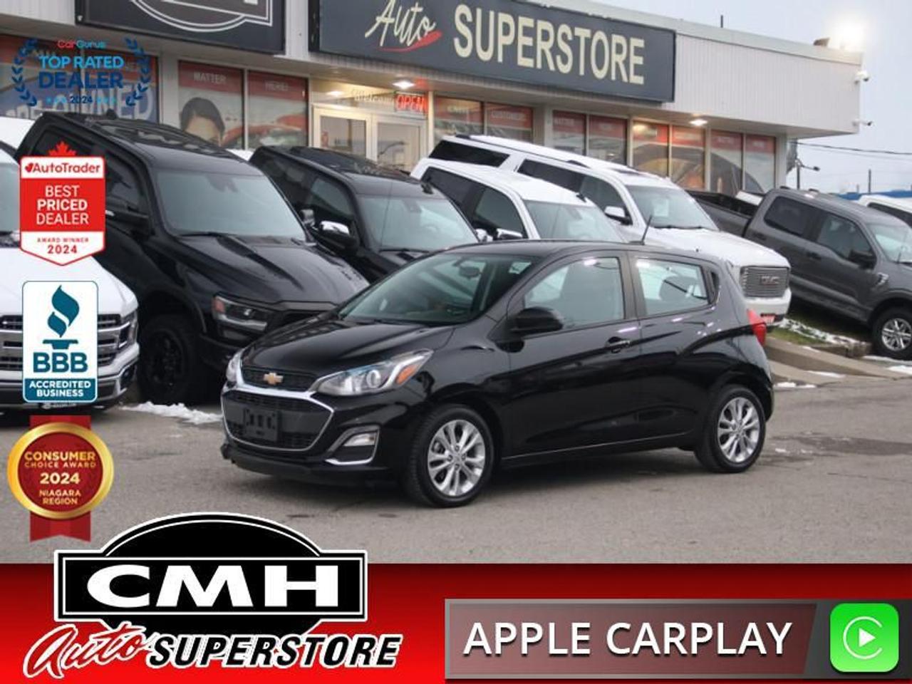 <b>NO ACCIDENTS !! AUTOMATIC HATCHBACK !! REAR CAMERA, APPLE  CARPLAY, ANDROID AUTO, BLUETOOTH, USB PORT, USB-C PORT, TOUCH DISPLAY SCREEN, STEERING WHEEL CONTROLS, CRUISE CONTROLS, POWER GROUP, AIR CONDITIONING, 15-INCH ALLOY WHEELS</b><br>  <br>CMH certifies that all vehicles meet DOUBLE the Ministry standards for Brakes and Tires<br><br> <br>    This  2021 Chevrolet Spark is for sale today. <br> <br>The 2021 Chevrolet Spark is the perfect car for any city commuter. It is agile, fun to drive and perfect for navigating through busy city streets or parking in that great spot that might be too tight a larger SUV. The interior is surprisingly spacious and offers plenty of cargo room plus it comes loaded with some technology to make your drive even better. This  hatchback has 101,528 kms. Its  mosaic black metallic in colour  and is major accident free based on the <a href=https://vhr.carfax.ca/?id=w+Gwv7PXJbNNulRMf7i+0o1gSm2unqYG target=_blank>CARFAX Report</a> . It has an automatic transmission and is powered by a  98HP 1.4L 4 Cylinder Engine. <br> <br> Our Sparks trim level is LT. This amazing compact car comes with stylish aluminum wheels, a 7 inch colour touchscreen display featuring Android Auto and Apple CarPlay capability plus it also comes with Chevrolet MyLink and SiriusXM radio, a built in rear vision camera and bluetooth streaming audio. Additional features on this upgraded trim include cruise and audio controls on the steering wheel, remote keyless entry, a 60/40 split rear seat, air conditioning and it also comes with LED signature lighting and OnStar via Chevrolet Connected Access.<br> <br>To apply right now for financing use this link : <a href=https://www.cmhniagara.com/financing/ target=_blank>https://www.cmhniagara.com/financing/</a><br><br> <br/><br>Trade-ins are welcome! Financing available OAC ! Price INCLUDES a valid safety certificate! Price INCLUDES a 60-day limited warranty on all vehicles except classic or vintage cars. CMH is a Full Disclosure dealer with no hidden fees. We are a family-owned and operated business for over 30 years! o~o