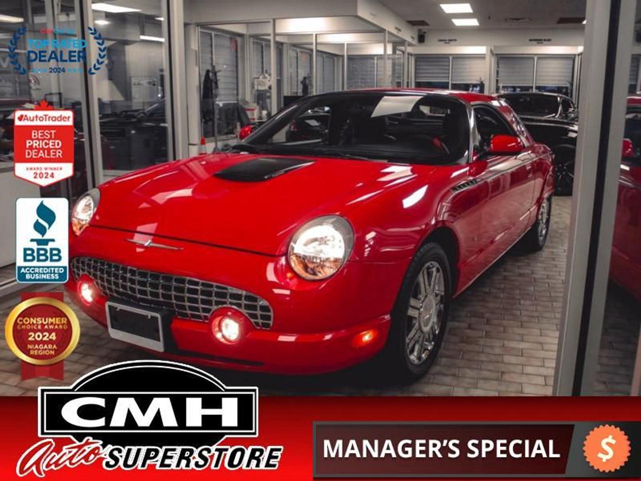 <b>ONLY 85,000 KMS !! 3.9L V8 !! CONVERTIBLE (REMOVABLE ROOF), STEERING WHEEL CONTROLS, CRUISE CONTROL, LEATHER, POWER SEATS, HEATED SEATS, DUAL CLIMATE CONTROL, POWER ADJUSTABLE STEERING COLUMN, WHEEL ARCHES, HOOD SCOOP, CHROME GRILL, 17-INCH ALLOYS</b><br>  <br>CMH certifies that all vehicles meet DOUBLE the Ministry standards for Brakes and Tires<br><br> <br>    This  2004 Ford Thunderbird is for sale today. <br> <br>This  convertible has 84,049 kms. Its  red in colour  . It has an automatic transmission and is powered by a  274HP 3.9L 8 Cylinder Engine. <br> <br>To apply right now for financing use this link : <a href=https://www.cmhniagara.com/financing/ target=_blank>https://www.cmhniagara.com/financing/</a><br><br> <br/><br>Trade-ins are welcome! Financing available OAC ! Price INCLUDES a valid safety certificate! Price INCLUDES a 60-day limited warranty on all vehicles except classic or vintage cars. CMH is a Full Disclosure dealer with no hidden fees. We are a family-owned and operated business for over 30 years! o~o
