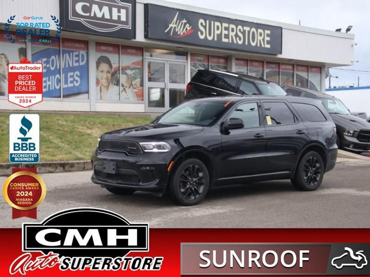 <b>NICELY EQUIPPED !! 4WD !! NAVIGATION, REAR CAMERA, PARKING SENSORS, BLIND SPOT, RAIN SENSING WIPERS, APPLE CARPLAY, SUNROOF, POWER DRIVER SEAT, HEATED SEATS, HEATED STEERING WHEEL, 6 PASSENGER, CAPTAIN CHAIRS, POWER LIFTGATE, REMOTE START, 20-INCH ALLOYS</b><br>  <br>CMH certifies that all vehicles meet DOUBLE the Ministry standards for Brakes and Tires<br><br> <br>    This  2022 Dodge Durango is for sale today. <br> <br>Filled with impressive standard features, this family friendly 2022 Dodge Durango is a surprising and adventurous SUV. Versatile as they come, you can manage any road you find in comfort and style, while effortlessly leading the pack in this Dodge Durango. For a capable, impressive, and versatile family SUV that can still climb mountains, this Dodge Durango is ready for your familys next big adventure.This  SUV has 148,669 kms. Its  black in colour  and is major accident free based on the <a href=https://vhr.carfax.ca/?id=uW3vqtvPd2HoJrCziUyKZxoIdvhffD5K target=_blank>CARFAX Report</a> . It has an automatic transmission and is powered by a  293HP 3.6L V6 Cylinder Engine. <br> <br> Our Durangos trim level is SXT Blacktop. With a heated steering wheel and heated seats keeping your cabin comfy and cozy while your Uconnect 4 system with Android Auto and Apple CarPlay plays all your favorite tunes, every drive is a refreshing experience in this Durango SXT. Remote keyless entry and rain sensing wipers provide a high level of convenience in this SUV. Parking sensors, blind spot detection, and a rear view camera help you drive this full size SUV in the tightest parking lots, while chrome trim, fog lamps, and aluminum wheels offer tons of style. <br> To view the original window sticker for this vehicle view this <a href=http://www.chrysler.com/hostd/windowsticker/getWindowStickerPdf.do?vin=1C4RDJAG9NC156525 target=_blank>http://www.chrysler.com/hostd/windowsticker/getWindowStickerPdf.do?vin=1C4RDJAG9NC156525</a>. <br/><br> <br>To apply right now for financing use this link : <a href=https://www.cmhniagara.com/financing/ target=_blank>https://www.cmhniagara.com/financing/</a><br><br> <br/><br>Trade-ins are welcome! Financing available OAC ! Price INCLUDES a valid safety certificate! Price INCLUDES a 60-day limited warranty on all vehicles except classic or vintage cars. CMH is a Full Disclosure dealer with no hidden fees. We are a family-owned and operated business for over 30 years! o~o