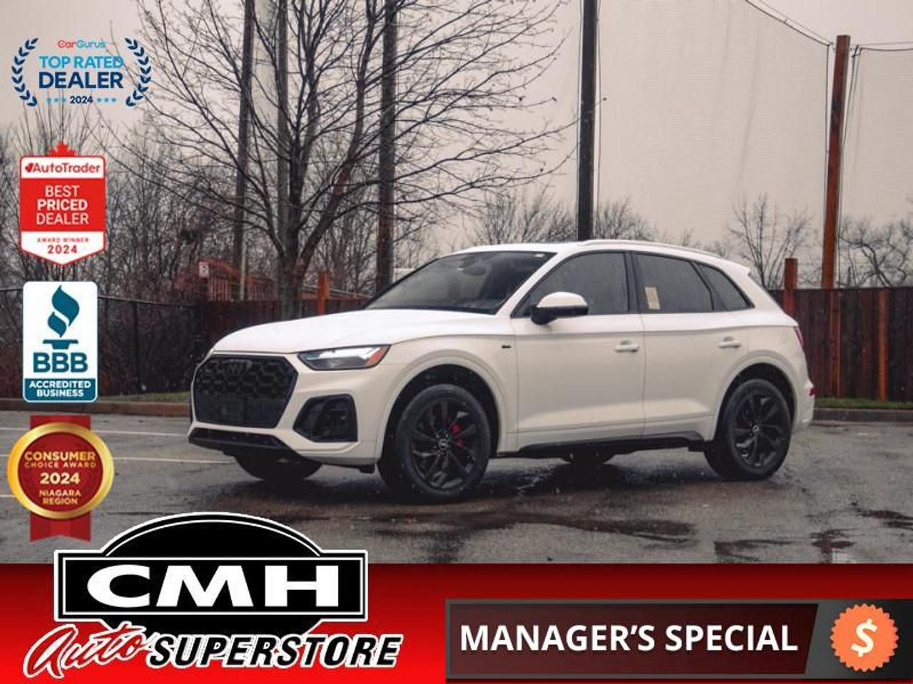 <b>S-LINE PACKAGE !! QUATTRO !! NAVIGATION, REAR CAMERA, BLIND SPOT, ADAPTIVE CRUISE CONTROL, LANE KEEPING, APPLE CARPLAY, PANORAMIC SUNROOF, LEATHER, POWER SEATS W/ DRIVER MEMORY, HEATED SEATS, HEATED STEERING WHEEL, POWER LIFTGATE, 19-INCH ALLOY WHEELS<br></b><br>  <br>CMH certifies that all vehicles meet DOUBLE the Ministry standards for Brakes and Tires<br><br> <br>    This  2021 Audi Q5 is for sale today. <br> <br>This 2021 Audi Q5 has gone through another batch of refinement, sporting all new components hidden away under the shapely body, and a refined interior, offering more room and excellent comfort, surrounding the passengers in a tech filled cabin that follows Audis new interior design language. This low mileage  SUV has just 49,978 kms. Its  white in colour  and is major accident free based on the <a href=https://vhr.carfax.ca/?id=fM3wILg327HqOHZxVbJLV2zNua0YnQMm target=_blank>CARFAX Report</a> . It has an automatic transmission and is powered by a  261HP 2.0L 4 Cylinder Engine. <br> <br> Our Q5s trim level is 45 Progressiv S-Line. This Progressiv trim adds a lot of luxury with a dual row sunroof, navigation, a heated leather steering wheel, driver memory settings, aluminum interior trim, automatic high beams, and front and rear parking sensors. This SUV is more than a simple family vehicle with luxury features like heated leather bucket seats with contrast stitching, a leather steering wheel, proximity key with push button start, proximity cargo access, and voice activated LCD touchscreen infotainment with wireless Apple CarPlay. The style continues on the exterior with a dual tailpipe, aluminum alloy wheels, programmable LED lighting, fog lamps, and perimeter lights. Drive in confident safety with lane departure warning, blind spot monitor, and a back up camera.<br> <br>To apply right now for financing use this link : <a href=https://www.cmhniagara.com/financing/ target=_blank>https://www.cmhniagara.com/financing/</a><br><br> <br/><br>Trade-ins are welcome! Financing available OAC ! Price INCLUDES a valid safety certificate! Price INCLUDES a 60-day limited warranty on all vehicles except classic or vintage cars. CMH is a Full Disclosure dealer with no hidden fees. We are a family-owned and operated business for over 30 years! o~o