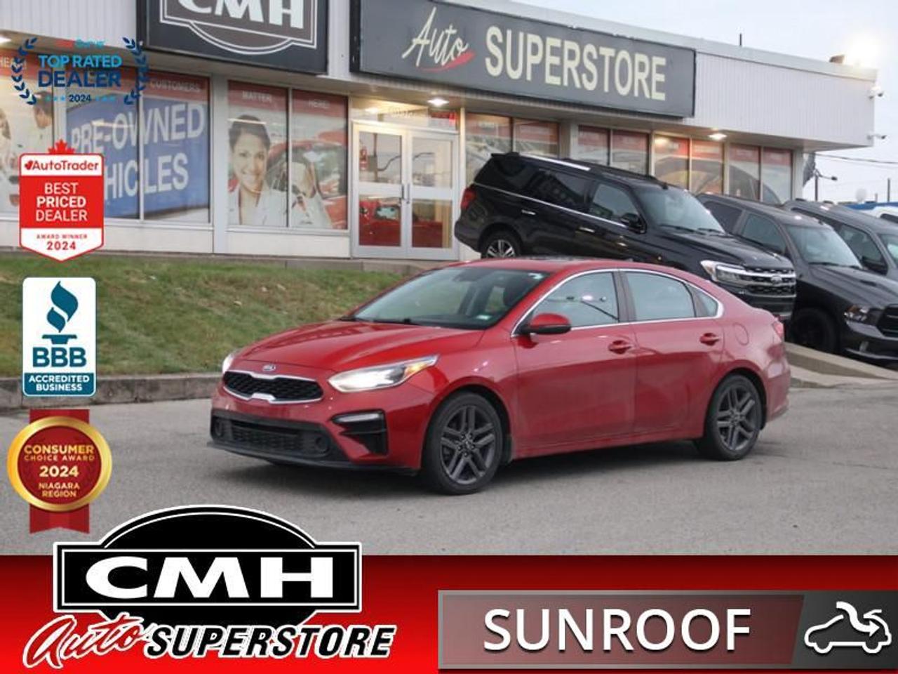 <b>GREAT FEATURES !! REAR CAMERA, BLIND SPOT, CROSS TRAFFIC ALERT, BLIND SPOT, LANE KEEPING, LANE DEPARTURE, APPLE CARPLAY, ANDROID AUTO, WIRELESS PHONE CHARGER, STEERING WHEEL CONTROLS, SUNROOF, HEATED SEATS, HEATED STEERING WHEEL, 17-IN ALLOYS</b><br>  <br>CMH certifies that all vehicles meet DOUBLE the Ministry standards for Brakes and Tires<br><br> <br>    This  2021 Kia Forte is for sale today. <br> <br>Very reminiscent of the flagship Stinger, this Kia Forte has the good looks to match its outstanding performance capabilities. With a spacious interior seldom found in a compact sedan, this Forte offers affordable practicality for a vibrant and active family. Further complementing the quality of this vehicle is the excellent fit and finish, both inside and out, allowing for a solid feeling regardless of the road surface or condition.This  sedan has 91,210 kms. Its  red in colour  and is major accident free based on the <a href=https://vhr.carfax.ca/?id=47g7DWNnOfG8JCmw/7kr559yjCjtrluS target=_blank>CARFAX Report</a> . It has an automatic transmission and is powered by a  147HP 2.0L 4 Cylinder Engine. <br> <br> Our Fortes trim level is EX+. This Kia Forte EX+ adds a sunroof, LED lighting with automatic high beam assist, LED taillights and larger aluminum wheels to the already incredible EX trim. Additional features include wireless charging, lane keep assistance, blind spot monitoring with rear cross traffic alert, driver attention alerts, forward collision avoidance assistance, heated front seats and steering wheel, leather wrapped steering wheel and shift knob and remote keyless entry. Infotainment is provided by an impressive system complete with an 8 inch display, Apple CarPlay, Android Auto, Bluetooth streaming audio and USB inputs.<br> <br>To apply right now for financing use this link : <a href=https://www.cmhniagara.com/financing/ target=_blank>https://www.cmhniagara.com/financing/</a><br><br> <br/><br>Trade-ins are welcome! Financing available OAC ! Price INCLUDES a valid safety certificate! Price INCLUDES a 60-day limited warranty on all vehicles except classic or vintage cars. CMH is a Full Disclosure dealer with no hidden fees. We are a family-owned and operated business for over 30 years! o~o