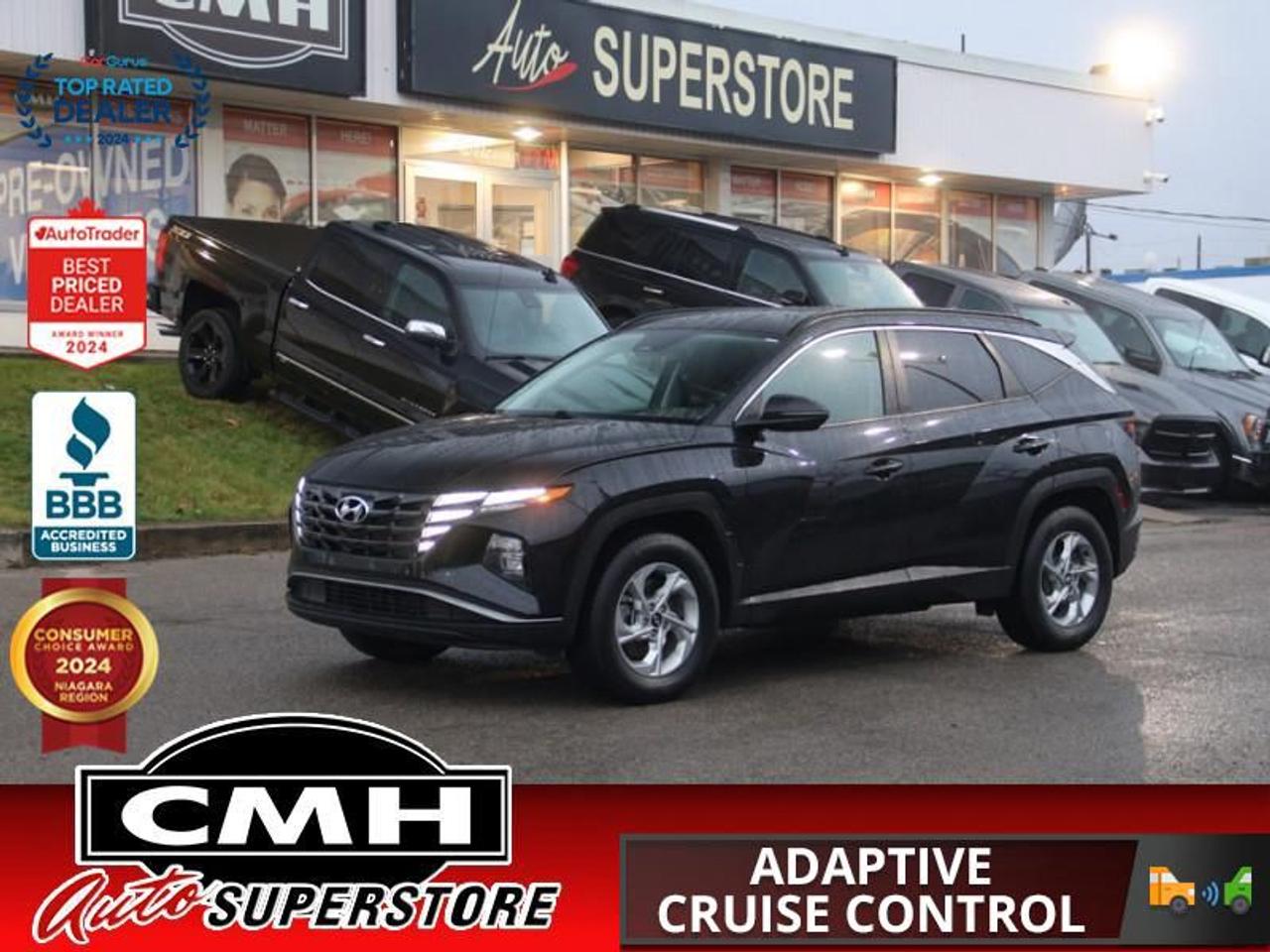 <b>ALL WHEEL DRIVE !! REAR CAMERA, LANE KEEPING, BLIND SPOT MONITORING, ADAPTIVE CRUISE CONTROL, COLLISION SENSORS, APPLE CARPLAY, ANDROID AUTO, STEERING WHEEL CONTROLS, HEATED FRONT SEATS, HEATED STEERING WHEEL, REMOTE START, 17-INCH ALLOY WHEELS<br> <br></b><br>  <br>CMH certifies that all vehicles meet DOUBLE the Ministry standards for Brakes and Tires<br><br> <br>    This  2022 Hyundai Tucson is for sale today. <br> <br>This 2022 Hyundai Tucson was made with eye for detail. From subtle surprises to bold design features, every part of this 2022 Hyundai Tucson is a treat. Stepping into the interior feels like a step right into the future with breathtaking technology and luxury that will make your smartphone jealous. Add on an intelligently capable chassis and drivetrain and you have the SUV of the future, ready for you today.This  SUV has 64,159 kms. Its  black in colour  and is major accident free based on the <a href=https://vhr.carfax.ca/?id=RgLfrUkvKHSUGZ/8xXDgj7wdsgBfNcF8 target=_blank>CARFAX Report</a> . It has an automatic transmission and is powered by a  187HP 2.5L 4 Cylinder Engine. <br> <br> Our Tucsons trim level is Preferred. This Tucson Preferred adds some surprising tech features like a heated steering wheel, heated seats, remote start, proximity keyless entry, distance pacing cruise with stop and go, and blind spot assist to make every drive easier. Additional features include voice activated touchscreen infotainment including wireless Android Auto and Apple CarPlay along with a Bluetooth hands free phone system. This SUV helps you keep your family safe with lane keep assist, forward collision avoidance assist, driver monitoring, remote keyless entry, and a rear view camera. <br> <br>To apply right now for financing use this link : <a href=https://www.cmhniagara.com/financing/ target=_blank>https://www.cmhniagara.com/financing/</a><br><br> <br/><br>Trade-ins are welcome! Financing available OAC ! Price INCLUDES a valid safety certificate! Price INCLUDES a 60-day limited warranty on all vehicles except classic or vintage cars. CMH is a Full Disclosure dealer with no hidden fees. We are a family-owned and operated business for over 30 years! o~o