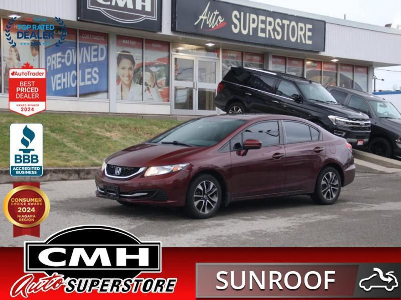 <b>AFFORDABLE AND RELIABLE !! REAR CAMERA, BLUETOOTH, USB PORT, STEERING WHEEL CONTROLS, CRUISE CONTROL, SUNROOF, HEATED FRONT SEATS, CLIMATE CONTROL, POWER WINDOWS, POWER LOCKS, POWER MIRRORS, AIR CONDITIONING, BUTTON START, 16-INCH ALLOY WHEELS</b><br>  <br>CMH certifies that all vehicles meet DOUBLE the Ministry standards for Brakes and Tires<br><br> <br>    This  2014 Honda Civic Sedan is for sale today. <br> <br>Loaded with numerous standard features to cater to your every need, the 2014 Honda Civic Sedan provides a pleasurable driving experience. This is the model to turn to if youre looking for efficient performance, cabin refinement and sleek styling. Premium safety also makes this model the ideal choice for families. This  sedan has 195,530 kms. Its  red in colour  . It has an automatic transmission and is powered by a  143HP 1.8L 4 Cylinder Engine. <br> <br>To apply right now for financing use this link : <a href=https://www.cmhniagara.com/financing/ target=_blank>https://www.cmhniagara.com/financing/</a><br><br> <br/><br>Trade-ins are welcome! Financing available OAC ! Price INCLUDES a valid safety certificate! Price INCLUDES a 60-day limited warranty on all vehicles except classic or vintage cars. CMH is a Full Disclosure dealer with no hidden fees. We are a family-owned and operated business for over 30 years! o~o