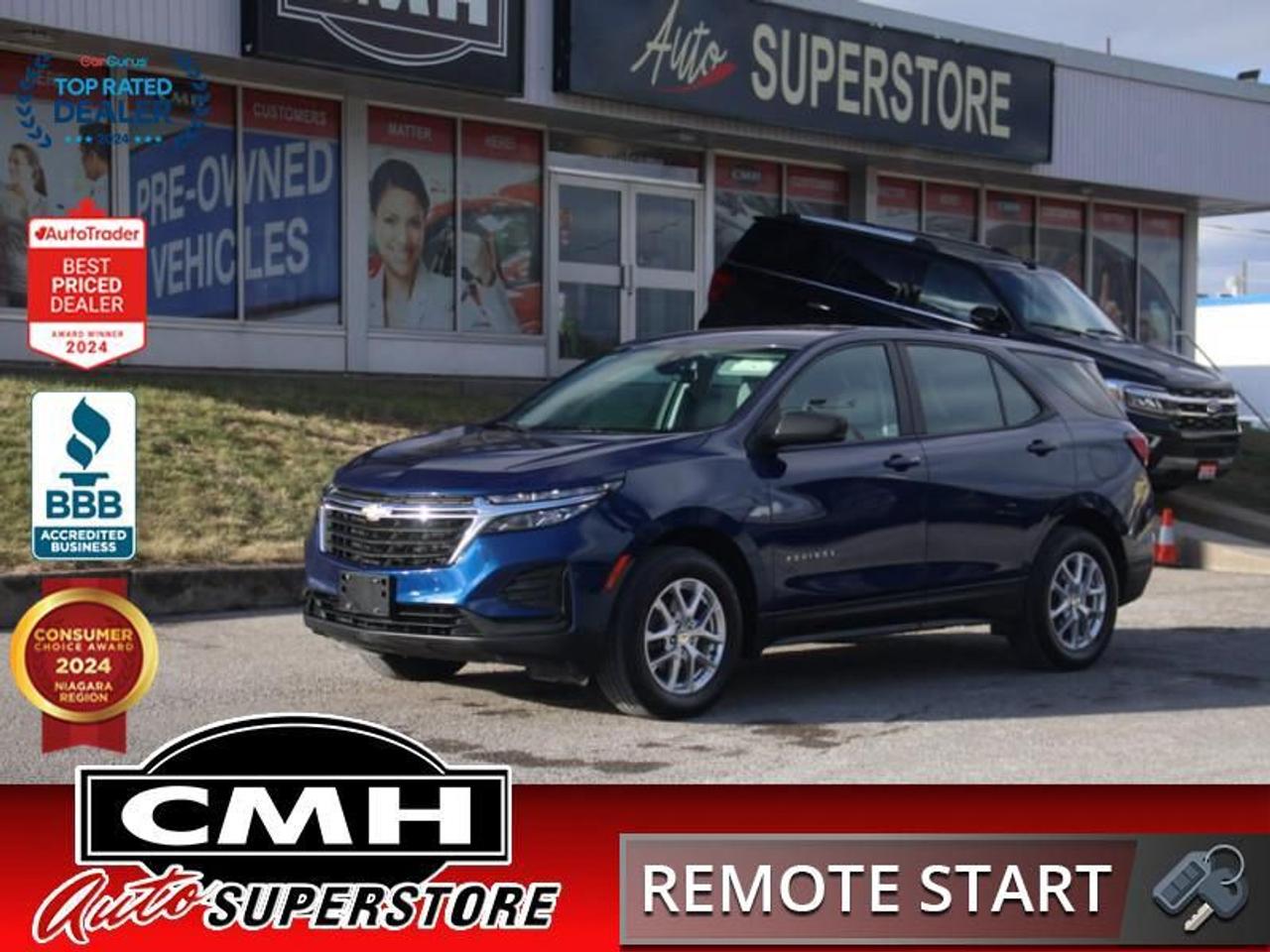 <b>ALL WHEEL DRIVE !! REAR CAMERA, COLLISION SENSORS, PEDESTRIAN DETECTION, LANE SENSING, AUTO HIGH BEAM, APPLE CARPLAY, ANDROID AUTO, BLUETOOTH, STEERING WHEEL CONTROLS, HEATED FRONT SEATS, REMOTE START, PROXIMITY KEY, BUTTON START, 17-IN ALLOYS</b><br>  <br>CMH certifies that all vehicles meet DOUBLE the Ministry standards for Brakes and Tires<br><br> <br>    This  2022 Chevrolet Equinox is for sale today. <br> <br>When Chevrolet designed the Equinox, they got every detail just right. Its the perfect size - roomy without being too big. This compact SUV pairs eye-catching style with a spacious and versatile cabin thats been thoughtfully designed to put you at the centre of attention. This mid size crossover also comes packed with desirable technology and safety features. This Equinox is more than just a pretty face. Inside, the cabin offers smart features designed to put you at the center of everything. For a mid sized SUV, its hard to beat this Chevrolet Equinox. This  SUV has 95,419 kms. Its  blue in colour  and is major accident free based on the <a href=https://vhr.carfax.ca/?id=mogX1uwxUXtU9mwog6SyGTswKlTem1E3 target=_blank>CARFAX Report</a> . It has an automatic transmission and is powered by a  170HP 1.5L 4 Cylinder Engine. <br> <br> Our Equinoxs trim level is LS. This Equinox LS comes loaded with aluminum wheels, a 7 inch touchscreen display with wireless Apple CarPlay and Android Auto, active aero shutters for better fuel economy and LED headlamps. It also has a remote engine start, a rear view camera, 4G WiFi capability, steering wheel with audio and cruise controls, power heated side mirrors, lane keep assist and lane departure warning, forward collision alert, forward automatic emergency braking and pedestrian detection. You will also get Bluetooth streaming audio, StabiliTrak electronic stability control and a split folding rear seat to make loading and unloading large objects a breeze!<br> <br>To apply right now for financing use this link : <a href=https://www.cmhniagara.com/financing/ target=_blank>https://www.cmhniagara.com/financing/</a><br><br> <br/><br>Trade-ins are welcome! Financing available OAC ! Price INCLUDES a valid safety certificate! Price INCLUDES a 60-day limited warranty on all vehicles except classic or vintage cars. CMH is a Full Disclosure dealer with no hidden fees. We are a family-owned and operated business for over 30 years! o~o