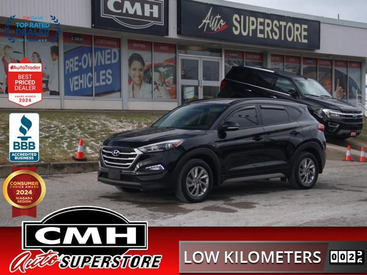 <b>ONLY 50,000 KMS !! AWD !! REAR CAMERA, BLIND SPOT MONITORING, BLUETOOTH, STEERING WHEEL CONTROLS, CRUISE CONTROL, LEATHER, POWER DRIVER SEAT, 4X HEATED SEATS, HEATED STEERING WHEEL, DUAL ZONE CLIMATE CONTROL, 17-INCH ALLOY WHEELS</b><br>  <br>CMH certifies that all vehicles meet DOUBLE the Ministry standards for Brakes and Tires<br><br> <br>    This  2017 Hyundai Tucson is for sale today. <br> <br>Out of all of your options for a compact crossover, this Hyundai Tucson stands out in a big way. The bold look, refined interior, and amazing versatility make it a capable, eager vehicle thats up for anything. It doesnt hurt that it comes with generous standard features and technology. For comfort, technology, and economy in one stylish package, look no further than this versatile Hyundai Tucson. This low mileage  SUV has just 49,618 kms. Its  black in colour  and is major accident free based on the <a href=https://vhr.carfax.ca/?id=qwo8x6Z7LG7Ze0MbLYNCLIaFwiBB92cY target=_blank>CARFAX Report</a> . It has an automatic transmission and is powered by a  164HP 2.0L 4 Cylinder Engine. <br> <br> Our Tucsons trim level is SE. This versatile Tucson SE is an outstanding value. It comes with a five-inch color touchscreen audio display, SiriusXM, a rear view camera, a Bluetooth hands-free phone system, air conditioning, automatic headlights, power windows, power door locks with remote keyless entry, 60/40 split folding back seats, aluminum wheels, and more.<br> <br>To apply right now for financing use this link : <a href=https://www.cmhniagara.com/financing/ target=_blank>https://www.cmhniagara.com/financing/</a><br><br> <br/><br>Trade-ins are welcome! Financing available OAC ! Price INCLUDES a valid safety certificate! Price INCLUDES a 60-day limited warranty on all vehicles except classic or vintage cars. CMH is a Full Disclosure dealer with no hidden fees. We are a family-owned and operated business for over 30 years! o~o