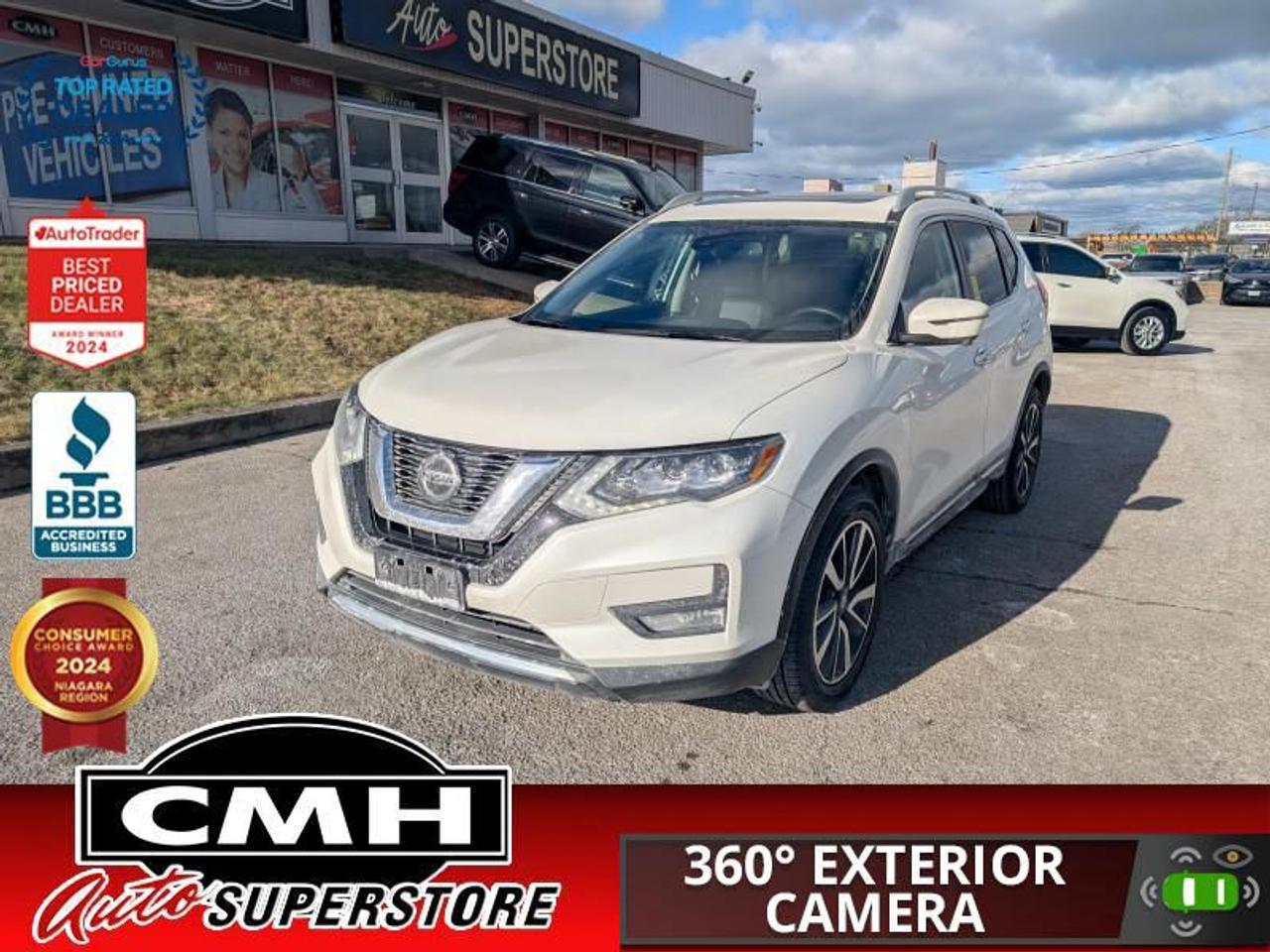 <b>LOADED AWD !! 360 CAMERA, PARK SENSORS, ADAPTIVE CRUISE, STEERING ASSIST, LANE KEEPING, BLIND SPOT, APPLE CARPLAY, ANDROID AUTO, ADAPTIVE CRUISE CONTROL, LEATHER, PANORAMIC SUNROOF, HEATED SEATS, REMOTE START, POWER LIFTGATE, 19-INCH ALLOY WHEELS<br> <br></b><br>  <br>CMH certifies that all vehicles meet DOUBLE the Ministry standards for Brakes and Tires<br><br> <br>    This  2020 Nissan Rogue is for sale today. <br> <br>With unbeatable value in stylish and attractive package, the Nissan Rogue is built to be the new SUV for the modern buyer. Big on passenger room, cargo space, and awesome technology, the 2020 Nissan Rogue is ready for the next generation of SUV owners. If you demand more from your vehicle, the Nissan Rogue is ready to satisfy with safety, technology, and refined quality. This  SUV has 80,459 kms. Its  white in colour  . It has an automatic transmission and is powered by a  170HP 2.5L 4 Cylinder Engine. <br> <br> Our Rogues trim level is AWD SL. This Rogue SL is as safe as it gets with intelligent trace control, active ride control, intelligent engine braking, forward collision warning with automatic emergency braking and pedestrian detection, moving object detection, lane departure warning with emergency intervention, intelligent adaptive cruise control, rear emergency braking and collision intervention, rear sonar, Nissan ProPILOT ASSIST, and blind spot warning. Style and comfort abound with aluminum wheels, LED lighting, high beam assist, fog lights, heated power side mirrors with turn signals, hands free liftgate, power sunroof, remote start with preheating/precooling, Advanced Drive-Assist, AroundView 360 degree camera, remote keyless entry, heated leather steering wheel, mood lighting, heated leather memory seats, a 7 inch touchscreen, navigation, NissanConnect, Apple CarPlay and Android Auto, SiriusXM, Bluetooth, and Bose premium audio.<br> <br>To apply right now for financing use this link : <a href=https://www.cmhniagara.com/financing/ target=_blank>https://www.cmhniagara.com/financing/</a><br><br> <br/><br>Trade-ins are welcome! Financing available OAC ! Price INCLUDES a valid safety certificate! Price INCLUDES a 60-day limited warranty on all vehicles except classic or vintage cars. CMH is a Full Disclosure dealer with no hidden fees. We are a family-owned and operated business for over 30 years! o~o