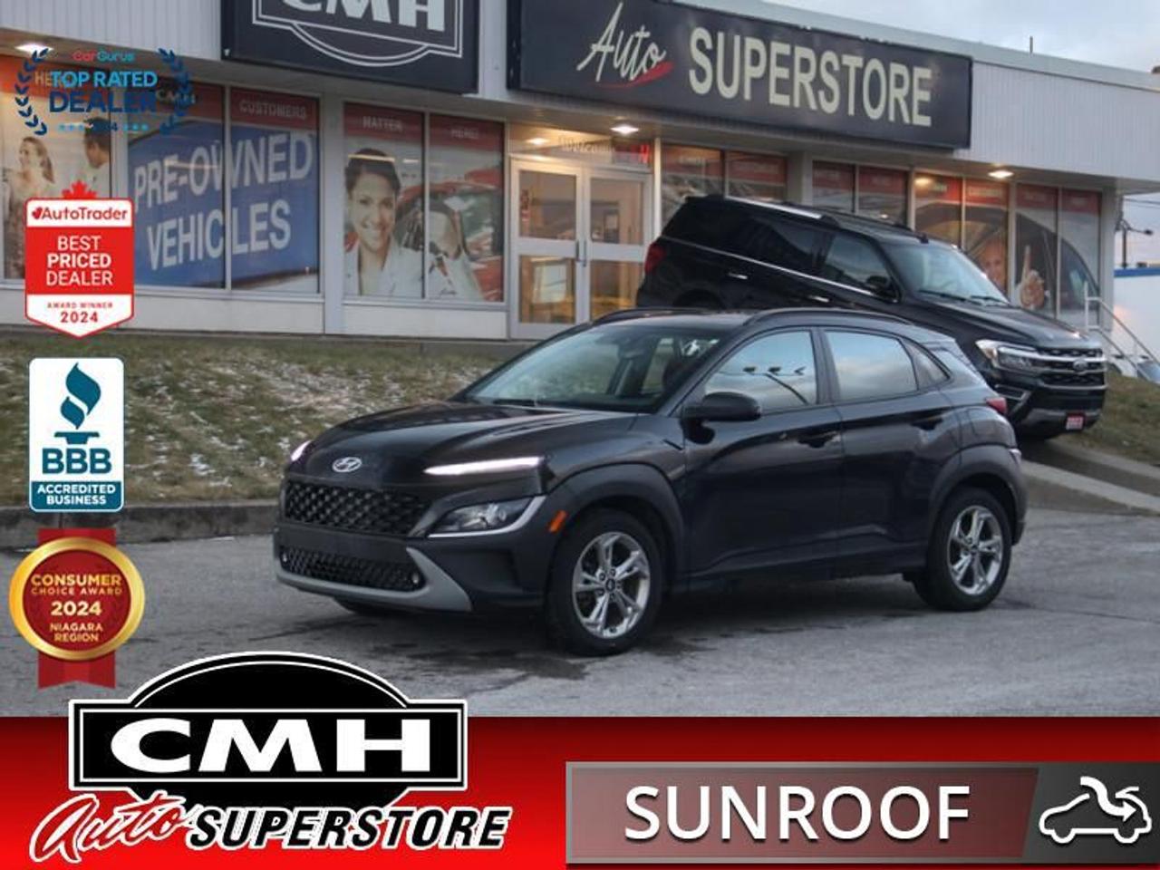 <b>GREAT FEATURES !! ALL WHEEL DRIVE !! REAR CAMERA, BLIND SPOT MONITORING, CROSS TRAFFIC ALERT, APPLE CARPLAY, ANDROID AUTO, SUNROOF, HEATED FRONT SEATS, HEATED STEERING WHEEL, REMOTE START, PROXIMITY KEY, BUTTON START, 17-INCH ALLOY WHEELS</b><br>  <br>CMH certifies that all vehicles meet DOUBLE the Ministry standards for Brakes and Tires<br><br> <br>    This  2022 Hyundai Kona is for sale today. <br> <br>With more versatility than its tiny stature lets on, this Kona is ready to prove that big things can come in small packages. With an incredibly long feature list, this Kona is incredibly safe and comfortable, compatible with just about anything, and ready for lifes next big adventure. For distilled perfection in the busy crossover SUV segment, this Kona is the obvious choice.This  SUV has 101,681 kms. Its  phantom black in colour  and is major accident free based on the <a href=https://vhr.carfax.ca/?id=UUe1CVhF7Wn/X3F+I/PKNT8hJM3diG3H target=_blank>CARFAX Report</a> . It has an automatic transmission and is powered by a  147HP 2.0L 4 Cylinder Engine. <br> <br>To apply right now for financing use this link : <a href=https://www.cmhniagara.com/financing/ target=_blank>https://www.cmhniagara.com/financing/</a><br><br> <br/><br>Trade-ins are welcome! Financing available OAC ! Price INCLUDES a valid safety certificate! Price INCLUDES a 60-day limited warranty on all vehicles except classic or vintage cars. CMH is a Full Disclosure dealer with no hidden fees. We are a family-owned and operated business for over 30 years! o~o
