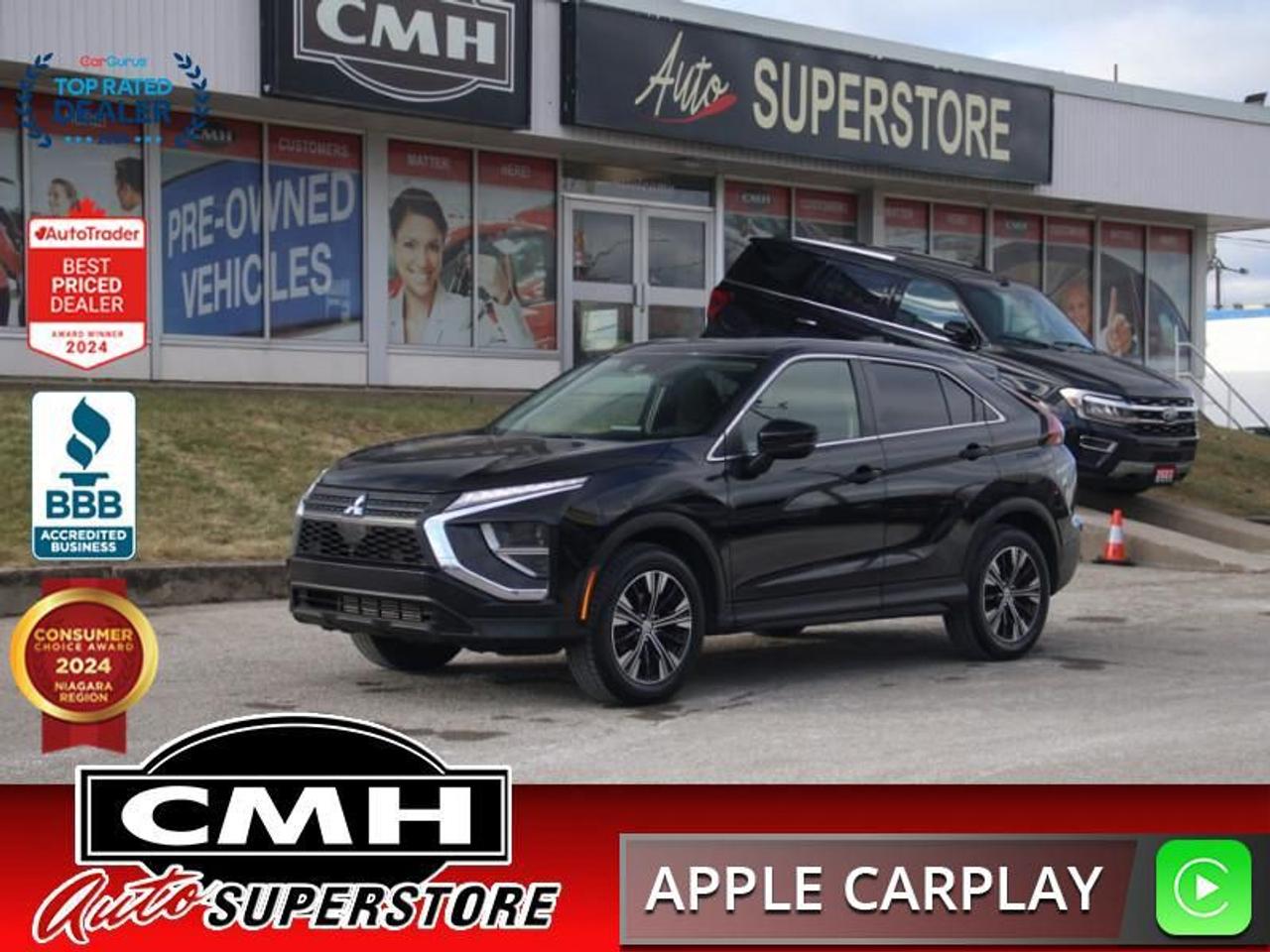 <b>ALL WHEEL DRIVE !! REAR CAMERA, COLLISION SENSORS, APPLE CARPLAY, ANDROID AUTO, BLUETOOTH, USB PORTS, STEERING WHEEL CONTROLS, CRUISE CONTROL, HEATED FRONT SEATS, CLIMATE CONTROL, POWER GROUP, AIR CONDITIONING, 18-INCH ALLOY WHEELS<br></b><br>  <br>CMH certifies that all vehicles meet DOUBLE the Ministry standards for Brakes and Tires<br><br> <br>    This  2022 Mitsubishi Eclipse Cross is for sale today. <br> <br>The sharply sculpted character line creates the appearance that this redesigned Eclipse Cross was carved from a single block of metal. With a gorgeous profile, aggressive front end styling and sculpted body lines, the Mitsubishi Eclipse Cross is ready to turn heads. This compact SUV is definitely not generic, with futuristic technology, a fuel efficient yet powerful motor, and an intelligent drivetrain with adaptable handling. If you need next level tech and irresistible style, look no further than this impressive Mitsubishi Eclipse Cross. This  SUV has 109,786 kms. Its  tarmac black pearl in colour  . It has an automatic transmission and is powered by a  152HP 1.5L 4 Cylinder Engine. <br> <br> Our Eclipse Crosss trim level is ES. This stunning crossover comes loaded with an 8 inch color display and is designed to fit your lifestyle with Android Auto and Apple CarPlay, Bluetooth 2.0 streaming audio, SiriusXM radio and heated front seats. Additional features include stylish aluminum wheels, Super All-Wheel Control with terrain selectors (Normal, Snow, Gravel), a remote keyless entry system and a 60/40 split rear seat, heated side mirrors, forward collision alert, automatic climate control, cruise control, active stability control, front fog lamps and a rear view camera to help back into and out of those tight spaces.<br> <br>To apply right now for financing use this link : <a href=https://www.cmhniagara.com/financing/ target=_blank>https://www.cmhniagara.com/financing/</a><br><br> <br/><br>Trade-ins are welcome! Financing available OAC ! Price INCLUDES a valid safety certificate! Price INCLUDES a 60-day limited warranty on all vehicles except classic or vintage cars. CMH is a Full Disclosure dealer with no hidden fees. We are a family-owned and operated business for over 30 years! o~o