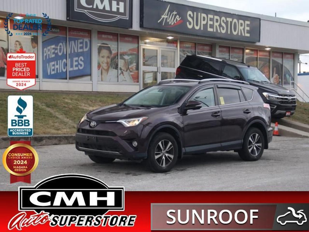 <b>ALL WHEEL DRIVE !! REAR CAMERA, LANE SENSING, ADAPTIVE RADAR CRUISE CONTROL, BLUETOOTH, TOUCH DISPLAY, AUXILIARY + USB PORTS, STEERING WHEEL CONTROLS, POWER DRIVER SEAT, HEATED SEATS, DUAL CLIMATE CONTROL, POWER LIFTGATE, 17-INCH ALLOY WHEELS</b><br>  <br>CMH certifies that all vehicles meet DOUBLE the Ministry standards for Brakes and Tires<br><br> <br>    This  2017 Toyota RAV4 is for sale today. <br> <br>The 2017 Toyota RAV4 is designed to help you make the most of every moment thanks to its responsive handling, striking sporty design, and a premium interior that features state-of-the art features. The dramatic and sporty exterior design will captivate you from headlamp to tail light. The spacious and versatile interior features premium materials and a long list of intuitive technologies for driver and passengers alike.This  SUV has 156,982 kms. Its  purple in colour  . It has an automatic transmission and is powered by a  176HP 2.5L 4 Cylinder Engine. <br> <br> Our RAV4s trim level is XLE. Generously equipped and well built, the 2017 Toyota RAV4 FWD LE comes standard with features such as upgraded aluminum wheels, power sunroof with sunshade, heated side mirrors with turn signal indicators, power tailgate, front fog lamps, power windows, power door locks, 6.1 inch audio display, Bluetooth, SIRI Eyes-Free, 6 speaker stereo, backup camera, heated front power bucket seats, roof rack rails, remote keyless entry, distance pacing cruise control, dual zone automatic air conditioning and a smart array of safety features such as forward and rear collision alert, blind spot sensor, lane keeping assist, lane departure warning and more.<br> <br>To apply right now for financing use this link : <a href=https://www.cmhniagara.com/financing/ target=_blank>https://www.cmhniagara.com/financing/</a><br><br> <br/><br>Trade-ins are welcome! Financing available OAC ! Price INCLUDES a valid safety certificate! Price INCLUDES a 60-day limited warranty on all vehicles except classic or vintage cars. CMH is a Full Disclosure dealer with no hidden fees. We are a family-owned and operated business for over 30 years! o~o