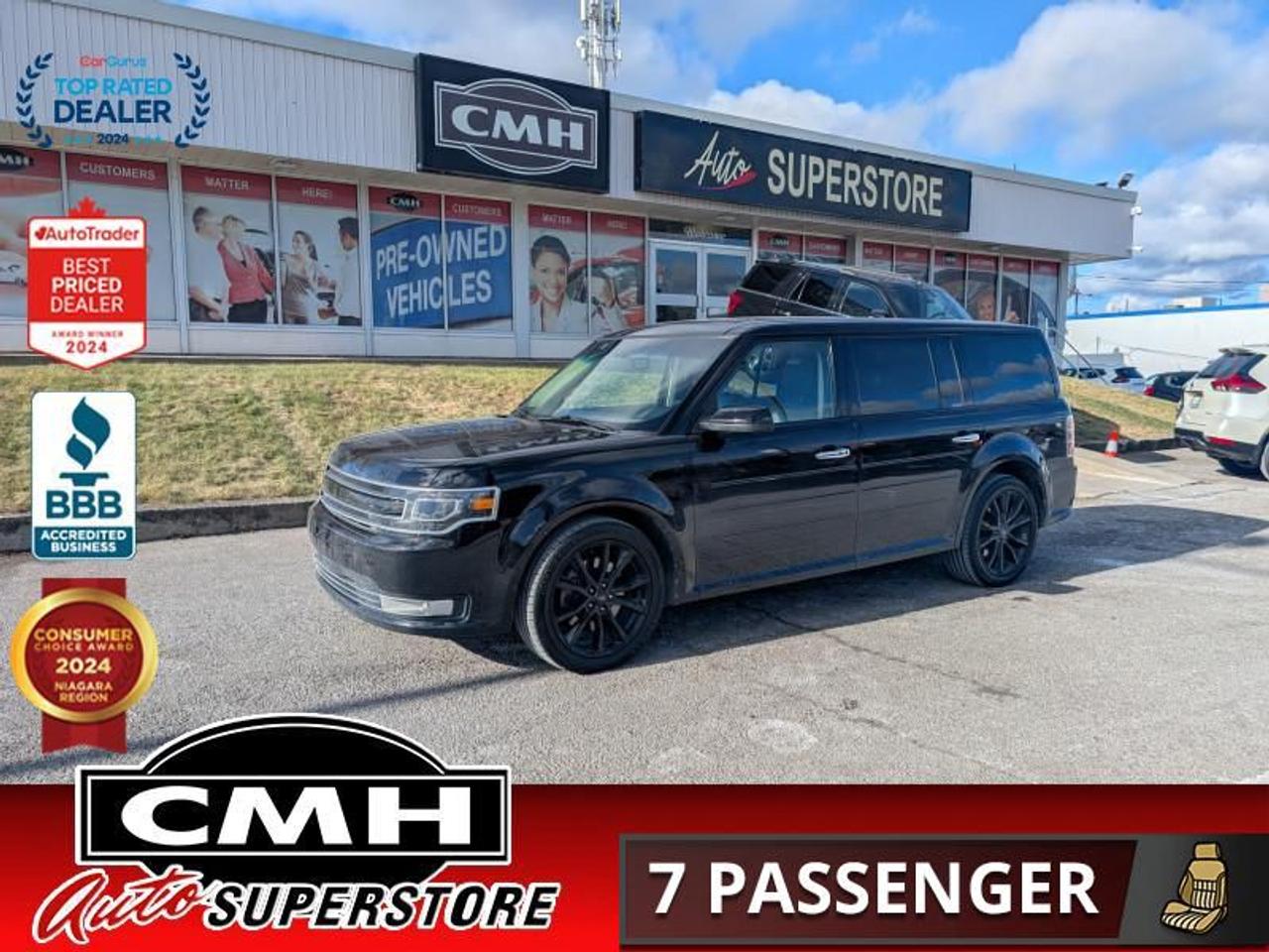 <b>APPEARANCE PACKAGE !! NAVIGATION, REAR CAMERA, PARKING SENSORS, CROSS TRAFFIC, BLIND SPOT, ADAPTIVE CRUISE, APPLE CARPLAY, PANORAMIC SUNROOF, LEATHER, POWER SEATS W/ DRIVER MEMORY,  HEATED SEATS, 7 PASSENGER, POWER LIFTGATE, 20-INCH ALLOYS<br> <br></b><br>  <br>CMH certifies that all vehicles meet DOUBLE the Ministry standards for Brakes and Tires<br><br> <br>    This  2019 Ford Flex is for sale today. <br> <br>The Ford Flex has a unique style, plenty of passenger room and excellent cargo area, with car-like handling that will make you wonder why wagons ever went out of style. With better fuel economy than a large SUV and more style than a traditional minivan, the uber functional Flex is a great choice for those who want an enjoyable driving experience from a versatile family vehicle. This  SUV has 100,212 kms. Its  black in colour  and is major accident free based on the <a href=https://vhr.carfax.ca/?id=fxCfU7xy53Zu5Fd9JkZ9tAkoOl2O2xIL target=_blank>CARFAX Report</a> . It has an automatic transmission and is powered by a  287HP 3.5L V6 Cylinder Engine. <br> <br> Our Flexs trim level is Limited AWD. Stepping up to this feature rich Flex Limited with all wheel drive is an excellent choice as it includes larger aluminum wheels, a useful power rear liftgate, chrome exterior accents, Fords Gen 3 SYNC infotainment system with a larger 8 inch touchscreen and streaming audio, power pedals with memory and a genuine leather steering wheel. It also comes with a reverse sensing system and blind spot detection, remote keyless entry with a proximity key and push button start, power heated seats, cruise control, dual zone climate control, Ford Co-Pilot360 and much more.<br> To view the original window sticker for this vehicle view this <a href=http://www.windowsticker.forddirect.com/windowsticker.pdf?vin=2FMHK6D82KBA09537 target=_blank>http://www.windowsticker.forddirect.com/windowsticker.pdf?vin=2FMHK6D82KBA09537</a>. <br/><br> <br>To apply right now for financing use this link : <a href=https://www.cmhniagara.com/financing/ target=_blank>https://www.cmhniagara.com/financing/</a><br><br> <br/><br>Trade-ins are welcome! Financing available OAC ! Price INCLUDES a valid safety certificate! Price INCLUDES a 60-day limited warranty on all vehicles except classic or vintage cars. CMH is a Full Disclosure dealer with no hidden fees. We are a family-owned and operated business for over 30 years! o~o