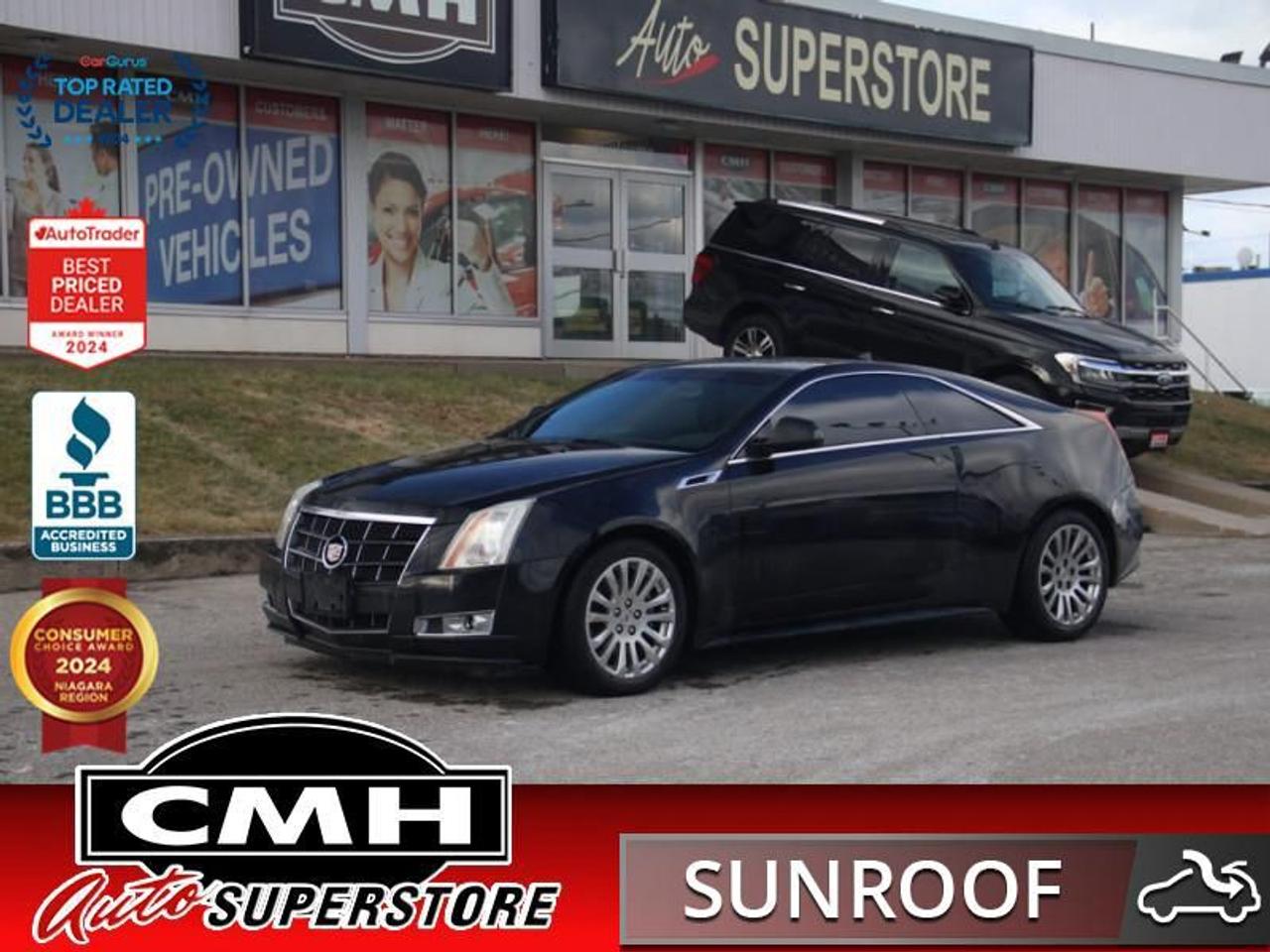 <b>GREAT SHAPE !! V6 !! NAVIGATION, REAR CAMERA, BLUETOOTH, STEERING WHEEL CONTROLS, CRUISE CONTROL, SUNROOF, LEATHER, POWER DRIVER SEATS W/ MEMORY, HEATED SEATS, DUAL CLIMATE CONTROL, REMOTE START, PROXIMITY KEY, 18-INCH ALLOY WHEELS<br></b><br>  <br>CMH certifies that all vehicles meet DOUBLE the Ministry standards for Brakes and Tires<br><br> <br>    This  2011 Cadillac CTS Coupe is for sale today. <br> <br>The Cadillac CTS Sedan is a standout among midsize luxury sport sedans. It blends the top quality materials and craftsmanship you expect to find in a Cadillac with the heart of a performance car. The Cadillac CTS has rightfully become a favorite among those who appreciate old school luxury blended with modern technology and style. This  coupe has 174,183 kms. Its  black in colour  and is completely accident free based on the <a href=https://vhr.carfax.ca/?id=zBa8N5SRL+EM/HO/QXR1sZDVf2sI+/p1 target=_blank>CARFAX Report</a> . It has an automatic transmission and is powered by a  304HP 3.6L V6 Cylinder Engine. <br> <br>To apply right now for financing use this link : <a href=https://www.cmhniagara.com/financing/ target=_blank>https://www.cmhniagara.com/financing/</a><br><br> <br/><br>Trade-ins are welcome! Financing available OAC ! Price INCLUDES a valid safety certificate! Price INCLUDES a 60-day limited warranty on all vehicles except classic or vintage cars. CMH is a Full Disclosure dealer with no hidden fees. We are a family-owned and operated business for over 30 years! o~o