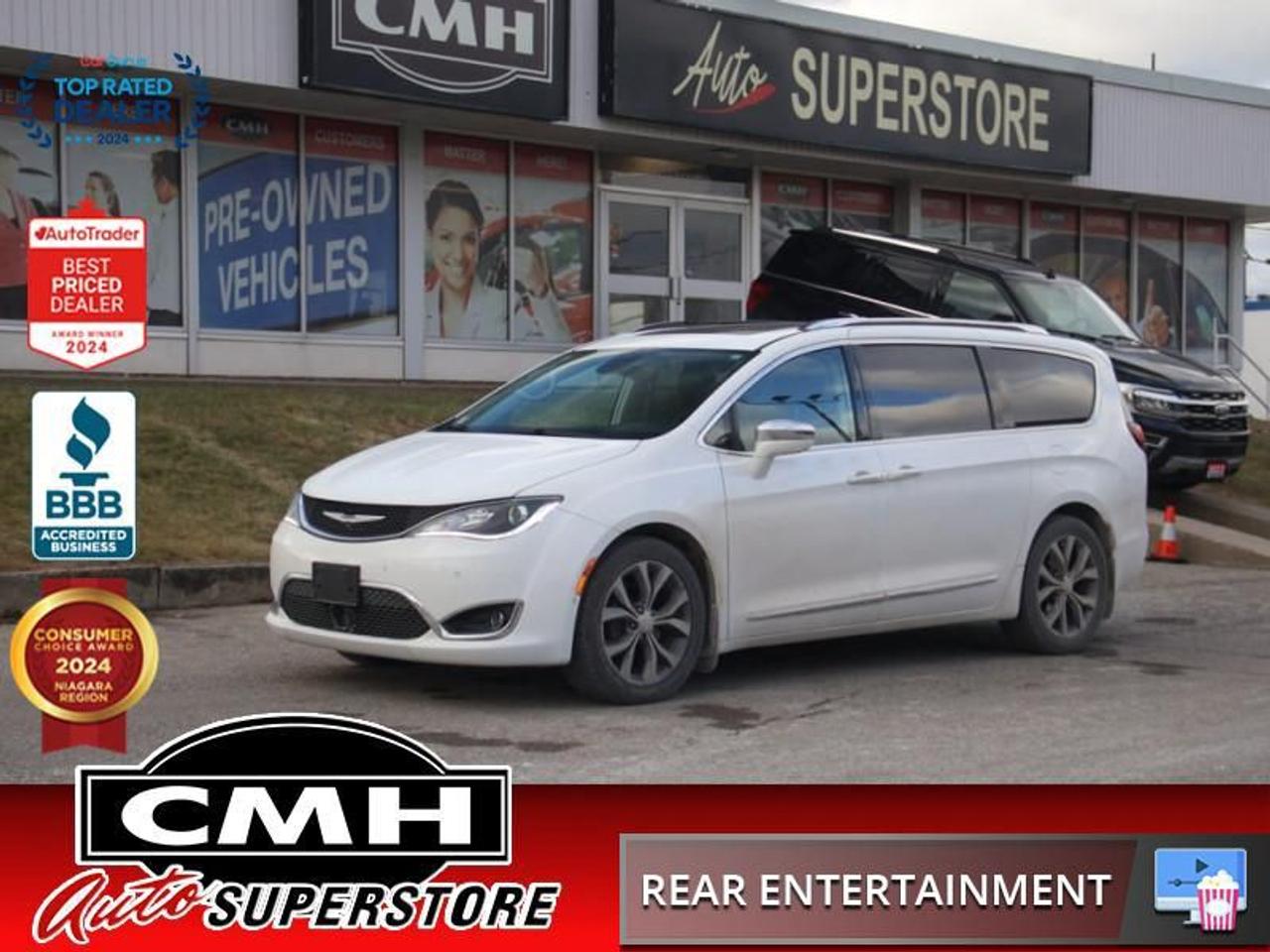 <b>LOADED !! NAVIGATION, 360 CAMERA, COLLISION SENSORS, LANE KEEP, ADAPTIVE CRUISE, PARALLEL PARK ASSIST, RAIN SENSING WIPERS, AUTO HIGH BEAM, DUAL DVD SCREENS, PANORAMIC SUNROOF, LEATHER, POWER SEATS, HEATED/COOLED SEATS, POWER SLIDERS, POWER LIFTGATE</b><br>  <br>CMH certifies that all vehicles meet DOUBLE the Ministry standards for Brakes and Tires<br><br> <br>    This  2019 Chrysler Pacifica is for sale today. <br> <br>Designed for the family on the go, this Chrysler Pacifica is loaded with clever, luxurious features that will make it feel like a second home on the road. Far more than your moms old minivan, this Pacifica will feel modern, sleek, and cool enough to still impress your neighbors. If you need a minivan for your growing family, but still want something that feels like a luxury sedan, then this Pacifica is for you.This  van has 173,300 kms. Its  white in colour  and is completely accident free based on the <a href=https://vhr.carfax.ca/?id=u6/gYoiYK2eecezcz6lwkZbCgf+MmSnt target=_blank>CARFAX Report</a> . It has an automatic transmission and is powered by a  287HP 3.6L V6 Cylinder Engine. <br> <br> Our Pacificas trim level is Limited. With outstanding luxury features like remote start, hands free power sliding doors and liftgate, 2 tone luxury steering wheel with audio and cruise control, rotary E-shift dial, customizable full color instrument display, auto dimming rear view mirror, leather seats, memory settings for driver seat with easy entry, heated and ventilated front seats, heated second row seats, 2nd and 3rd row Stow n Go seats with in floor storage, power folding 3rd row seats, triple pane sunroof, window shades, automatic tri-zone climate control, rear reading lamps, and overhead ambient lighting, this Limited Pacifica will feel like a second home. Making the drive easier and safer are automatic HID headlamps, LED taillamps, LED fog lights, power folding side mirrors with integrated turn signals and automatic adjusting in reverse, blind spot monitoring with rear cross traffic alert, rear view camera, and rear parking assistance with automatic braking. To make sure the family doesnt get bored on the long trip you get a premium Uconnect 4 infotainment system with navigation, a 7 inch touchscreen, Apple CarPlay and Android Auto compatibility, SiriusXM, Bluetooth hands free communication and streaming audio, USB and aux jack, and a premium 13 speaker Alpine sound system.<br> To view the original window sticker for this vehicle view this <a href=http://www.chrysler.com/hostd/windowsticker/getWindowStickerPdf.do?vin=2C4RC1GG7KR582226 target=_blank>http://www.chrysler.com/hostd/windowsticker/getWindowStickerPdf.do?vin=2C4RC1GG7KR582226</a>. <br/><br> <br>To apply right now for financing use this link : <a href=https://www.cmhniagara.com/financing/ target=_blank>https://www.cmhniagara.com/financing/</a><br><br> <br/><br>Trade-ins are welcome! Financing available OAC ! Price INCLUDES a valid safety certificate! Price INCLUDES a 60-day limited warranty on all vehicles except classic or vintage cars. CMH is a Full Disclosure dealer with no hidden fees. We are a family-owned and operated business for over 30 years! o~o