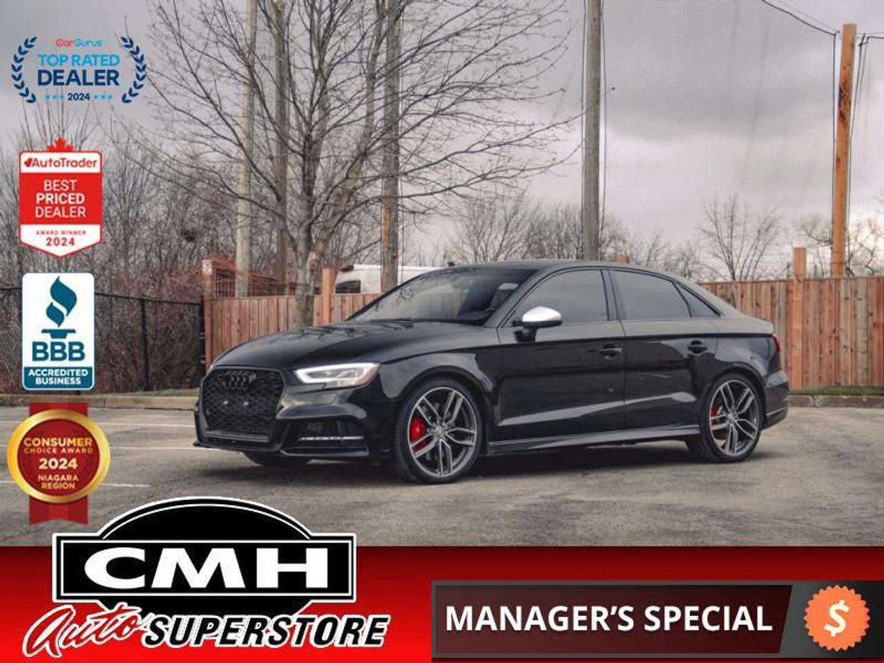 <b>SPORTY AWD !! REAR CAMERA, PARKING SENSORS, RAIN SENSING WIPERS, AUDI DRIVE SELECT, APPLE CARPLAY, ANDROID AUTO, PADDLE SHIFTERS, RED LEATHER, POWER SEATS, HEATED SEATS, DUAL CLIMATE CONTROL, PROXIMITY KEY, BUTTON START, 19-INCH ALLOY WHEELS</b><br>  <br>CMH certifies that all vehicles meet DOUBLE the Ministry standards for Brakes and Tires<br><br> <br>    This  2018 Audi S3 Sedan is for sale today. <br> <br>This  sedan has 128,638 kms. Its  black in colour  and is major accident free based on the <a href=https://vhr.carfax.ca/?id=vWmwRrCJ1ojKabp9ogCXVEQ6YUDr2oY1 target=_blank>CARFAX Report</a> . It has an automatic transmission and is powered by a  292HP 2.0L 4 Cylinder Engine. <br> <br>To apply right now for financing use this link : <a href=https://www.cmhniagara.com/financing/ target=_blank>https://www.cmhniagara.com/financing/</a><br><br> <br/><br>Trade-ins are welcome! Financing available OAC ! Price INCLUDES a valid safety certificate! Price INCLUDES a 60-day limited warranty on all vehicles except classic or vintage cars. CMH is a Full Disclosure dealer with no hidden fees. We are a family-owned and operated business for over 30 years! o~o