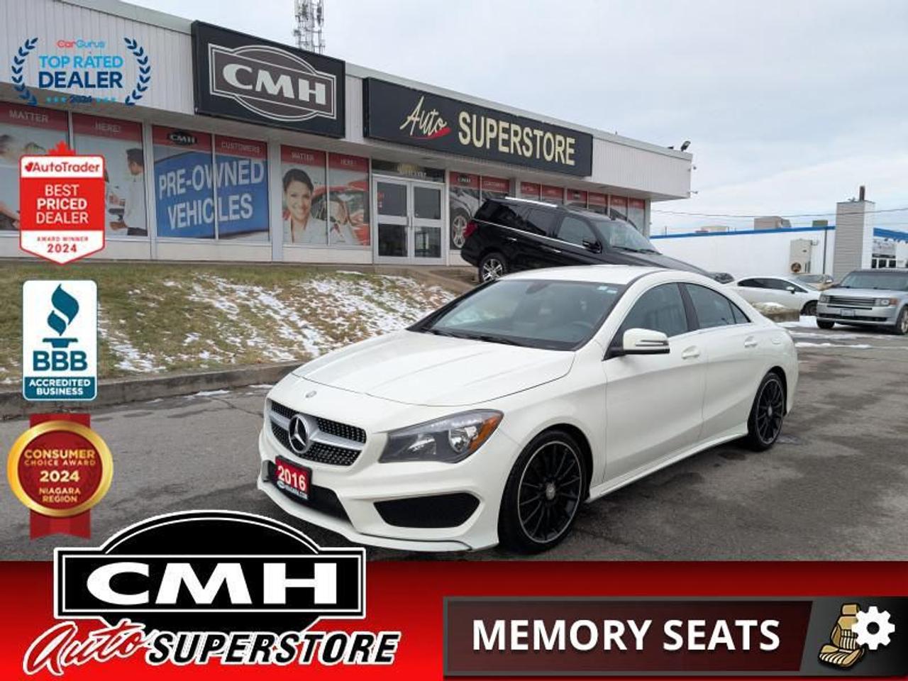 <b>4MATIC !! REAR CAMERA, COLLISION SENSORS, BLUETOOTH, PADDLE SHIFTERS, STEERING WHEEL CONTROLS, CRUISE CONTROL, LEATHER, POWER SEATS W/ 2X MEMORY, HEATED SEATS, CLIMATE CONTROL, 18-INCH BLACK ALLOY WHEEL</b><br>  <br>CMH certifies that all vehicles meet DOUBLE the Ministry standards for Brakes and Tires<br><br> <br>    This  2016 Mercedes-Benz CLA is for sale today. <br> <br>Quiet elegance defines the 2016 Mercedes-Benz CLA-Class. This model offers ample space for families while providing a coupe-like style that is sure to get noticed. Luxury features allow you to be relaxed and entertained for the ride. This  sedan has 140,252 kms. Its  white in colour  . It has an automatic transmission and is powered by a   2.0L 4 Cylinder Engine. <br> <br> Our CLAs trim level is 250 4MATIC. This Mercedes Benz CLA 250 4MATIC is fitted with a technologically advanced full time all wheel drive system capable of tackling any type of road condition. Standard options include an eco start-stop function, elegant aluminum wheels, rear fog lamps, an 8 speaker stereo with Bluetooth connectivity, power adjustable front seats with heating and Artico leather upholstery, a multi-functional leather and metal look steering wheel, push button start, remote keyless entry with illuminated entry, dual zone automatic air conditioning, forward collision prevention, power door locks with auto-lock and much more.<br> <br>To apply right now for financing use this link : <a href=https://www.cmhniagara.com/financing/ target=_blank>https://www.cmhniagara.com/financing/</a><br><br> <br/><br>Trade-ins are welcome! Financing available OAC ! Price INCLUDES a valid safety certificate! Price INCLUDES a 60-day limited warranty on all vehicles except classic or vintage cars. CMH is a Full Disclosure dealer with no hidden fees. We are a family-owned and operated business for over 30 years! o~o