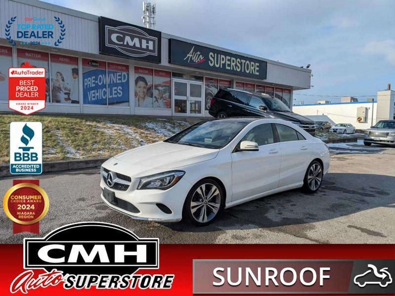 <b>4MATIC !! 1 OWNER !! REAR CAMERA, BLIND SPOT, COLLISION SENSORS, BLUETOOTH, PADDLE SHIFTERS, STEERING WHEEL CONTROLS, PANORAMIC SUNROOF, LEATHER, POWER SEATS W/ DRIVER MEMORY, HEATED SEATS, DUAL CLIMATE CONTROL, BUTTON START, 18-INCH ALLOY WHEELS</b><br>  <br>CMH certifies that all vehicles meet DOUBLE the Ministry standards for Brakes and Tires<br><br> <br>    This  2018 Mercedes-Benz CLA is for sale today. <br> <br>Sleek, taut and exceptionally aerodynamic, the CLAs flowing curves are enticing from every angle. Frameless door glass, expressive sculpting and a confident stance define it as a true and truly modern Mercedes-Benz coupe. Four doors and a surprisingly roomy trunk make it a dream car you can enjoy every day.This  sedan has 129,071 kms. Its  white in colour  and is completely accident free based on the <a href=https://vhr.carfax.ca/?id=YRrnLeuIus7bMuq/RcE7JTpns94MfYd6 target=_blank>CARFAX Report</a> . It has an automatic transmission and is powered by a  208HP 2.0L 4 Cylinder Engine. <br> <br> Our CLAs trim level is 250 4MATIC Coupe. This beautifully sculpted CLA the added safety of Mercedes-Benz 4MATIC all-wheel drive. Options and features include comfort ride suspension, rear fog lamps, an 8 speaker stereo with a 7 inch display, power adjustable front heated seats upholstered in Artico leather, leather and metal multi-functional steering wheel, dual zone automatic climate control, remote key-less entry with four door illuminated entry, forward collision warning with brake assist, child-seat sensors, a rear view camera and much more.<br> <br>To apply right now for financing use this link : <a href=https://www.cmhniagara.com/financing/ target=_blank>https://www.cmhniagara.com/financing/</a><br><br> <br/><br>Trade-ins are welcome! Financing available OAC ! Price INCLUDES a valid safety certificate! Price INCLUDES a 60-day limited warranty on all vehicles except classic or vintage cars. CMH is a Full Disclosure dealer with no hidden fees. We are a family-owned and operated business for over 30 years! o~o