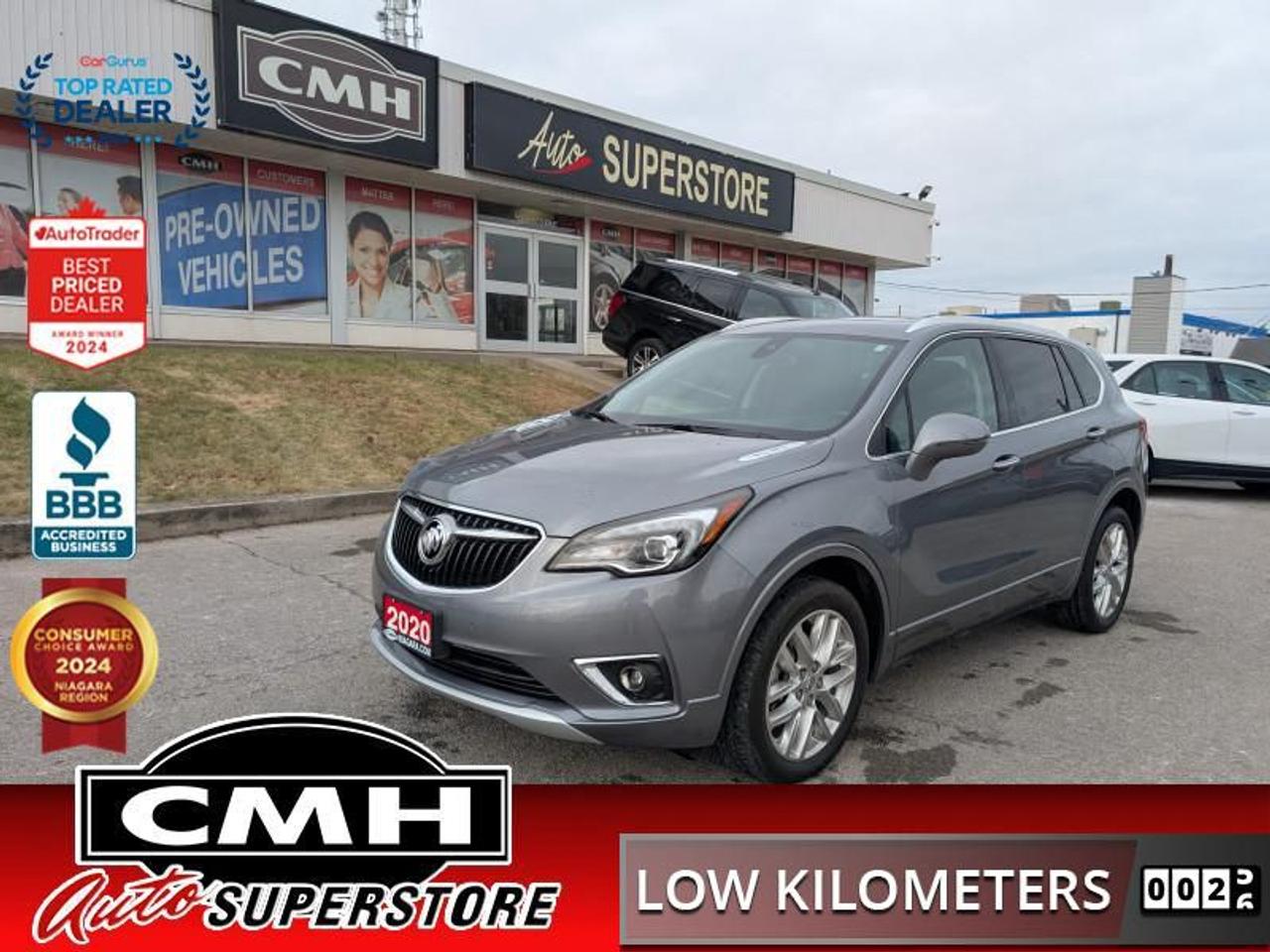 <b>Low Mileage!<br> <br></b><br>  <br>CMH certifies that all vehicles meet DOUBLE the Ministry standards for Brakes and Tires<br><br> <br>    This  2020 Buick Envision is for sale today. <br> <br>Your sense of luxury has been set in motion with this 2020 Buick Envision. Responsive performance, intelligent innovations, and a thoughtfully crafted interior ensure that this Envision is a joy to drive, and a joy to share. For the next step in luxury crossovers, look no further than this 2020 Buick Envision. This low mileage  SUV has just 31,521 kms. Its  gray in colour  . It has an automatic transmission and is powered by a  252HP 2.0L 4 Cylinder Engine. <br> <br> Our Envisions trim level is Premium. This Premium Envision is loaded with a lot of awesome goodies like lane keep assist with lane departure warning, following distance indicator, forward collision alert, front and rear parking assistance, vibrating safety alert seat, Bose premium sound system, automatic rain sensing wipers, dual exhaust outlet, electronic locking rear differential, LED headlamps, and a 110V outlet. This SUV also has leather seats, memory driver seat, blind spot monitoring with lane change alert, customizable Driver Information Centre, remote start, hands free power liftgate, 4G WiFi, heated steering wheel, heated seats, active noise cancellation, Buick Connected Access with OnStar capability, hands free keyless open, leather steering wheel with audio and cruise controls, ambient interior lighting, one touch flat folding rear seat, Teen Driver technology, 8 inch touchscreen, Apple CarPlay, Android Auto, Bluetooth, and SiriusXM.<br> <br>To apply right now for financing use this link : <a href=https://www.cmhniagara.com/financing/ target=_blank>https://www.cmhniagara.com/financing/</a><br><br> <br/><br>Trade-ins are welcome! Financing available OAC ! Price INCLUDES a valid safety certificate! Price INCLUDES a 60-day limited warranty on all vehicles except classic or vintage cars. CMH is a Full Disclosure dealer with no hidden fees. We are a family-owned and operated business for over 30 years! o~o